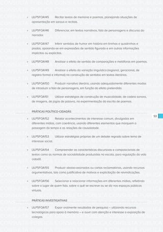 CONSULTA PÚBLICA CONSULTA PÚBLICA CONSULTA PÚBLICA
CONSULTA PÚBLICA CONSULTA PÚBLICA CONSULTA PÚBLICA
CONSULTA PÚBLICA CONSULTA PÚBLICA CONSULTA PÚBLICA
CONSULTA PÚBLICA CONSULTA PÚBLICA CONSULTA PÚBLICA
CONSULTA PÚBLICA CONSULTA PÚBLICA CONSULTA PÚBLICA
CONSULTA PÚBLICA CONSULTA PÚBLICA CONSULTA PÚBLICA
CONSULTA PÚBLICA CONSULTA PÚBLICA CONSULTA PÚBLICA
CONSULTA PÚBLICA CONSULTA PÚBLICA CONSULTA PÚBLICA
CONSULTA PÚBLICA CONSULTA PÚBLICA CONSULTA PÚBLICA
CONSULTA PÚBLICA CONSULTA PÚBLICA CONSULTA PÚBLICA
CONSULTA PÚBLICA CONSULTA PÚBLICA CONSULTA PÚBLICA
CONSULTA PÚBLICA CONSULTA PÚBLICA CONSULTA PÚBLICA
CONSULTA PÚBLICA CONSULTA PÚBLICA CONSULTA PÚBLICA
CONSULTA PÚBLICA CONSULTA PÚBLICA CONSULTA PÚBLICA
CONSULTA PÚBLICA CONSULTA PÚBLICA CONSULTA PÚBLICA
CONSULTA PÚBLICA CONSULTA PÚBLICA CONSULTA PÚBLICA
CONSULTA PÚBLICA CONSULTA PÚBLICA CONSULTA PÚBLICA
CONSULTA PÚBLICA CONSULTA PÚBLICA CONSULTA PÚBLICA
CONSULTA PÚBLICA CONSULTA PÚBLICA CONSULTA PÚBLICA
CONSULTA PÚBLICA CONSULTA PÚBLICA CONSULTA PÚBLICA
CONSULTA PÚBLICA CONSULTA PÚBLICA CONSULTA PÚBLICA
CONSULTA PÚBLICA CONSULTA PÚBLICA CONSULTA PÚBLICA
CONSULTA PÚBLICA CONSULTA PÚBLICA CONSULTA PÚBLICA
CONSULTA PÚBLICA CONSULTA PÚBLICA CONSULTA PÚBLICA
CONSULTA PÚBLICA CONSULTA PÚBLICA CONSULTA PÚBLICA
CONSULTA PÚBLICA CONSULTA PÚBLICA CONSULTA PÚBLICA
CONSULTA PÚBLICA CONSULTA PÚBLICA CONSULTA PÚBLICA
CONSULTA PÚBLICA CONSULTA PÚBLICA CONSULTA PÚBLICA
CONSULTA PÚBLICA CONSULTA PÚBLICA CONSULTA PÚBLICA
CONSULTA PÚBLICA CONSULTA PÚBLICA CONSULTA PÚBLICA
CONSULTA PÚBLICA CONSULTA PÚBLICA CONSULTA PÚBLICA
CONSULTA PÚBLICA CONSULTA PÚBLICA CONSULTA PÚBLICA
CONSULTA PÚBLICA CONSULTA PÚBLICA CONSULTA PÚBLICA
CONSULTA PÚBLICA CONSULTA PÚBLICA CONSULTA PÚBLICA
53
»» LILP5FOA145	 Recitar textos de memória e poemas, planejando situações de
apresentação em saraus e recitais.
»» LILP5FOA146	 Diferenciar, em textos narrativos, fala de personagens e discurso do
narrador.
»» LILP5FOA147	 Inferir sentidos de humor em história em tirinhas e quadrinhos e
piadas, apoiando-se em expressões de sentido figurado e em outras informações
implícitas ou explícitas.
»» LILP5FOA148	 Analisar o efeito de sentido de comparações e metáforas em poemas.
»» LILP5FOA149	 Analisar o efeito da variação linguística (regional, geracional, de
registro formal e informal) na construção de sentidos em textos literários.
»» LILP5FOA150	 Produzir narrativa literária, usando adequadamente diferentes modos
de introduzir a fala de personagens, em função do efeito pretendido.
»» LILP5FOA151	 Utilizar estratégias de construção de musicalidade, de cadeia sonora,
de imagens, de jogos de palavra, na experimentação da escrita de poemas.
PRÁTICAS POLÍTICO-CIDADÃS
»» LILP5FOA152	 Relatar acontecimentos de interesse comum, divulgados em
diferentes mídias, com coerência, usando diferentes elementos que marquem a
passagem do tempo e as relações de causalidade.
»» LILP5FOA153 	 Utilizar estratégias próprias de um debate regrado sobre tema de
interesse social.
»» LILP5FOA154	 Compreender as características discursivas e composicionais de
textos como as normas de sociabilidade produzidas na escola, para regulação da vida
cidadã.
»» LILP5FOA155	 Produzir abaixo-assinados ou cartas reclamatórias, usando recursos 	
argumentativos, tais como justificativa de motivos e explicitação de reivindicações.
»» LILP5FOA156	 Selecionar e relacionar informações em diferentes mídias, refletindo
sobre o lugar de quem fala, sobre o quê se escreve ou se diz nos espaços públicos
virtuais.
PRÁTICAS INVESTIGATIVAS
»» LILP5FOA157	 Expor oralmente resultados de pesquisa – utilizando recursos
tecnológicos para apoio à memória – e ouvir com atenção e interesse a exposição de
colegas.
 