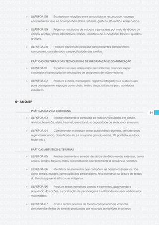 CONSULTA PÚBLICA CONSULTA PÚBLICA CONSULTA PÚBLICA
CONSULTA PÚBLICA CONSULTA PÚBLICA CONSULTA PÚBLICA
CONSULTA PÚBLICA CONSULTA PÚBLICA CONSULTA PÚBLICA
CONSULTA PÚBLICA CONSULTA PÚBLICA CONSULTA PÚBLICA
CONSULTA PÚBLICA CONSULTA PÚBLICA CONSULTA PÚBLICA
CONSULTA PÚBLICA CONSULTA PÚBLICA CONSULTA PÚBLICA
CONSULTA PÚBLICA CONSULTA PÚBLICA CONSULTA PÚBLICA
CONSULTA PÚBLICA CONSULTA PÚBLICA CONSULTA PÚBLICA
CONSULTA PÚBLICA CONSULTA PÚBLICA CONSULTA PÚBLICA
CONSULTA PÚBLICA CONSULTA PÚBLICA CONSULTA PÚBLICA
CONSULTA PÚBLICA CONSULTA PÚBLICA CONSULTA PÚBLICA
CONSULTA PÚBLICA CONSULTA PÚBLICA CONSULTA PÚBLICA
CONSULTA PÚBLICA CONSULTA PÚBLICA CONSULTA PÚBLICA
CONSULTA PÚBLICA CONSULTA PÚBLICA CONSULTA PÚBLICA
CONSULTA PÚBLICA CONSULTA PÚBLICA CONSULTA PÚBLICA
CONSULTA PÚBLICA CONSULTA PÚBLICA CONSULTA PÚBLICA
CONSULTA PÚBLICA CONSULTA PÚBLICA CONSULTA PÚBLICA
CONSULTA PÚBLICA CONSULTA PÚBLICA CONSULTA PÚBLICA
CONSULTA PÚBLICA CONSULTA PÚBLICA CONSULTA PÚBLICA
CONSULTA PÚBLICA CONSULTA PÚBLICA CONSULTA PÚBLICA
CONSULTA PÚBLICA CONSULTA PÚBLICA CONSULTA PÚBLICA
CONSULTA PÚBLICA CONSULTA PÚBLICA CONSULTA PÚBLICA
CONSULTA PÚBLICA CONSULTA PÚBLICA CONSULTA PÚBLICA
CONSULTA PÚBLICA CONSULTA PÚBLICA CONSULTA PÚBLICA
CONSULTA PÚBLICA CONSULTA PÚBLICA CONSULTA PÚBLICA
CONSULTA PÚBLICA CONSULTA PÚBLICA CONSULTA PÚBLICA
CONSULTA PÚBLICA CONSULTA PÚBLICA CONSULTA PÚBLICA
CONSULTA PÚBLICA CONSULTA PÚBLICA CONSULTA PÚBLICA
CONSULTA PÚBLICA CONSULTA PÚBLICA CONSULTA PÚBLICA
CONSULTA PÚBLICA CONSULTA PÚBLICA CONSULTA PÚBLICA
CONSULTA PÚBLICA CONSULTA PÚBLICA CONSULTA PÚBLICA
CONSULTA PÚBLICA CONSULTA PÚBLICA CONSULTA PÚBLICA
CONSULTA PÚBLICA CONSULTA PÚBLICA CONSULTA PÚBLICA
CONSULTA PÚBLICA CONSULTA PÚBLICA CONSULTA PÚBLICA
54
»» LILP5FOA158	 Estabelecer relações entre textos lidos e recursos de natureza
complementar que os acompanham (fotos, tabelas, gráficos, desenhos, entre outros).
»» LILP5FOA159	 Registrar resultados de estudos e pesquisas por meio de diários de
campo, relatos, fichas informativas, mapas, relatórios de experiência, tabelas, quadros,
gráficos.
»» LILP5FOA160	 Produzir roteiros de pesquisa para diferentes componentes
curriculares, considerando a especificidade das tarefas.
PRÁTICAS CULTURAIS DAS TECNOLOGIAS DE INFORMAÇÃO E COMUNICAÇÃO
»» LILP5FOA161	 Escolher recursos adequados para informar, anunciar, expor
conteúdos na produção de simulações de programas de telejornalismo.
»» LILP5FOA162	 Produzir e-mails, mensagens, registros fotográficos e audiovisuais
para postagem em espaços como chats, twitter, blogs, utilizados para atividades
escolares.
6º ANO/EF
PRÁTICAS DA VIDA COTIDIANA
»» LILP6FOA163	 Relatar oralmente o conteúdo de notícias veiculadas em jornais,
revistas, televisão, rádio, Internet, exercitando a capacidade de selecionar e resumir.
»» LILP6FOA164	 Compreender e produzir textos publicitários diversos, considerando
o gênero (anúncio, classificado etc.) e o suporte (jornal, revista, TV, panfleto, outdoor,
folder etc.).
PRÁTICAS ARTÍSTICO-LITERÁRIAS
»» LILP6FOA165	 Relatar oralmente o enredo de obras literárias menos extensas, como
contos, lendas, fábulas, mitos, reconstituindo coerentemente a sequência narrativa.
»» LILP6FOA166	 Identificar os elementos que compõem as narrativas literárias, tais
como tempo, espaço, construção dos personagens, foco narrativo, na leitura de textos
da literatura juvenil, africana e indígenas.
»» LILP6FOA166	 Produzir textos narrativos coesos e coerentes, observando a
sequência das ações, a construção de personagens e utilizando recursos verbais e/ou
multimodais.
»» LILP6FOA167	 Criar e recitar poemas de formas composicionais variadas,
percebendo efeitos de sentido produzidos por recursos semânticos e sonoros.
 
