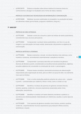 CONSULTA PÚBLICA CONSULTA PÚBLICA CONSULTA PÚBLICA
CONSULTA PÚBLICA CONSULTA PÚBLICA CONSULTA PÚBLICA
CONSULTA PÚBLICA CONSULTA PÚBLICA CONSULTA PÚBLICA
CONSULTA PÚBLICA CONSULTA PÚBLICA CONSULTA PÚBLICA
CONSULTA PÚBLICA CONSULTA PÚBLICA CONSULTA PÚBLICA
CONSULTA PÚBLICA CONSULTA PÚBLICA CONSULTA PÚBLICA
CONSULTA PÚBLICA CONSULTA PÚBLICA CONSULTA PÚBLICA
CONSULTA PÚBLICA CONSULTA PÚBLICA CONSULTA PÚBLICA
CONSULTA PÚBLICA CONSULTA PÚBLICA CONSULTA PÚBLICA
CONSULTA PÚBLICA CONSULTA PÚBLICA CONSULTA PÚBLICA
CONSULTA PÚBLICA CONSULTA PÚBLICA CONSULTA PÚBLICA
CONSULTA PÚBLICA CONSULTA PÚBLICA CONSULTA PÚBLICA
CONSULTA PÚBLICA CONSULTA PÚBLICA CONSULTA PÚBLICA
CONSULTA PÚBLICA CONSULTA PÚBLICA CONSULTA PÚBLICA
CONSULTA PÚBLICA CONSULTA PÚBLICA CONSULTA PÚBLICA
CONSULTA PÚBLICA CONSULTA PÚBLICA CONSULTA PÚBLICA
CONSULTA PÚBLICA CONSULTA PÚBLICA CONSULTA PÚBLICA
CONSULTA PÚBLICA CONSULTA PÚBLICA CONSULTA PÚBLICA
CONSULTA PÚBLICA CONSULTA PÚBLICA CONSULTA PÚBLICA
CONSULTA PÚBLICA CONSULTA PÚBLICA CONSULTA PÚBLICA
CONSULTA PÚBLICA CONSULTA PÚBLICA CONSULTA PÚBLICA
CONSULTA PÚBLICA CONSULTA PÚBLICA CONSULTA PÚBLICA
CONSULTA PÚBLICA CONSULTA PÚBLICA CONSULTA PÚBLICA
CONSULTA PÚBLICA CONSULTA PÚBLICA CONSULTA PÚBLICA
CONSULTA PÚBLICA CONSULTA PÚBLICA CONSULTA PÚBLICA
CONSULTA PÚBLICA CONSULTA PÚBLICA CONSULTA PÚBLICA
CONSULTA PÚBLICA CONSULTA PÚBLICA CONSULTA PÚBLICA
CONSULTA PÚBLICA CONSULTA PÚBLICA CONSULTA PÚBLICA
CONSULTA PÚBLICA CONSULTA PÚBLICA CONSULTA PÚBLICA
CONSULTA PÚBLICA CONSULTA PÚBLICA CONSULTA PÚBLICA
CONSULTA PÚBLICA CONSULTA PÚBLICA CONSULTA PÚBLICA
CONSULTA PÚBLICA CONSULTA PÚBLICA CONSULTA PÚBLICA
CONSULTA PÚBLICA CONSULTA PÚBLICA CONSULTA PÚBLICA
CONSULTA PÚBLICA CONSULTA PÚBLICA CONSULTA PÚBLICA
56
»» LILP6FOA179	 Elaborar enquetes sobre temas relativos às diversas áreas do
conhecimento e divulgar os resultados sob a forma de listas e tabelas.
PRÁTICAS CULTURAIS DAS TECNOLOGIAS DE INFORMAÇÃO E COMUNICAÇÃO
»» LILP6FOA180	 Mobilizar recursos multimodais na recepção e na produção de textos
em diferentes mídias (jornal falado, programa radiofônico, blog etc.).
7º ANO/EF
PRÁTICAS DA VIDA COTIDIANA
»» LILP7FOA181	 Debater o tema do consumo a partir de análise de textos publicitários,
considerando seus recursos persuasivos.
»» LILP7FOA182	 Compreender e produzir textos publicitários, com foco no uso da
imagem e sua articulação com texto verbal, observando criticamente os objetivos da
comunicação.
PRÁTICAS ARTÍSTICO-LITERÁRIAS
»» LILP7FOA183	 Relatar oralmente o enredo de obras literárias mais extensas, como
novelas e romances, reconstituindo coerentemente a sequência narrativa.
»» LILP7FOA184	 Compreender o processo descritivo em narrativas de gêneros
diversos da literatura juvenil, considerando as escolhas lexicais (substantivos, adjetivos,
locuções adjetivas etc.) envolvidas na construção de cenas e personagens.
»» LILP7FOA185	 Produzir textos narrativos, dominando processos de referenciação
responsáveis pela organização do texto, para se referir ao que já foi dito e ao elemento
novo que se introduz.
»» LILP7FOA186	 Criar e recitar produções poéticas próprias da cultura oral – popular
e juvenil – caracterizadas por cadência, ritmos e rimas, como o cordel e o rap.
»» LILP7FOA187	 Identificar, na leitura de poemas em gêneros variados (haicais,
sonetos, quadras, cordel etc.), recursos expressivos propiciados pelas rimas,
aliterações, assonâncias.
»» LILP7FOA188	 Identificar e analisar, em textos literários narrativos e poéticos, a
ocorrência da intertextualidade materializada em referências, alusões e outros tipos de
retomadas.
»» LILP7FOA189	 Criar poemas de gêneros variados como haicais, sonetos, quadras,
cordel etc., experimentando recursos expressivos que produzam efeitos sonoros,
semânticos e visuais.
 