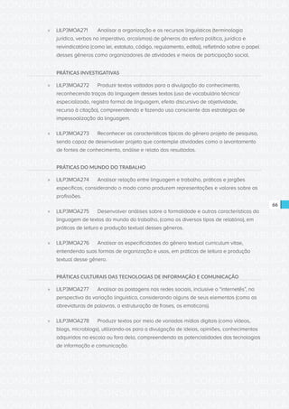 CONSULTA PÚBLICA CONSULTA PÚBLICA CONSULTA PÚBLICA
CONSULTA PÚBLICA CONSULTA PÚBLICA CONSULTA PÚBLICA
CONSULTA PÚBLICA CONSULTA PÚBLICA CONSULTA PÚBLICA
CONSULTA PÚBLICA CONSULTA PÚBLICA CONSULTA PÚBLICA
CONSULTA PÚBLICA CONSULTA PÚBLICA CONSULTA PÚBLICA
CONSULTA PÚBLICA CONSULTA PÚBLICA CONSULTA PÚBLICA
CONSULTA PÚBLICA CONSULTA PÚBLICA CONSULTA PÚBLICA
CONSULTA PÚBLICA CONSULTA PÚBLICA CONSULTA PÚBLICA
CONSULTA PÚBLICA CONSULTA PÚBLICA CONSULTA PÚBLICA
CONSULTA PÚBLICA CONSULTA PÚBLICA CONSULTA PÚBLICA
CONSULTA PÚBLICA CONSULTA PÚBLICA CONSULTA PÚBLICA
CONSULTA PÚBLICA CONSULTA PÚBLICA CONSULTA PÚBLICA
CONSULTA PÚBLICA CONSULTA PÚBLICA CONSULTA PÚBLICA
CONSULTA PÚBLICA CONSULTA PÚBLICA CONSULTA PÚBLICA
CONSULTA PÚBLICA CONSULTA PÚBLICA CONSULTA PÚBLICA
CONSULTA PÚBLICA CONSULTA PÚBLICA CONSULTA PÚBLICA
CONSULTA PÚBLICA CONSULTA PÚBLICA CONSULTA PÚBLICA
CONSULTA PÚBLICA CONSULTA PÚBLICA CONSULTA PÚBLICA
CONSULTA PÚBLICA CONSULTA PÚBLICA CONSULTA PÚBLICA
CONSULTA PÚBLICA CONSULTA PÚBLICA CONSULTA PÚBLICA
CONSULTA PÚBLICA CONSULTA PÚBLICA CONSULTA PÚBLICA
CONSULTA PÚBLICA CONSULTA PÚBLICA CONSULTA PÚBLICA
CONSULTA PÚBLICA CONSULTA PÚBLICA CONSULTA PÚBLICA
CONSULTA PÚBLICA CONSULTA PÚBLICA CONSULTA PÚBLICA
CONSULTA PÚBLICA CONSULTA PÚBLICA CONSULTA PÚBLICA
CONSULTA PÚBLICA CONSULTA PÚBLICA CONSULTA PÚBLICA
CONSULTA PÚBLICA CONSULTA PÚBLICA CONSULTA PÚBLICA
CONSULTA PÚBLICA CONSULTA PÚBLICA CONSULTA PÚBLICA
CONSULTA PÚBLICA CONSULTA PÚBLICA CONSULTA PÚBLICA
CONSULTA PÚBLICA CONSULTA PÚBLICA CONSULTA PÚBLICA
CONSULTA PÚBLICA CONSULTA PÚBLICA CONSULTA PÚBLICA
CONSULTA PÚBLICA CONSULTA PÚBLICA CONSULTA PÚBLICA
CONSULTA PÚBLICA CONSULTA PÚBLICA CONSULTA PÚBLICA
CONSULTA PÚBLICA CONSULTA PÚBLICA CONSULTA PÚBLICA
66
»» LILP3MOA271	 Analisar a organização e os recursos linguísticos (terminologia
jurídica, verbos no imperativo, arcaísmos) de gêneros da esfera política, jurídica e
reivindicatória (como lei, estatuto, código, regulamento, edital), refletindo sobre o papel
desses gêneros como organizadores de atividades e meios de participação social.
PRÁTICAS INVESTIGATIVAS
»» LILP3MOA272	 Produzir textos voltados para a divulgação do conhecimento,
reconhecendo traços da linguagem desses textos (uso de vocabulário técnico/
especializado, registro formal de linguagem, efeito discursivo de objetividade,
recurso à citação), compreendendo e fazendo uso consciente das estratégias de
impessoalização da linguagem.
»» LILP3MOA273	 Reconhecer as características típicas do gênero projeto de pesquisa,
sendo capaz de desenvolver projeto que contemple atividades como o levantamento
de fontes de conhecimento, análise e relato dos resultados.
PRÁTICAS DO MUNDO DO TRABALHO
»» LILP3MOA274	 Analisar relação entre linguagem e trabalho, práticas e jargões
específicos, considerando o modo como produzem representações e valores sobre as
profissões.
»» LILP3MOA275	 Desenvolver análises sobre a formalidade e outras características da
linguagem de textos do mundo do trabalho, (como os diversos tipos de relatório), em
práticas de leitura e produção textual desses gêneros.
»» LILP3MOA276	 Analisar as especificidades do gênero textual curriculum vitae,
entendendo suas formas de organização e usos, em práticas de leitura e produção
textual desse gênero.
PRÁTICAS CULTURAIS DAS TECNOLOGIAS DE INFORMAÇÃO E COMUNICAÇÃO
»» LILP3MOA277	 Analisar as postagens nas redes sociais, inclusive o “internetês”, na
perspectiva da variação linguística, considerando alguns de seus elementos (como as
abreviaturas de palavras, a estruturação de frases, os emoticons).
»» LILP3MOA278	 Produzir textos por meio de variadas mídias digitais (como vídeos,
blogs, microblogs), utilizando-os para a divulgação de ideias, opiniões, conhecimentos
adquiridos na escola ou fora dela, compreendendo as potencialidades das tecnologias
de informação e comunicação.
 