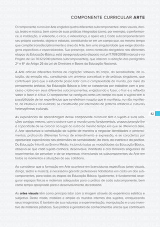 CONSULTA PÚBLICA CONSULTA PÚBLICA CONSULTA PÚBLICA
CONSULTA PÚBLICA CONSULTA PÚBLICA CONSULTA PÚBLICA
CONSULTA PÚBLICA CONSULTA PÚBLICA CONSULTA PÚBLICA
CONSULTA PÚBLICA CONSULTA PÚBLICA CONSULTA PÚBLICA
CONSULTA PÚBLICA CONSULTA PÚBLICA CONSULTA PÚBLICA
CONSULTA PÚBLICA CONSULTA PÚBLICA CONSULTA PÚBLICA
CONSULTA PÚBLICA CONSULTA PÚBLICA CONSULTA PÚBLICA
CONSULTA PÚBLICA CONSULTA PÚBLICA CONSULTA PÚBLICA
CONSULTA PÚBLICA CONSULTA PÚBLICA CONSULTA PÚBLICA
CONSULTA PÚBLICA CONSULTA PÚBLICA CONSULTA PÚBLICA
CONSULTA PÚBLICA CONSULTA PÚBLICA CONSULTA PÚBLICA
CONSULTA PÚBLICA CONSULTA PÚBLICA CONSULTA PÚBLICA
CONSULTA PÚBLICA CONSULTA PÚBLICA CONSULTA PÚBLICA
CONSULTA PÚBLICA CONSULTA PÚBLICA CONSULTA PÚBLICA
CONSULTA PÚBLICA CONSULTA PÚBLICA CONSULTA PÚBLICA
CONSULTA PÚBLICA CONSULTA PÚBLICA CONSULTA PÚBLICA
CONSULTA PÚBLICA CONSULTA PÚBLICA CONSULTA PÚBLICA
CONSULTA PÚBLICA CONSULTA PÚBLICA CONSULTA PÚBLICA
CONSULTA PÚBLICA CONSULTA PÚBLICA CONSULTA PÚBLICA
CONSULTA PÚBLICA CONSULTA PÚBLICA CONSULTA PÚBLICA
CONSULTA PÚBLICA CONSULTA PÚBLICA CONSULTA PÚBLICA
CONSULTA PÚBLICA CONSULTA PÚBLICA CONSULTA PÚBLICA
CONSULTA PÚBLICA CONSULTA PÚBLICA CONSULTA PÚBLICA
CONSULTA PÚBLICA CONSULTA PÚBLICA CONSULTA PÚBLICA
CONSULTA PÚBLICA CONSULTA PÚBLICA CONSULTA PÚBLICA
CONSULTA PÚBLICA CONSULTA PÚBLICA CONSULTA PÚBLICA
CONSULTA PÚBLICA CONSULTA PÚBLICA CONSULTA PÚBLICA
CONSULTA PÚBLICA CONSULTA PÚBLICA CONSULTA PÚBLICA
CONSULTA PÚBLICA CONSULTA PÚBLICA CONSULTA PÚBLICA
CONSULTA PÚBLICA CONSULTA PÚBLICA CONSULTA PÚBLICA
CONSULTA PÚBLICA CONSULTA PÚBLICA CONSULTA PÚBLICA
CONSULTA PÚBLICA CONSULTA PÚBLICA CONSULTA PÚBLICA
CONSULTA PÚBLICA CONSULTA PÚBLICA CONSULTA PÚBLICA
CONSULTA PÚBLICA CONSULTA PÚBLICA CONSULTA PÚBLICA
82
COMPONENTE CURRICULAR ARTE
O componente curricular Arte engloba quatro diferentes subcomponentes: artes visuais, dan-
ça, teatro e música, bem como de suas práticas integradas (como, por exemplo, a performan-
ce, a instalação, a videoarte, o circo, a videodança, a ópera etc.). Cada subcomponente tem
seu próprio contexto, objeto e estatuto, constituindo-se em um campo que, ao mesmo tempo
que compõe transdisciplinarmente a área da Arte, tem uma singularidade que exige aborda-
gens específicas e especializadas. Sua presença, como conteúdo obrigatório nas diferentes
etapas da Educação Básica, está assegurada pelo disposto na Lei 11.769/2008 (música) e no
Projeto de Lei 7032/2010 (demais subcomponentes), que alteram a redação dos parágrafos
2º e 6º do Artigo 26 da Lei de Diretrizes e Bases da Educação Nacional.
A Arte articula diferentes formas de cognição: saberes do corpo, da sensibilidade, da in-
tuição, da emoção etc., constituindo um universo conceitual e de práticas singulares, que
contribuem para que o estudante possa lidar com a complexidade do mundo, por meio do
pensamento artístico. Na Educação Básica a Arte se caracteriza por trabalhar com o pro-
cesso criativo em seus diferentes subcomponentes, englobando o fazer, o fruir e a reflexão
sobre o fazer e o fruir. O componente se configura como um campo no qual o sujeito tem a
possibilidade de ter experiências que se efetivam naquilo que é manifesto, no não manifes-
to, no intuitivo e no inusitado, se constituindo por intermédio de práticas artísticas e culturais
heterogêneas e plurais.
As experiências de aprendizagem desse componente curricular têm o sujeito e suas rela-
ções consigo mesmo, com o outro e com o mundo como fundamentais, proporcionando-lhe
a capacidade de se colocar no lugar do outro ao mesmo tempo em que se diferencia dele.
A Arte oportuniza a constituição do sujeito de maneira a negociar identidades e pertenci-
mentos, praticando diferentes formas de entendimento e expressão, e se caracteriza por
oportunizar experiências nas dimensões da sensibilidade, da ética, da estética e da poética.
Da Educação Infantil ao Ensino Médio, incluindo todas as modalidades da Educação Básica,
observa-se que cada sujeito conhece, desenvolve, manifesta e cria maneiras singulares de
experimentar, de perceber e de se expressar, vivenciando os subcomponentes da Arte em
todos os momentos e situações do seu cotidiano.
Ao considerar que a formação em Arte acontece em licenciaturas específicas (artes visuais,
dança, teatro e música), é necessário garantir professores habilitados em cada um dos sub-
componentes, para todas as etapas da Educação Básica. Igualmente, é fundamental asse-
gurar espaços físicos e materiais adequados para a prática de cada subcomponente, bem
como tempo apropriado para o desenvolvimento do trabalho.
As artes visuais têm como princípio lidar com a imagem através da experiência estética e
subjetiva. Deste modo, mobiliza e amplia os mundos internos dos sujeitos, enriquecendo
seus imaginários. É também de sua natureza a experimentação, manipulação e o uso inven-
tivo de materiais plásticos. Sua prática é geradora de conhecimentos únicos que contribuem
 