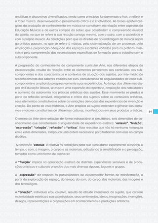 CONSULTA PÚBLICA CONSULTA PÚBLICA CONSULTA PÚBLICA
CONSULTA PÚBLICA CONSULTA PÚBLICA CONSULTA PÚBLICA
CONSULTA PÚBLICA CONSULTA PÚBLICA CONSULTA PÚBLICA
CONSULTA PÚBLICA CONSULTA PÚBLICA CONSULTA PÚBLICA
CONSULTA PÚBLICA CONSULTA PÚBLICA CONSULTA PÚBLICA
CONSULTA PÚBLICA CONSULTA PÚBLICA CONSULTA PÚBLICA
CONSULTA PÚBLICA CONSULTA PÚBLICA CONSULTA PÚBLICA
CONSULTA PÚBLICA CONSULTA PÚBLICA CONSULTA PÚBLICA
CONSULTA PÚBLICA CONSULTA PÚBLICA CONSULTA PÚBLICA
CONSULTA PÚBLICA CONSULTA PÚBLICA CONSULTA PÚBLICA
CONSULTA PÚBLICA CONSULTA PÚBLICA CONSULTA PÚBLICA
CONSULTA PÚBLICA CONSULTA PÚBLICA CONSULTA PÚBLICA
CONSULTA PÚBLICA CONSULTA PÚBLICA CONSULTA PÚBLICA
CONSULTA PÚBLICA CONSULTA PÚBLICA CONSULTA PÚBLICA
CONSULTA PÚBLICA CONSULTA PÚBLICA CONSULTA PÚBLICA
CONSULTA PÚBLICA CONSULTA PÚBLICA CONSULTA PÚBLICA
CONSULTA PÚBLICA CONSULTA PÚBLICA CONSULTA PÚBLICA
CONSULTA PÚBLICA CONSULTA PÚBLICA CONSULTA PÚBLICA
CONSULTA PÚBLICA CONSULTA PÚBLICA CONSULTA PÚBLICA
CONSULTA PÚBLICA CONSULTA PÚBLICA CONSULTA PÚBLICA
CONSULTA PÚBLICA CONSULTA PÚBLICA CONSULTA PÚBLICA
CONSULTA PÚBLICA CONSULTA PÚBLICA CONSULTA PÚBLICA
CONSULTA PÚBLICA CONSULTA PÚBLICA CONSULTA PÚBLICA
CONSULTA PÚBLICA CONSULTA PÚBLICA CONSULTA PÚBLICA
CONSULTA PÚBLICA CONSULTA PÚBLICA CONSULTA PÚBLICA
CONSULTA PÚBLICA CONSULTA PÚBLICA CONSULTA PÚBLICA
CONSULTA PÚBLICA CONSULTA PÚBLICA CONSULTA PÚBLICA
CONSULTA PÚBLICA CONSULTA PÚBLICA CONSULTA PÚBLICA
CONSULTA PÚBLICA CONSULTA PÚBLICA CONSULTA PÚBLICA
CONSULTA PÚBLICA CONSULTA PÚBLICA CONSULTA PÚBLICA
CONSULTA PÚBLICA CONSULTA PÚBLICA CONSULTA PÚBLICA
CONSULTA PÚBLICA CONSULTA PÚBLICA CONSULTA PÚBLICA
CONSULTA PÚBLICA CONSULTA PÚBLICA CONSULTA PÚBLICA
CONSULTA PÚBLICA CONSULTA PÚBLICA CONSULTA PÚBLICA
84
analíticas e discursivas diversificadas, tendo como princípios fundamentais o fruir, o refletir e
o fazer música, desenvolvendo o pensamento crítico e a criatividade. As bases epistemoló-
gicas da produção de conhecimento em música se constituem na relação entre aspectos da
Educação Musical e de outros campos do saber, que possibilitam a compreensão musical
do sujeito, no que se refere à sua relação consigo mesmo, com o outro, com a sociedade e
com a própria música. As condições para que os direitos de aprendizagem da música sejam
garantidos passam, no que se refere à música, pela sistematização de um processo, pela
ampliação e preparação adequada dos espaços escolares voltados para as práticas musi-
cais e pela compreensão das necessidades específicas de formação para o trabalho com o
subcomponente.
A progressão do conhecimento do componente curricular Arte, nas diferentes etapas da
escolarização, resulta da relação entre os elementos pertinentes aos conteúdos dos sub-
componentes e das características e contextos de atuação dos sujeitos, por intermédio do
reconhecimento dos saberes trazidos por eles, considerando as singularidades de cada sub-
componente e ampliando progressivamente suas experiências. Ao longo das diferentes eta-
pas da Educação Básica, se espera uma expansão do repertório, ampliação das habilidades
e aumento da autonomia nas práticas artísticas dos sujeitos. Esse movimento se produz a
partir da reflexão sensível, imaginativa e crítica dos sujeitos sobre os conteúdos artísticos,
seus elementos constitutivos e sobre as variações derivadas das experiências de invenção e
criação. Do ponto de vista histórico, a Arte propicia ao sujeito entender a gênese dos costu-
mes e valores constituintes de diferentes culturas, manifestadas em seus produtos artísticos.     
O ensino de Arte deve articular, de forma indissociável e simultânea, seis dimensões de co-
nhecimento que caracterizam a singularidade da experiência estética: “estesia”, “fruição”,
“expressão”, “criação”, “reflexão” e “crítica”. Vale ressaltar que não há nenhuma hierarquia
entre estas dimensões, tampouco uma ordem necessária para trabalhar com elas no campo
didático.
A dimensão “estesia” é relativa às condições para que o estudante experimente o espaço, o
tempo, o som, a imagem, o corpo e os materiais, articulando a sensibilidade e a percepção,
tomadas como uma forma de conhecer.
A “fruição” implica na apreciação estética de distintas experiências sensíveis e de produ-
ções artísticas e culturais oriundas das mais diversas épocas, lugares e grupos.
A “expressão” diz respeito às possibilidades de experimentar formas de manifestação, a
partir da exploração do espaço, do tempo, do som, do corpo, dos materiais, das imagens e
das tecnologias.
A “criação”, individual e/ou coletiva, resulta da atitude intencional do sujeito, que confere
materialidade estética à sua subjetividade, seus sentimentos, ideias, imaginações, invenções,
desejos, representações e proposições em acontecimentos e produções artísticas.
 