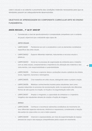 CONSULTA PÚBLICA CONSULTA PÚBLICA CONSULTA PÚBLICA
CONSULTA PÚBLICA CONSULTA PÚBLICA CONSULTA PÚBLICA
CONSULTA PÚBLICA CONSULTA PÚBLICA CONSULTA PÚBLICA
CONSULTA PÚBLICA CONSULTA PÚBLICA CONSULTA PÚBLICA
CONSULTA PÚBLICA CONSULTA PÚBLICA CONSULTA PÚBLICA
CONSULTA PÚBLICA CONSULTA PÚBLICA CONSULTA PÚBLICA
CONSULTA PÚBLICA CONSULTA PÚBLICA CONSULTA PÚBLICA
CONSULTA PÚBLICA CONSULTA PÚBLICA CONSULTA PÚBLICA
CONSULTA PÚBLICA CONSULTA PÚBLICA CONSULTA PÚBLICA
CONSULTA PÚBLICA CONSULTA PÚBLICA CONSULTA PÚBLICA
CONSULTA PÚBLICA CONSULTA PÚBLICA CONSULTA PÚBLICA
CONSULTA PÚBLICA CONSULTA PÚBLICA CONSULTA PÚBLICA
CONSULTA PÚBLICA CONSULTA PÚBLICA CONSULTA PÚBLICA
CONSULTA PÚBLICA CONSULTA PÚBLICA CONSULTA PÚBLICA
CONSULTA PÚBLICA CONSULTA PÚBLICA CONSULTA PÚBLICA
CONSULTA PÚBLICA CONSULTA PÚBLICA CONSULTA PÚBLICA
CONSULTA PÚBLICA CONSULTA PÚBLICA CONSULTA PÚBLICA
CONSULTA PÚBLICA CONSULTA PÚBLICA CONSULTA PÚBLICA
CONSULTA PÚBLICA CONSULTA PÚBLICA CONSULTA PÚBLICA
CONSULTA PÚBLICA CONSULTA PÚBLICA CONSULTA PÚBLICA
CONSULTA PÚBLICA CONSULTA PÚBLICA CONSULTA PÚBLICA
CONSULTA PÚBLICA CONSULTA PÚBLICA CONSULTA PÚBLICA
CONSULTA PÚBLICA CONSULTA PÚBLICA CONSULTA PÚBLICA
CONSULTA PÚBLICA CONSULTA PÚBLICA CONSULTA PÚBLICA
CONSULTA PÚBLICA CONSULTA PÚBLICA CONSULTA PÚBLICA
CONSULTA PÚBLICA CONSULTA PÚBLICA CONSULTA PÚBLICA
CONSULTA PÚBLICA CONSULTA PÚBLICA CONSULTA PÚBLICA
CONSULTA PÚBLICA CONSULTA PÚBLICA CONSULTA PÚBLICA
CONSULTA PÚBLICA CONSULTA PÚBLICA CONSULTA PÚBLICA
CONSULTA PÚBLICA CONSULTA PÚBLICA CONSULTA PÚBLICA
CONSULTA PÚBLICA CONSULTA PÚBLICA CONSULTA PÚBLICA
CONSULTA PÚBLICA CONSULTA PÚBLICA CONSULTA PÚBLICA
CONSULTA PÚBLICA CONSULTA PÚBLICA CONSULTA PÚBLICA
CONSULTA PÚBLICA CONSULTA PÚBLICA CONSULTA PÚBLICA
87
cabe à escola e ao sistema o provimento das condições materiais necessárias para que as
atividades possam ser adequadamente desenvolvidas.
OBJETIVOS DE APRENDIZAGEM DO COMPONENTE CURRICULAR ARTE NO ENSINO
FUNDAMENTAL
ANOS INICIAIS _ 1º AO 5º ANO/EF
»» Considerado o nível de aprofundamento e complexidade compatíveis com o contexto
do grupo, espera-se que o estudante seja capaz de:
ARTES VISUAIS
»» LIAR1COA001	 Familiarizar-se com o vocabulário e com os elementos constitutivos
específicos das artes visuais.
»» LIAR1COA002	 Explorar diferentes materiais, instrumentos e recursos visuais e
plásticos.
»» LIAR1COA003	 Iniciar-se no processo de organização do ambiente para o trabalho
com as artes visuais, compreendendo a importância da utilização dos materiais e dos
instrumentos, com responsabilidade e sustentabilidade.
»» LIAR1COA004	 Conhecer e apreciar obras e produções visuais e plásticas de artistas
locais, regionais, nacionais e estrangeiros.
»» LIAR1COA005	 Criar trabalhos em artes visuais, dialogando sobre a própria criação.
»» LIAR1COA006	 Mobilizar conhecimentos trazidos pelos estudantes, bem como
aqueles adquiridos no processo de escolarização, tanto na exploração das diferentes
formas de arte quanto na criação, na fruição e na argumentação sobre arte.
»» LIAR1COA007	 Ampliar o imaginário, a capacidade de simbolizar e o repertório
imagético dos estudantes através da criação e fruição de imagens.
DANÇA
»» LIAR1COA008	 Conhecer e reconhecer elementos constitutivos do movimento em
seus diferentes aspectos estruturais, dinâmicos e expressivos, considerando a relação
das partes do corpo entre si e com o todo corporal.
»» LIAR1COA009	 Vivenciar a expressividade, por meio da experimentação do espaço
pessoal do corpo e dos espaços compartilhados pelos corpos em movimento.
 