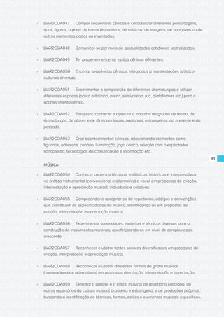 CONSULTA PÚBLICA CONSULTA PÚBLICA CONSULTA PÚBLICA
CONSULTA PÚBLICA CONSULTA PÚBLICA CONSULTA PÚBLICA
CONSULTA PÚBLICA CONSULTA PÚBLICA CONSULTA PÚBLICA
CONSULTA PÚBLICA CONSULTA PÚBLICA CONSULTA PÚBLICA
CONSULTA PÚBLICA CONSULTA PÚBLICA CONSULTA PÚBLICA
CONSULTA PÚBLICA CONSULTA PÚBLICA CONSULTA PÚBLICA
CONSULTA PÚBLICA CONSULTA PÚBLICA CONSULTA PÚBLICA
CONSULTA PÚBLICA CONSULTA PÚBLICA CONSULTA PÚBLICA
CONSULTA PÚBLICA CONSULTA PÚBLICA CONSULTA PÚBLICA
CONSULTA PÚBLICA CONSULTA PÚBLICA CONSULTA PÚBLICA
CONSULTA PÚBLICA CONSULTA PÚBLICA CONSULTA PÚBLICA
CONSULTA PÚBLICA CONSULTA PÚBLICA CONSULTA PÚBLICA
CONSULTA PÚBLICA CONSULTA PÚBLICA CONSULTA PÚBLICA
CONSULTA PÚBLICA CONSULTA PÚBLICA CONSULTA PÚBLICA
CONSULTA PÚBLICA CONSULTA PÚBLICA CONSULTA PÚBLICA
CONSULTA PÚBLICA CONSULTA PÚBLICA CONSULTA PÚBLICA
CONSULTA PÚBLICA CONSULTA PÚBLICA CONSULTA PÚBLICA
CONSULTA PÚBLICA CONSULTA PÚBLICA CONSULTA PÚBLICA
CONSULTA PÚBLICA CONSULTA PÚBLICA CONSULTA PÚBLICA
CONSULTA PÚBLICA CONSULTA PÚBLICA CONSULTA PÚBLICA
CONSULTA PÚBLICA CONSULTA PÚBLICA CONSULTA PÚBLICA
CONSULTA PÚBLICA CONSULTA PÚBLICA CONSULTA PÚBLICA
CONSULTA PÚBLICA CONSULTA PÚBLICA CONSULTA PÚBLICA
CONSULTA PÚBLICA CONSULTA PÚBLICA CONSULTA PÚBLICA
CONSULTA PÚBLICA CONSULTA PÚBLICA CONSULTA PÚBLICA
CONSULTA PÚBLICA CONSULTA PÚBLICA CONSULTA PÚBLICA
CONSULTA PÚBLICA CONSULTA PÚBLICA CONSULTA PÚBLICA
CONSULTA PÚBLICA CONSULTA PÚBLICA CONSULTA PÚBLICA
CONSULTA PÚBLICA CONSULTA PÚBLICA CONSULTA PÚBLICA
CONSULTA PÚBLICA CONSULTA PÚBLICA CONSULTA PÚBLICA
CONSULTA PÚBLICA CONSULTA PÚBLICA CONSULTA PÚBLICA
CONSULTA PÚBLICA CONSULTA PÚBLICA CONSULTA PÚBLICA
CONSULTA PÚBLICA CONSULTA PÚBLICA CONSULTA PÚBLICA
CONSULTA PÚBLICA CONSULTA PÚBLICA CONSULTA PÚBLICA
91
»» LIAR2COA047	 Compor sequências cênicas e caracterizar diferentes personagens,
tipos, figuras, a partir de textos dramáticos, de músicas, de imagens, de narrativas ou de
outros elementos dados ou inventados.
»» LIAR2COA048	 Comunicar-se por meio de gestualidades cotidianas teatralizadas.
»» LIAR2COA049	 Ter prazer em encenar estilos cênicos diferentes.
»» LIAR2COA050	 Encenar sequências cênicas, integradas a manifestações artístico-
culturais diversas.
»» LIAR2COA051	 Experimentar a composição de diferentes dramaturgias e utilizar
diferentes espaços (palco à italiana, arena, semi-arena, rua, plataformas etc.) para o
acontecimento cênico.
»» LIAR2COA052	 Pesquisar, conhecer e apreciar o trabalho de grupos de teatro, de
dramaturgos, de atores e de diretores locais, nacionais, estrangeiros, do presente e do
passado.
»» LIAR2COA053	 Criar acontecimentos cênicos, relacionando elementos como
figurinos, adereços, cenário, iluminação, jogo cênico, relação com o espectador,
sonoplastia, tecnologias da comunicação e informação etc..
MÚSICA
»» LIAR2COA054	 Conhecer aspectos técnicos, estilísticos, históricos e interpretativos
na prática instrumental (convencional e alternativa) e vocal em propostas de criação,
interpretação e apreciação musical, individuais e coletivas.
»» LIAR2COA055	 Compreender e apropriar-se de repertórios, códigos e convenções
que constituem as especificidades da música, identificando-os em propostas de
criação, interpretação e apreciação musical.
»» LIAR2COA056	 Experimentar sonoridades, materiais e técnicas diversas para a
construção de instrumentos musicais, aperfeiçoando-os em nível de complexidade
crescente.
»» LIAR2COA057	 Reconhecer e utilizar fontes sonoras diversificadas em propostas de
criação, interpretação e apreciação musical.
»» LIAR2COA058	 Reconhecer e utilizar diferentes formas de grafia musical
(convencionais e alternativas) em propostas de criação, interpretação e apreciação.
»» LIAR2COA059	 Exercitar a análise e a crítica musical de repertório cotidiano, de
outros repertórios da cultura musical brasileira e estrangeira, e de produções próprias,
buscando a identificação de técnicas, formas, estilos e elementos musicais específicos.
 