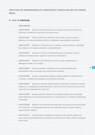 CONSULTA PÚBLICA CONSULTA PÚBLICA CONSULTA PÚBLICA
CONSULTA PÚBLICA CONSULTA PÚBLICA CONSULTA PÚBLICA
CONSULTA PÚBLICA CONSULTA PÚBLICA CONSULTA PÚBLICA
CONSULTA PÚBLICA CONSULTA PÚBLICA CONSULTA PÚBLICA
CONSULTA PÚBLICA CONSULTA PÚBLICA CONSULTA PÚBLICA
CONSULTA PÚBLICA CONSULTA PÚBLICA CONSULTA PÚBLICA
CONSULTA PÚBLICA CONSULTA PÚBLICA CONSULTA PÚBLICA
CONSULTA PÚBLICA CONSULTA PÚBLICA CONSULTA PÚBLICA
CONSULTA PÚBLICA CONSULTA PÚBLICA CONSULTA PÚBLICA
CONSULTA PÚBLICA CONSULTA PÚBLICA CONSULTA PÚBLICA
CONSULTA PÚBLICA CONSULTA PÚBLICA CONSULTA PÚBLICA
CONSULTA PÚBLICA CONSULTA PÚBLICA CONSULTA PÚBLICA
CONSULTA PÚBLICA CONSULTA PÚBLICA CONSULTA PÚBLICA
CONSULTA PÚBLICA CONSULTA PÚBLICA CONSULTA PÚBLICA
CONSULTA PÚBLICA CONSULTA PÚBLICA CONSULTA PÚBLICA
CONSULTA PÚBLICA CONSULTA PÚBLICA CONSULTA PÚBLICA
CONSULTA PÚBLICA CONSULTA PÚBLICA CONSULTA PÚBLICA
CONSULTA PÚBLICA CONSULTA PÚBLICA CONSULTA PÚBLICA
CONSULTA PÚBLICA CONSULTA PÚBLICA CONSULTA PÚBLICA
CONSULTA PÚBLICA CONSULTA PÚBLICA CONSULTA PÚBLICA
CONSULTA PÚBLICA CONSULTA PÚBLICA CONSULTA PÚBLICA
CONSULTA PÚBLICA CONSULTA PÚBLICA CONSULTA PÚBLICA
CONSULTA PÚBLICA CONSULTA PÚBLICA CONSULTA PÚBLICA
CONSULTA PÚBLICA CONSULTA PÚBLICA CONSULTA PÚBLICA
CONSULTA PÚBLICA CONSULTA PÚBLICA CONSULTA PÚBLICA
CONSULTA PÚBLICA CONSULTA PÚBLICA CONSULTA PÚBLICA
CONSULTA PÚBLICA CONSULTA PÚBLICA CONSULTA PÚBLICA
CONSULTA PÚBLICA CONSULTA PÚBLICA CONSULTA PÚBLICA
CONSULTA PÚBLICA CONSULTA PÚBLICA CONSULTA PÚBLICA
CONSULTA PÚBLICA CONSULTA PÚBLICA CONSULTA PÚBLICA
CONSULTA PÚBLICA CONSULTA PÚBLICA CONSULTA PÚBLICA
CONSULTA PÚBLICA CONSULTA PÚBLICA CONSULTA PÚBLICA
CONSULTA PÚBLICA CONSULTA PÚBLICA CONSULTA PÚBLICA
CONSULTA PÚBLICA CONSULTA PÚBLICA CONSULTA PÚBLICA
92
OBJETIVOS DE APRENDIZAGEM DO COMPONENTE CURRICULAR ARTE NO ENSINO
MÉDIO
1º , 2º E 3º ANOS/EM
ARTES VISUAIS
»» LIAR3COA060	 Apropriar-se criticamente do vocabulário e do conhecimento dos
elementos constitutivos específicos das artes visuais.
»» LIAR3COA061	 Explorar diferentes materiais, instrumentos, recursos visuais e
plásticos, com intencionalidade artística e habilidade argumentativa crescentes.
»» LIAR3COA062	 Organizar o ambiente para o trabalho, compreendendo a utilização
dos materiais com responsabilidade e sustentabilidade.
»» LIAR3COA063	 Conhecer e apreciar criticamente obras e produções visuais e
plásticas de artistas locais, regionais, nacionais e estrangeiros.
»» LIAR3COA064	 Planejar e criar trabalhos em artes visuais, analisando-os e
dialogando sobre a sua criação. 
»» LIAR3COA065	 Produzir sentidos e reflexões com e a partir das diferentes
visualidades e em sua relação com outras formas artísticas.
»» LIAR3COA066	 Analisar criticamente imagens e objetos artísticos a partir de seus
contextos, condições de produção, suas relações e tensões.
»» LIAR3COA067	 Estudar as diversas categorizações da arte (arte, artesanato, folclore,
design etc.), investigando, problematizando e desconstruindo as hierarquias que foram
historicamente estabelecidas entre elas.
»» LIAR3COA068	 Estudar aspectos históricos da produção artística da humanidade
problematizando as narrativas eurocêntricas e considerando os contextos de diferentes
sociedades.
»» LIAR3COA069	 Mobilizar os conhecimentos adquiridos no processo de escolarização,
de acordo com a complexidade possível ao/à estudante, para a criação, fruição e
argumentação artísticas.
»» LIAR3COA070	 Compreender as relações de mercado e de trabalho relativas às
artes visuais, problematizando as categorias profissionais de artista, artesão e designer,
entre outras.
 