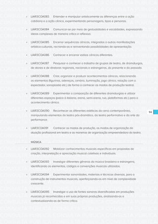 CONSULTA PÚBLICA CONSULTA PÚBLICA CONSULTA PÚBLICA
CONSULTA PÚBLICA CONSULTA PÚBLICA CONSULTA PÚBLICA
CONSULTA PÚBLICA CONSULTA PÚBLICA CONSULTA PÚBLICA
CONSULTA PÚBLICA CONSULTA PÚBLICA CONSULTA PÚBLICA
CONSULTA PÚBLICA CONSULTA PÚBLICA CONSULTA PÚBLICA
CONSULTA PÚBLICA CONSULTA PÚBLICA CONSULTA PÚBLICA
CONSULTA PÚBLICA CONSULTA PÚBLICA CONSULTA PÚBLICA
CONSULTA PÚBLICA CONSULTA PÚBLICA CONSULTA PÚBLICA
CONSULTA PÚBLICA CONSULTA PÚBLICA CONSULTA PÚBLICA
CONSULTA PÚBLICA CONSULTA PÚBLICA CONSULTA PÚBLICA
CONSULTA PÚBLICA CONSULTA PÚBLICA CONSULTA PÚBLICA
CONSULTA PÚBLICA CONSULTA PÚBLICA CONSULTA PÚBLICA
CONSULTA PÚBLICA CONSULTA PÚBLICA CONSULTA PÚBLICA
CONSULTA PÚBLICA CONSULTA PÚBLICA CONSULTA PÚBLICA
CONSULTA PÚBLICA CONSULTA PÚBLICA CONSULTA PÚBLICA
CONSULTA PÚBLICA CONSULTA PÚBLICA CONSULTA PÚBLICA
CONSULTA PÚBLICA CONSULTA PÚBLICA CONSULTA PÚBLICA
CONSULTA PÚBLICA CONSULTA PÚBLICA CONSULTA PÚBLICA
CONSULTA PÚBLICA CONSULTA PÚBLICA CONSULTA PÚBLICA
CONSULTA PÚBLICA CONSULTA PÚBLICA CONSULTA PÚBLICA
CONSULTA PÚBLICA CONSULTA PÚBLICA CONSULTA PÚBLICA
CONSULTA PÚBLICA CONSULTA PÚBLICA CONSULTA PÚBLICA
CONSULTA PÚBLICA CONSULTA PÚBLICA CONSULTA PÚBLICA
CONSULTA PÚBLICA CONSULTA PÚBLICA CONSULTA PÚBLICA
CONSULTA PÚBLICA CONSULTA PÚBLICA CONSULTA PÚBLICA
CONSULTA PÚBLICA CONSULTA PÚBLICA CONSULTA PÚBLICA
CONSULTA PÚBLICA CONSULTA PÚBLICA CONSULTA PÚBLICA
CONSULTA PÚBLICA CONSULTA PÚBLICA CONSULTA PÚBLICA
CONSULTA PÚBLICA CONSULTA PÚBLICA CONSULTA PÚBLICA
CONSULTA PÚBLICA CONSULTA PÚBLICA CONSULTA PÚBLICA
CONSULTA PÚBLICA CONSULTA PÚBLICA CONSULTA PÚBLICA
CONSULTA PÚBLICA CONSULTA PÚBLICA CONSULTA PÚBLICA
CONSULTA PÚBLICA CONSULTA PÚBLICA CONSULTA PÚBLICA
CONSULTA PÚBLICA CONSULTA PÚBLICA CONSULTA PÚBLICA
94
»» LIAR3COA083	 Entender e manipular artisticamente as diferenças entre a ação
cotidiana e a ação cênica, experimentando personagens, tipos e personas.
»» LIAR3COA084	 Comunicar-se por meio de gestualidades e vocalidades, expressando
ideias complexas de maneira crítica e reflexiva.
»» LIAR3COA085	 Encenar sequências cênicas, integradas a outras manifestações
artístico-culturais, recriando-as e reinventando possibilidades de apresentação.
»» LIAR3COA086	 Conhecer e encenar estilos cênicos diferentes.
»» LIAR3COA087	 Pesquisar e conhecer o trabalho de grupos de teatro, de dramaturgos,
de atores e de diretores regionais, nacionais e estrangeiros, do presente e do passado.
»» LIAR3COA088	 Criar, organizar e produzir acontecimentos cênicos, relacionando
os elementos (figurinos, adereços, cenário, iluminação, jogo cênico, relação com o
espectador, sonoplastia etc.) de forma a conhecer os modos de produção teatral.
»» LIAR3COA089	 Experimentar a composição de diferentes dramaturgias e utilizar
diferentes espaços (palco à italiana, arena, semi-arena, rua, plataformas etc.) para o
acontecimento cênico.
»» LIAR3COA090	 Reconhecer as diferentes estéticas da cena contemporânea,
manipulando elementos do teatro pós-dramático, do teatro performativo e da arte da
performance.
»» LIAR3COA091	 Conhecer os modos de produção, os modos de organização da
atuação profissional em teatro e as maneiras de organização empreendedora do teatro.
MÚSICA
»» LIAR3COA092	 Mobilizar conhecimentos musicais específicos em propostas de
criação, interpretação e apreciação musical coletivas e individuais.
»» LIAR3COA093	 Investigar diferentes gêneros da música brasileira e estrangeira,
identificando os elementos, códigos e convenções musicais utilizados.
»» LIAR3COA094	 Experimentar sonoridades, materiais e técnicas diversas, para a
construção de instrumentos musicais, aperfeiçoando-os em nível de complexidade
crescente.
»» LIAR3COA095	 Investigar o uso de fontes sonoras diversificadas em produções
musicais já reconhecidas e em suas próprias produções, analisando-as e
contextualizando-as de forma crítica.
 