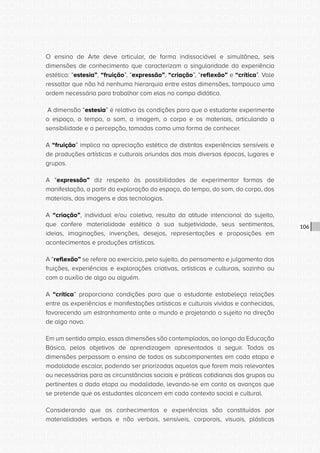 CONSULTA PÚBLICA CONSULTA PÚBLICA CONSULTA PÚBLICA
CONSULTA PÚBLICA CONSULTA PÚBLICA CONSULTA PÚBLICA
CONSULTA PÚBLICA CONSULTA PÚBLICA CONSULTA PÚBLICA
CONSULTA PÚBLICA CONSULTA PÚBLICA CONSULTA PÚBLICA
CONSULTA PÚBLICA CONSULTA PÚBLICA CONSULTA PÚBLICA
CONSULTA PÚBLICA CONSULTA PÚBLICA CONSULTA PÚBLICA
CONSULTA PÚBLICA CONSULTA PÚBLICA CONSULTA PÚBLICA
CONSULTA PÚBLICA CONSULTA PÚBLICA CONSULTA PÚBLICA
CONSULTA PÚBLICA CONSULTA PÚBLICA CONSULTA PÚBLICA
CONSULTA PÚBLICA CONSULTA PÚBLICA CONSULTA PÚBLICA
CONSULTA PÚBLICA CONSULTA PÚBLICA CONSULTA PÚBLICA
CONSULTA PÚBLICA CONSULTA PÚBLICA CONSULTA PÚBLICA
CONSULTA PÚBLICA CONSULTA PÚBLICA CONSULTA PÚBLICA
CONSULTA PÚBLICA CONSULTA PÚBLICA CONSULTA PÚBLICA
CONSULTA PÚBLICA CONSULTA PÚBLICA CONSULTA PÚBLICA
CONSULTA PÚBLICA CONSULTA PÚBLICA CONSULTA PÚBLICA
CONSULTA PÚBLICA CONSULTA PÚBLICA CONSULTA PÚBLICA
CONSULTA PÚBLICA CONSULTA PÚBLICA CONSULTA PÚBLICA
CONSULTA PÚBLICA CONSULTA PÚBLICA CONSULTA PÚBLICA
CONSULTA PÚBLICA CONSULTA PÚBLICA CONSULTA PÚBLICA
CONSULTA PÚBLICA CONSULTA PÚBLICA CONSULTA PÚBLICA
CONSULTA PÚBLICA CONSULTA PÚBLICA CONSULTA PÚBLICA
CONSULTA PÚBLICA CONSULTA PÚBLICA CONSULTA PÚBLICA
CONSULTA PÚBLICA CONSULTA PÚBLICA CONSULTA PÚBLICA
CONSULTA PÚBLICA CONSULTA PÚBLICA CONSULTA PÚBLICA
CONSULTA PÚBLICA CONSULTA PÚBLICA CONSULTA PÚBLICA
CONSULTA PÚBLICA CONSULTA PÚBLICA CONSULTA PÚBLICA
CONSULTA PÚBLICA CONSULTA PÚBLICA CONSULTA PÚBLICA
CONSULTA PÚBLICA CONSULTA PÚBLICA CONSULTA PÚBLICA
CONSULTA PÚBLICA CONSULTA PÚBLICA CONSULTA PÚBLICA
CONSULTA PÚBLICA CONSULTA PÚBLICA CONSULTA PÚBLICA
CONSULTA PÚBLICA CONSULTA PÚBLICA CONSULTA PÚBLICA
CONSULTA PÚBLICA CONSULTA PÚBLICA CONSULTA PÚBLICA
CONSULTA PÚBLICA CONSULTA PÚBLICA CONSULTA PÚBLICA
106
O ensino de Arte deve articular, de forma indissociável e simultânea, seis
dimensões de conhecimento que caracterizam a singularidade da experiência
estética: “estesia”, “fruição”, “expressão”, “criação”, “reflexão” e “crítica”. Vale
ressaltar que não há nenhuma hierarquia entre estas dimensões, tampouco uma
ordem necessária para trabalhar com elas no campo didático.
A dimensão “estesia” é relativa às condições para que o estudante experimente
o espaço, o tempo, o som, a imagem, o corpo e os materiais, articulando a
sensibilidade e a percepção, tomadas como uma forma de conhecer.
A “fruição” implica na apreciação estética de distintas experiências sensíveis e
de produções artísticas e culturais oriundas das mais diversas épocas, lugares e
grupos.
A “expressão” diz respeito às possibilidades de experimentar formas de
manifestação, a partir da exploração do espaço, do tempo, do som, do corpo, dos
materiais, das imagens e das tecnologias.
A “criação”, individual e/ou coletiva, resulta da atitude intencional do sujeito,
que confere materialidade estética à sua subjetividade, seus sentimentos,
ideias, imaginações, invenções, desejos, representações e proposições em
acontecimentos e produções artísticas.
A “reflexão” se refere ao exercício, pelo sujeito, do pensamento e julgamento das
fruições, experiências e explorações criativas, artísticas e culturais, sozinho ou
com o auxílio de algo ou alguém.
A “crítica” proporciona condições para que o estudante estabeleça relações
entre as experiências e manifestações artísticas e culturais vividas e conhecidas,
favorecendo um estranhamento ante o mundo e projetando o sujeito na direção
de algo novo.
Em um sentido amplo, essas dimensões são contempladas, ao longo da Educação
Básica, pelos objetivos de aprendizagem apresentados a seguir. Todas as
dimensões perpassam o ensino de todos os subcomponentes em cada etapa e
modalidade escolar, podendo ser priorizadas aquelas que forem mais relevantes
ou necessárias para as circunstâncias sociais e práticas cotidianas dos grupos ou
pertinentes a dada etapa ou modalidade, levando-se em conta os avanços que
se pretende que os estudantes alcancem em cada contexto social e cultural.
Considerando que os conhecimentos e experiências são constituídos por
materialidades verbais e não verbais, sensíveis, corporais, visuais, plásticas
 
