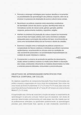 CONSULTA PÚBLICA CONSULTA PÚBLICA CONSULTA PÚBLICA
CONSULTA PÚBLICA CONSULTA PÚBLICA CONSULTA PÚBLICA
CONSULTA PÚBLICA CONSULTA PÚBLICA CONSULTA PÚBLICA
CONSULTA PÚBLICA CONSULTA PÚBLICA CONSULTA PÚBLICA
CONSULTA PÚBLICA CONSULTA PÚBLICA CONSULTA PÚBLICA
CONSULTA PÚBLICA CONSULTA PÚBLICA CONSULTA PÚBLICA
CONSULTA PÚBLICA CONSULTA PÚBLICA CONSULTA PÚBLICA
CONSULTA PÚBLICA CONSULTA PÚBLICA CONSULTA PÚBLICA
CONSULTA PÚBLICA CONSULTA PÚBLICA CONSULTA PÚBLICA
CONSULTA PÚBLICA CONSULTA PÚBLICA CONSULTA PÚBLICA
CONSULTA PÚBLICA CONSULTA PÚBLICA CONSULTA PÚBLICA
CONSULTA PÚBLICA CONSULTA PÚBLICA CONSULTA PÚBLICA
CONSULTA PÚBLICA CONSULTA PÚBLICA CONSULTA PÚBLICA
CONSULTA PÚBLICA CONSULTA PÚBLICA CONSULTA PÚBLICA
CONSULTA PÚBLICA CONSULTA PÚBLICA CONSULTA PÚBLICA
CONSULTA PÚBLICA CONSULTA PÚBLICA CONSULTA PÚBLICA
CONSULTA PÚBLICA CONSULTA PÚBLICA CONSULTA PÚBLICA
CONSULTA PÚBLICA CONSULTA PÚBLICA CONSULTA PÚBLICA
CONSULTA PÚBLICA CONSULTA PÚBLICA CONSULTA PÚBLICA
CONSULTA PÚBLICA CONSULTA PÚBLICA CONSULTA PÚBLICA
CONSULTA PÚBLICA CONSULTA PÚBLICA CONSULTA PÚBLICA
CONSULTA PÚBLICA CONSULTA PÚBLICA CONSULTA PÚBLICA
CONSULTA PÚBLICA CONSULTA PÚBLICA CONSULTA PÚBLICA
CONSULTA PÚBLICA CONSULTA PÚBLICA CONSULTA PÚBLICA
CONSULTA PÚBLICA CONSULTA PÚBLICA CONSULTA PÚBLICA
CONSULTA PÚBLICA CONSULTA PÚBLICA CONSULTA PÚBLICA
CONSULTA PÚBLICA CONSULTA PÚBLICA CONSULTA PÚBLICA
CONSULTA PÚBLICA CONSULTA PÚBLICA CONSULTA PÚBLICA
CONSULTA PÚBLICA CONSULTA PÚBLICA CONSULTA PÚBLICA
CONSULTA PÚBLICA CONSULTA PÚBLICA CONSULTA PÚBLICA
CONSULTA PÚBLICA CONSULTA PÚBLICA CONSULTA PÚBLICA
CONSULTA PÚBLICA CONSULTA PÚBLICA CONSULTA PÚBLICA
CONSULTA PÚBLICA CONSULTA PÚBLICA CONSULTA PÚBLICA
CONSULTA PÚBLICA CONSULTA PÚBLICA CONSULTA PÚBLICA
118
ƒƒ Formular e empregar estratégias para resolver desafios e incrementar
as possibilidades de aprendizagem das práticas corporais, além de se
envolver no processo de ampliação do acervo cultural nesse campo;
ƒƒ Reconhecer as práticas corporais como elementos constitutivos
da identidade cultural dos povos e grupos, identificando nelas os
marcadores sociais de classe social, gênero, geração, padrões
corporais, pertencimento clubístico, raça/etnia, religião;
ƒƒ Interferir na dinâmica da produção da cultura corporal de movimento
local em favor da fruição coletiva, bem como reivindicar condições
adequadas para a promoção das práticas de lazer, reconhecendo-as
como uma necessidade básica do ser humano e direito do cidadão;
ƒƒ Examinar a relação entre a realização de práticas corporais e a
complexidade de fatores coletivos e individuais que afetam o processo
saúde/doença, reconhecendo os vínculos entre as condições de
vida socialmente produzidas e as possibilidades/impossibilidades do
cuidado da saúde individual e coletiva;
ƒƒ Compreender o universo de produção de padrões de desempenho,
saúde, beleza e estética corporal e o modo como afetam a educação
dos corpos, analisando criticamente os modelos disseminados na mídia
e evitando posturas bitoladas, consumistas e preconceituosas.
OBJETIVOS DE APRENDIZAGEM ESPECÍFICOS POR
PRÁTICA CORPORAL EM CICLOS
Os objetivos específicos do componente Educação Física foram formulados por
prática corporal e organizados em cinco ciclos de escolaridade. Dois ciclos nos
anos iniciais do Ensino Fundamental (1°, 2° e 3° anos; 4° e 5° anos), dois ciclos nos
anos finais do Ensino Fundamental (6° e 7° anos; 8° e 9° anos) e um ciclo no Ensino
Médio (1°, 2° e 3° anos).
A organização sob a forma de ciclos tem a função de balizar as expectativas de
aprendizagem no percurso curricular. Indicam que o/a estudante tem direito de
aprender determinados conhecimentos em cada etapa. Isso não impede que os/
as professores/as antecipem, ou aprofundem posteriormente, as aprendizagens
previstas para determinada fase; apenas se está sinalizando claramente a
 