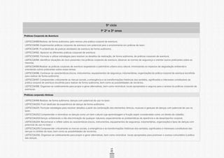 CONSULTAPÚBLICACONSULTAPÚBLICACONSULTAPÚBLICA
CONSULTAPÚBLICACONSULTAPÚBLICACONSULTAPÚBLICA
CONSULTAPÚBLICACONSULTAPÚBLICACONSULTAPÚBLICA
CONSULTAPÚBLICACONSULTAPÚBLICACONSULTAPÚBLICA
CONSULTAPÚBLICACONSULTAPÚBLICACONSULTAPÚBLICA
CONSULTAPÚBLICACONSULTAPÚBLICACONSULTAPÚBLICA
CONSULTAPÚBLICACONSULTAPÚBLICACONSULTAPÚBLICA
CONSULTAPÚBLICACONSULTAPÚBLICACONSULTAPÚBLICA
CONSULTAPÚBLICACONSULTAPÚBLICACONSULTAPÚBLICA
CONSULTAPÚBLICACONSULTAPÚBLICACONSULTAPÚBLICA
CONSULTAPÚBLICACONSULTAPÚBLICACONSULTAPÚBLICA
CONSULTAPÚBLICACONSULTAPÚBLICACONSULTAPÚBLICA
CONSULTAPÚBLICACONSULTAPÚBLICACONSULTAPÚBLICA
CONSULTAPÚBLICACONSULTAPÚBLICACONSULTAPÚBLICA
CONSULTAPÚBLICACONSULTAPÚBLICACONSULTAPÚBLICA
CONSULTAPÚBLICACONSULTAPÚBLICACONSULTAPÚBLICA
CONSULTAPÚBLICACONSULTAPÚBLICACONSULTAPÚBLICA
CONSULTAPÚBLICACONSULTAPÚBLICACONSULTAPÚBLICA
CONSULTAPÚBLICACONSULTAPÚBLICACONSULTAPÚBLICA
CONSULTAPÚBLICACONSULTAPÚBLICACONSULTAPÚBLICA
CONSULTAPÚBLICACONSULTAPÚBLICACONSULTAPÚBLICA
CONSULTAPÚBLICACONSULTAPÚBLICACONSULTAPÚBLICA
CONSULTAPÚBLICACONSULTAPÚBLICACONSULTAPÚBLICA
CONSULTAPÚBLICACONSULTAPÚBLICACONSULTAPÚBLICA
CONSULTAPÚBLICACONSULTAPÚBLICACONSULTAPÚBLICA
CONSULTAPÚBLICACONSULTAPÚBLICACONSULTAPÚBLICA
CONSULTAPÚBLICACONSULTAPÚBLICACONSULTAPÚBLICA
CONSULTAPÚBLICACONSULTAPÚBLICACONSULTAPÚBLICA
CONSULTAPÚBLICACONSULTAPÚBLICACONSULTAPÚBLICA
CONSULTAPÚBLICACONSULTAPÚBLICACONSULTAPÚBLICA
CONSULTAPÚBLICACONSULTAPÚBLICACONSULTAPÚBLICA
CONSULTAPÚBLICACONSULTAPÚBLICACONSULTAPÚBLICA
CONSULTAPÚBLICACONSULTAPÚBLICACONSULTAPÚBLICA
CONSULTAPÚBLICACONSULTAPÚBLICACONSULTAPÚBLICA
132
5º ciclo
1º 2º e 3º anos
Práticas Corporais de Aventura
LIEF5COA189.Realizar, de forma autônoma, pelo menos uma prática corporal de aventura;
LIEF5COA190. Experimentar práticas corporais de aventura com potencial para o envolvimento em práticas de lazer;
LIEF5COA191. Fruir/desfrutar de praticar atividades de aventura de forma autônoma;
LIEF5COA192. Apreciar as diferentes práticas corporais de aventura;
LIEF5COA193. Formular e utilizar estratégias para resolver os desafios da realização, de forma autônoma, de práticas corporais de aventura;
LIEF5COA194. Identificar situações de risco presentes nas práticas corporais de aventura, observar as normas de segurança e orientar outros praticantes sobre as
mesmas;
LIEF5COA195.Realizar as práticas corporais de aventura respeitando o patrimônio urbano e/ou natural, minimizando os impactos de degradação ambiental e
orientando outros praticantes sobre esses temas;
LIEF5COA196. Conhecer as características (riscos, instrumentos, equipamentos de segurança, indumentárias, organização) da prática corporal de aventura escolhida
para realizar de forma autônoma;
LIEF5COA197. Compreender criticamente as marcas sociais, a emergência e as transformações históricas dos sentidos, significados e interesses constitutivos da
prática corporal de aventura escolhida para realizar de forma autônoma, bem como as possibilidades de recriá-los;
LIEF5COA198. Organizar-se coletivamente para propor e gerar alternativas, bem como reivindicar, locais apropriados e seguros para o acesso às práticas corporais de
aventuras.
Práticas corporais rítmicas
LIEF5COA199 Realizar, de forma autônoma, danças com potencial de uso no lazer;
LIEF5COA200. Fruir/ desfrutar da experiência de dançar de forma autônoma;
LIEF5COA201. Formular estratégias para resolver desafios a partir da combinação dos elementos rítmicos, musicais e gestuais de danças com potencial de uso no
lazer;
LIEF5COA202.Compreender e reivindicar as danças como um bem cultural cuja aprendizagem e fruição sejam consideradas como um direito do cidadão;
LIEF5COA203.Dançar, enfatizando a não discriminação de qualquer natureza, especialmente as problemáticas de aparência e de desempenho corporal;
LIEF5COA204. Reconhecer e refletir sobre as características (riscos, instrumentos, equipamentos de segurança, indumentárias, organização) e tipos de danças com
potencial de uso no lazer;
LIEF5COA205.Compreender criticamente as marcas sociais, a emergência e as transformações históricas dos sentidos, significados e interesses constitutivos das
danças no âmbito do lazer, bem como as possibilidades de recriá-los;
LIEF5COA206. Organizar-se coletivamente para propor e gerar alternativas, bem como reivindicar locais apropriados para promover o acesso comunitário à prática
das danças.
 