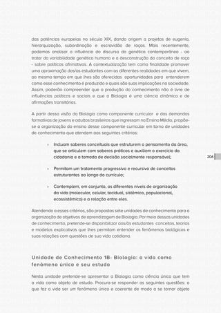 CONSULTA PÚBLICA CONSULTA PÚBLICA CONSULTA PÚBLICA
CONSULTA PÚBLICA CONSULTA PÚBLICA CONSULTA PÚBLICA
CONSULTA PÚBLICA CONSULTA PÚBLICA CONSULTA PÚBLICA
CONSULTA PÚBLICA CONSULTA PÚBLICA CONSULTA PÚBLICA
CONSULTA PÚBLICA CONSULTA PÚBLICA CONSULTA PÚBLICA
CONSULTA PÚBLICA CONSULTA PÚBLICA CONSULTA PÚBLICA
CONSULTA PÚBLICA CONSULTA PÚBLICA CONSULTA PÚBLICA
CONSULTA PÚBLICA CONSULTA PÚBLICA CONSULTA PÚBLICA
CONSULTA PÚBLICA CONSULTA PÚBLICA CONSULTA PÚBLICA
CONSULTA PÚBLICA CONSULTA PÚBLICA CONSULTA PÚBLICA
CONSULTA PÚBLICA CONSULTA PÚBLICA CONSULTA PÚBLICA
CONSULTA PÚBLICA CONSULTA PÚBLICA CONSULTA PÚBLICA
CONSULTA PÚBLICA CONSULTA PÚBLICA CONSULTA PÚBLICA
CONSULTA PÚBLICA CONSULTA PÚBLICA CONSULTA PÚBLICA
CONSULTA PÚBLICA CONSULTA PÚBLICA CONSULTA PÚBLICA
CONSULTA PÚBLICA CONSULTA PÚBLICA CONSULTA PÚBLICA
CONSULTA PÚBLICA CONSULTA PÚBLICA CONSULTA PÚBLICA
CONSULTA PÚBLICA CONSULTA PÚBLICA CONSULTA PÚBLICA
CONSULTA PÚBLICA CONSULTA PÚBLICA CONSULTA PÚBLICA
CONSULTA PÚBLICA CONSULTA PÚBLICA CONSULTA PÚBLICA
CONSULTA PÚBLICA CONSULTA PÚBLICA CONSULTA PÚBLICA
CONSULTA PÚBLICA CONSULTA PÚBLICA CONSULTA PÚBLICA
CONSULTA PÚBLICA CONSULTA PÚBLICA CONSULTA PÚBLICA
CONSULTA PÚBLICA CONSULTA PÚBLICA CONSULTA PÚBLICA
CONSULTA PÚBLICA CONSULTA PÚBLICA CONSULTA PÚBLICA
CONSULTA PÚBLICA CONSULTA PÚBLICA CONSULTA PÚBLICA
CONSULTA PÚBLICA CONSULTA PÚBLICA CONSULTA PÚBLICA
CONSULTA PÚBLICA CONSULTA PÚBLICA CONSULTA PÚBLICA
CONSULTA PÚBLICA CONSULTA PÚBLICA CONSULTA PÚBLICA
CONSULTA PÚBLICA CONSULTA PÚBLICA CONSULTA PÚBLICA
CONSULTA PÚBLICA CONSULTA PÚBLICA CONSULTA PÚBLICA
CONSULTA PÚBLICA CONSULTA PÚBLICA CONSULTA PÚBLICA
CONSULTA PÚBLICA CONSULTA PÚBLICA CONSULTA PÚBLICA
CONSULTA PÚBLICA CONSULTA PÚBLICA CONSULTA PÚBLICA
206
das potências europeias no século XIX, dando origem a projetos de eugenia,
hierarquização, subordinação e escravidão de raças. Mais recentemente,
podemos analisar a influência do discurso da genética contemporânea - ao
tratar da variabilidade genética humana e a desconstrução do conceito de raça
- sobre políticas afirmativas. A contextualização tem como finalidade promover
uma aproximação dos/as estudantes com as diferentes realidades em que vivem,
ao mesmo tempo em que lhes são oferecidas oportunidades para entenderem
como esse conhecimento é produzido e quais são suas implicações na sociedade.
Assim, poderão compreender que a produção do conhecimento não é livre de
influências políticas e sociais e que a Biologia é uma ciência dinâmica e de
afirmações transitórias.
A partir dessa visão da Biologia como componente curricular e das demandas
formativas de jovens e adultos brasileiros que ingressam no Ensino Médio, propõe-
se a organização do ensino desse componente curricular em torno de unidades
de conhecimento que atendem aos seguintes critérios:
»» Incluam saberes conceituais que estruturem o pensamento da área,
que se articulem com saberes práticos e auxiliem o exercício da
cidadania e a tomada de decisão socialmente responsável;
»» Permitam um tratamento progressivo e recursivo de conceitos
estruturantes ao longo do currículo;
»» Contemplem, em conjunto, os diferentes níveis de organização
da vida (molecular, celular, tecidual, sistêmico, populacional,
ecossistêmico) e a relação entre eles.
Atendendo a esses critérios, são propostas sete unidades de conhecimento para a
organização de objetivos de aprendizagem de Biologia. Por meio dessas unidades
de conhecimento, pretende-se disponibilizar aos/às estudantes conceitos, teorias
e modelos explicativos que lhes permitam entender os fenômenos biológicos e
suas relações com questões de sua vida cotidiana.
Unidade de Conhecimento 1B- Biologia: a vida como
fenômeno único e seu estudo
Nesta unidade pretende-se apresentar a Biologia como ciência única que tem
a vida como objeto de estudo. Procura-se responder as seguintes questões: o
que faz a vida ser um fenômeno único e coerente de modo a se tornar objeto
 