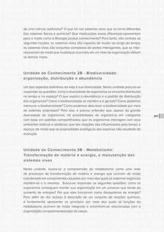 CONSULTA PÚBLICA CONSULTA PÚBLICA CONSULTA PÚBLICA
CONSULTA PÚBLICA CONSULTA PÚBLICA CONSULTA PÚBLICA
CONSULTA PÚBLICA CONSULTA PÚBLICA CONSULTA PÚBLICA
CONSULTA PÚBLICA CONSULTA PÚBLICA CONSULTA PÚBLICA
CONSULTA PÚBLICA CONSULTA PÚBLICA CONSULTA PÚBLICA
CONSULTA PÚBLICA CONSULTA PÚBLICA CONSULTA PÚBLICA
CONSULTA PÚBLICA CONSULTA PÚBLICA CONSULTA PÚBLICA
CONSULTA PÚBLICA CONSULTA PÚBLICA CONSULTA PÚBLICA
CONSULTA PÚBLICA CONSULTA PÚBLICA CONSULTA PÚBLICA
CONSULTA PÚBLICA CONSULTA PÚBLICA CONSULTA PÚBLICA
CONSULTA PÚBLICA CONSULTA PÚBLICA CONSULTA PÚBLICA
CONSULTA PÚBLICA CONSULTA PÚBLICA CONSULTA PÚBLICA
CONSULTA PÚBLICA CONSULTA PÚBLICA CONSULTA PÚBLICA
CONSULTA PÚBLICA CONSULTA PÚBLICA CONSULTA PÚBLICA
CONSULTA PÚBLICA CONSULTA PÚBLICA CONSULTA PÚBLICA
CONSULTA PÚBLICA CONSULTA PÚBLICA CONSULTA PÚBLICA
CONSULTA PÚBLICA CONSULTA PÚBLICA CONSULTA PÚBLICA
CONSULTA PÚBLICA CONSULTA PÚBLICA CONSULTA PÚBLICA
CONSULTA PÚBLICA CONSULTA PÚBLICA CONSULTA PÚBLICA
CONSULTA PÚBLICA CONSULTA PÚBLICA CONSULTA PÚBLICA
CONSULTA PÚBLICA CONSULTA PÚBLICA CONSULTA PÚBLICA
CONSULTA PÚBLICA CONSULTA PÚBLICA CONSULTA PÚBLICA
CONSULTA PÚBLICA CONSULTA PÚBLICA CONSULTA PÚBLICA
CONSULTA PÚBLICA CONSULTA PÚBLICA CONSULTA PÚBLICA
CONSULTA PÚBLICA CONSULTA PÚBLICA CONSULTA PÚBLICA
CONSULTA PÚBLICA CONSULTA PÚBLICA CONSULTA PÚBLICA
CONSULTA PÚBLICA CONSULTA PÚBLICA CONSULTA PÚBLICA
CONSULTA PÚBLICA CONSULTA PÚBLICA CONSULTA PÚBLICA
CONSULTA PÚBLICA CONSULTA PÚBLICA CONSULTA PÚBLICA
CONSULTA PÚBLICA CONSULTA PÚBLICA CONSULTA PÚBLICA
CONSULTA PÚBLICA CONSULTA PÚBLICA CONSULTA PÚBLICA
CONSULTA PÚBLICA CONSULTA PÚBLICA CONSULTA PÚBLICA
CONSULTA PÚBLICA CONSULTA PÚBLICA CONSULTA PÚBLICA
CONSULTA PÚBLICA CONSULTA PÚBLICA CONSULTA PÚBLICA
207
de uma ciência autônoma? O que há nos sistemas vivos que os torna diferentes
dos sistemas físicos e químicos? Que implicações essas diferenças apresentam
para o modo como a Biologia produz conhecimento? Para tanto, são centrais as
seguintes noções: os sistemas vivos são capazes de mudar ao longo do tempo;
os sistemas vivos são conjuntos complexos de partes interagentes, que se inter-
relacionam de modo que mudanças ocorridas em um nível de organização afetam
os demais níveis.
Unidade de Conhecimento 2B - Biodiversidade:
organização, distribuição e abundância
Um dos aspectos distintivos da vida é sua diversidade. Nesta unidade procura-se
responder as questões: como a diversidade de organismos se encontra distribuída
no tempo e no espaço? O que explica a abundância e o padrão de distribuição
dos organismos? Como a biodiversidade se mantém e é gerada? Como podemos
mensurar a biodiversidade? Como podemos descrever a biodiversidade por meio
de sistemas ordenados? Para isso, é preciso entender que, apesar da grande
diversidade de organismos, há possibilidades de organizá-la em categorias
com base em padrões compartilhados; que os organismos interagem com seus
ambientes bióticos e abióticos; que tais relações são influenciadas pelo tempo e
espaço, de modo que as propriedades ecológicas das espécies são resultado da
evolução.
Unidade de Conhecimento 3B - Metabolismo:
Transformação de matéria e energia, e manutenção dos
sistemas vivos
Nesta unidade, busca-se a compreensão do metabolismo como uma rede
de processos de transformação de matéria e energia que ocorrem de modo
coordenado em componentes celulares por meio dos quais os sistemas orgânicos
mantêm-se a si mesmos. Busca-se responder as seguintes questões: como os
organismos conseguem manter sua organização em um universo que tende ao
aumento de entropia? Por que eles funcionam como dissipadores de energia?
Para além de dar acesso à descrição de um conjunto de reações químicas,
é fundamental apresentar os princípios por meio dos quais as funções do
metabolismo ocorrem de modo integrado e encontram-se relacionadas com a
organização compartimentalizada da célula.
 