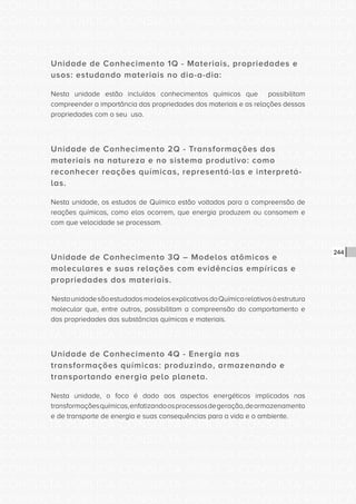 CONSULTA PÚBLICA CONSULTA PÚBLICA CONSULTA PÚBLICA
CONSULTA PÚBLICA CONSULTA PÚBLICA CONSULTA PÚBLICA
CONSULTA PÚBLICA CONSULTA PÚBLICA CONSULTA PÚBLICA
CONSULTA PÚBLICA CONSULTA PÚBLICA CONSULTA PÚBLICA
CONSULTA PÚBLICA CONSULTA PÚBLICA CONSULTA PÚBLICA
CONSULTA PÚBLICA CONSULTA PÚBLICA CONSULTA PÚBLICA
CONSULTA PÚBLICA CONSULTA PÚBLICA CONSULTA PÚBLICA
CONSULTA PÚBLICA CONSULTA PÚBLICA CONSULTA PÚBLICA
CONSULTA PÚBLICA CONSULTA PÚBLICA CONSULTA PÚBLICA
CONSULTA PÚBLICA CONSULTA PÚBLICA CONSULTA PÚBLICA
CONSULTA PÚBLICA CONSULTA PÚBLICA CONSULTA PÚBLICA
CONSULTA PÚBLICA CONSULTA PÚBLICA CONSULTA PÚBLICA
CONSULTA PÚBLICA CONSULTA PÚBLICA CONSULTA PÚBLICA
CONSULTA PÚBLICA CONSULTA PÚBLICA CONSULTA PÚBLICA
CONSULTA PÚBLICA CONSULTA PÚBLICA CONSULTA PÚBLICA
CONSULTA PÚBLICA CONSULTA PÚBLICA CONSULTA PÚBLICA
CONSULTA PÚBLICA CONSULTA PÚBLICA CONSULTA PÚBLICA
CONSULTA PÚBLICA CONSULTA PÚBLICA CONSULTA PÚBLICA
CONSULTA PÚBLICA CONSULTA PÚBLICA CONSULTA PÚBLICA
CONSULTA PÚBLICA CONSULTA PÚBLICA CONSULTA PÚBLICA
CONSULTA PÚBLICA CONSULTA PÚBLICA CONSULTA PÚBLICA
CONSULTA PÚBLICA CONSULTA PÚBLICA CONSULTA PÚBLICA
CONSULTA PÚBLICA CONSULTA PÚBLICA CONSULTA PÚBLICA
CONSULTA PÚBLICA CONSULTA PÚBLICA CONSULTA PÚBLICA
CONSULTA PÚBLICA CONSULTA PÚBLICA CONSULTA PÚBLICA
CONSULTA PÚBLICA CONSULTA PÚBLICA CONSULTA PÚBLICA
CONSULTA PÚBLICA CONSULTA PÚBLICA CONSULTA PÚBLICA
CONSULTA PÚBLICA CONSULTA PÚBLICA CONSULTA PÚBLICA
CONSULTA PÚBLICA CONSULTA PÚBLICA CONSULTA PÚBLICA
CONSULTA PÚBLICA CONSULTA PÚBLICA CONSULTA PÚBLICA
CONSULTA PÚBLICA CONSULTA PÚBLICA CONSULTA PÚBLICA
CONSULTA PÚBLICA CONSULTA PÚBLICA CONSULTA PÚBLICA
CONSULTA PÚBLICA CONSULTA PÚBLICA CONSULTA PÚBLICA
CONSULTA PÚBLICA CONSULTA PÚBLICA CONSULTA PÚBLICA
244
Unidade de Conhecimento 1Q - Materiais, propriedades e
usos: estudando materiais no dia-a-dia:
Nesta unidade estão incluídos conhecimentos químicos que possibilitam
compreender a importância das propriedades dos materiais e as relações dessas
propriedades com o seu uso.
Unidade de Conhecimento 2Q - Transformações dos
materiais na natureza e no sistema produtivo: como
reconhecer reações químicas, representá-las e interpretá-
las.
Nesta unidade, os estudos de Química estão voltados para a compreensão de
reações químicas, como elas ocorrem, que energia produzem ou consomem e
com que velocidade se processam.
Unidade de Conhecimento 3Q – Modelos atômicos e
moleculares e suas relações com evidências empíricas e
propriedades dos materiais.
NestaunidadesãoestudadosmodelosexplicativosdaQuímicarelativosàestrutura
molecular que, entre outros, possibilitam a compreensão do comportamento e
das propriedades das substâncias químicas e materiais.
Unidade de Conhecimento 4Q - Energia nas
transformações químicas: produzindo, armazenando e
transportando energia pelo planeta.
Nesta unidade, o foco é dado aos aspectos energéticos implicados nas
transformaçõesquímicas,enfatizandoosprocessosdegeração,dearmazenamento
e de transporte de energia e suas consequências para a vida e o ambiente.
 