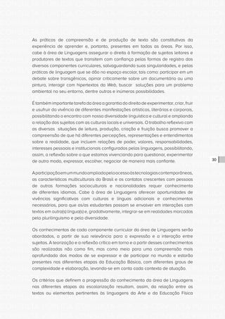 CONSULTA PÚBLICA CONSULTA PÚBLICA CONSULTA PÚBLICA
CONSULTA PÚBLICA CONSULTA PÚBLICA CONSULTA PÚBLICA
CONSULTA PÚBLICA CONSULTA PÚBLICA CONSULTA PÚBLICA
CONSULTA PÚBLICA CONSULTA PÚBLICA CONSULTA PÚBLICA
CONSULTA PÚBLICA CONSULTA PÚBLICA CONSULTA PÚBLICA
CONSULTA PÚBLICA CONSULTA PÚBLICA CONSULTA PÚBLICA
CONSULTA PÚBLICA CONSULTA PÚBLICA CONSULTA PÚBLICA
CONSULTA PÚBLICA CONSULTA PÚBLICA CONSULTA PÚBLICA
CONSULTA PÚBLICA CONSULTA PÚBLICA CONSULTA PÚBLICA
CONSULTA PÚBLICA CONSULTA PÚBLICA CONSULTA PÚBLICA
CONSULTA PÚBLICA CONSULTA PÚBLICA CONSULTA PÚBLICA
CONSULTA PÚBLICA CONSULTA PÚBLICA CONSULTA PÚBLICA
CONSULTA PÚBLICA CONSULTA PÚBLICA CONSULTA PÚBLICA
CONSULTA PÚBLICA CONSULTA PÚBLICA CONSULTA PÚBLICA
CONSULTA PÚBLICA CONSULTA PÚBLICA CONSULTA PÚBLICA
CONSULTA PÚBLICA CONSULTA PÚBLICA CONSULTA PÚBLICA
CONSULTA PÚBLICA CONSULTA PÚBLICA CONSULTA PÚBLICA
CONSULTA PÚBLICA CONSULTA PÚBLICA CONSULTA PÚBLICA
CONSULTA PÚBLICA CONSULTA PÚBLICA CONSULTA PÚBLICA
CONSULTA PÚBLICA CONSULTA PÚBLICA CONSULTA PÚBLICA
CONSULTA PÚBLICA CONSULTA PÚBLICA CONSULTA PÚBLICA
CONSULTA PÚBLICA CONSULTA PÚBLICA CONSULTA PÚBLICA
CONSULTA PÚBLICA CONSULTA PÚBLICA CONSULTA PÚBLICA
CONSULTA PÚBLICA CONSULTA PÚBLICA CONSULTA PÚBLICA
CONSULTA PÚBLICA CONSULTA PÚBLICA CONSULTA PÚBLICA
CONSULTA PÚBLICA CONSULTA PÚBLICA CONSULTA PÚBLICA
CONSULTA PÚBLICA CONSULTA PÚBLICA CONSULTA PÚBLICA
CONSULTA PÚBLICA CONSULTA PÚBLICA CONSULTA PÚBLICA
CONSULTA PÚBLICA CONSULTA PÚBLICA CONSULTA PÚBLICA
CONSULTA PÚBLICA CONSULTA PÚBLICA CONSULTA PÚBLICA
CONSULTA PÚBLICA CONSULTA PÚBLICA CONSULTA PÚBLICA
CONSULTA PÚBLICA CONSULTA PÚBLICA CONSULTA PÚBLICA
CONSULTA PÚBLICA CONSULTA PÚBLICA CONSULTA PÚBLICA
CONSULTA PÚBLICA CONSULTA PÚBLICA CONSULTA PÚBLICA
30
As práticas de compreensão e de produção de texto são constitutivas da
experiência de aprender e, portanto, presentes em todas as áreas. Por isso,
cabe à área de Linguagens assegurar o direito à formação de sujeitos leitores e
produtores de textos que transitem com confiança pelas formas de registro dos
diversos componentes curriculares, salvaguardando suas singularidades, e pelas
práticas de linguagem que se dão no espaço escolar, tais como: participar em um
debate sobre transgênicos, opinar criticamente sobre um documentário ou uma
pintura, interagir com hipertextos da Web, buscar soluções para um problema
ambiental no seu entorno, dentre outras e inúmeras possibilidades.
Étambémimportantetarefadaáreaagarantiadodireitodeexperimentar,criar,fruir
e usufruir da vivência de diferentes manifestações artísticas, literárias e corporais,
possibilitando o encontro com nossa diversidade linguística e cultural e ampliando
a relação dos sujeitos com as culturas locais e universais. O trabalho reflexivo com
as diversas situações de leitura, produção, criação e fruição busca promover a
compreensão de que há diferentes percepções, representações e entendimentos
sobre a realidade, que incluem relações de poder, valores, responsabilidades,
interesses pessoais e institucionais configurados pelas linguagens, possibilitando,
assim, a reflexão sobre o que estamos vivenciando para questionar, experimentar
de outro modo, expressar, escolher, negociar de maneira mais confiante.
Aparticipaçãoemummundoampliadopeloacessoàstecnologiascontemporâneas,
as características multiculturais do Brasil e os contatos crescentes com pessoas
de outras formações socioculturais e nacionalidades requer conhecimento
de diferentes idiomas. Cabe à área de Linguagens oferecer oportunidades de
vivências significativas com culturas e línguas adicionais e conhecimentos
necessários, para que os/as estudantes possam se envolver em interações com
textos em outra(s) língua(s) e, gradativamente, integrar-se em realidades marcadas
pelo plurilinguismo e pela diversidade.
Os conhecimentos de cada componente curricular da área de Linguagens serão
abordados, a partir de sua relevância para a expressão e a interação entre
sujeitos. A teorização e a reflexão crítica em torno e a partir desses conhecimentos
são realizadas não como fim, mas como meio para uma compreensão mais
aprofundada dos modos de se expressar e de participar no mundo e estarão
presentes nas diferentes etapas da Educação Básica, com diferentes graus de
complexidade e elaboração, levando-se em conta cada contexto de atuação.
Os critérios que definem a progressão do conhecimento da área de Linguagens
nas diferentes etapas da escolarização resultam, assim, da relação entre os
textos ou elementos pertinentes às linguagens da Arte e da Educação Física
 