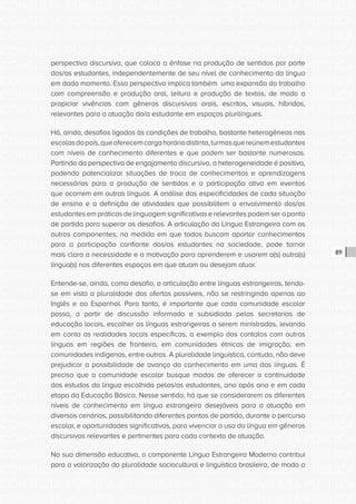 CONSULTA PÚBLICA CONSULTA PÚBLICA CONSULTA PÚBLICA
CONSULTA PÚBLICA CONSULTA PÚBLICA CONSULTA PÚBLICA
CONSULTA PÚBLICA CONSULTA PÚBLICA CONSULTA PÚBLICA
CONSULTA PÚBLICA CONSULTA PÚBLICA CONSULTA PÚBLICA
CONSULTA PÚBLICA CONSULTA PÚBLICA CONSULTA PÚBLICA
CONSULTA PÚBLICA CONSULTA PÚBLICA CONSULTA PÚBLICA
CONSULTA PÚBLICA CONSULTA PÚBLICA CONSULTA PÚBLICA
CONSULTA PÚBLICA CONSULTA PÚBLICA CONSULTA PÚBLICA
CONSULTA PÚBLICA CONSULTA PÚBLICA CONSULTA PÚBLICA
CONSULTA PÚBLICA CONSULTA PÚBLICA CONSULTA PÚBLICA
CONSULTA PÚBLICA CONSULTA PÚBLICA CONSULTA PÚBLICA
CONSULTA PÚBLICA CONSULTA PÚBLICA CONSULTA PÚBLICA
CONSULTA PÚBLICA CONSULTA PÚBLICA CONSULTA PÚBLICA
CONSULTA PÚBLICA CONSULTA PÚBLICA CONSULTA PÚBLICA
CONSULTA PÚBLICA CONSULTA PÚBLICA CONSULTA PÚBLICA
CONSULTA PÚBLICA CONSULTA PÚBLICA CONSULTA PÚBLICA
CONSULTA PÚBLICA CONSULTA PÚBLICA CONSULTA PÚBLICA
CONSULTA PÚBLICA CONSULTA PÚBLICA CONSULTA PÚBLICA
CONSULTA PÚBLICA CONSULTA PÚBLICA CONSULTA PÚBLICA
CONSULTA PÚBLICA CONSULTA PÚBLICA CONSULTA PÚBLICA
CONSULTA PÚBLICA CONSULTA PÚBLICA CONSULTA PÚBLICA
CONSULTA PÚBLICA CONSULTA PÚBLICA CONSULTA PÚBLICA
CONSULTA PÚBLICA CONSULTA PÚBLICA CONSULTA PÚBLICA
CONSULTA PÚBLICA CONSULTA PÚBLICA CONSULTA PÚBLICA
CONSULTA PÚBLICA CONSULTA PÚBLICA CONSULTA PÚBLICA
CONSULTA PÚBLICA CONSULTA PÚBLICA CONSULTA PÚBLICA
CONSULTA PÚBLICA CONSULTA PÚBLICA CONSULTA PÚBLICA
CONSULTA PÚBLICA CONSULTA PÚBLICA CONSULTA PÚBLICA
CONSULTA PÚBLICA CONSULTA PÚBLICA CONSULTA PÚBLICA
CONSULTA PÚBLICA CONSULTA PÚBLICA CONSULTA PÚBLICA
CONSULTA PÚBLICA CONSULTA PÚBLICA CONSULTA PÚBLICA
CONSULTA PÚBLICA CONSULTA PÚBLICA CONSULTA PÚBLICA
CONSULTA PÚBLICA CONSULTA PÚBLICA CONSULTA PÚBLICA
CONSULTA PÚBLICA CONSULTA PÚBLICA CONSULTA PÚBLICA
89
perspectiva discursiva, que coloca a ênfase na produção de sentidos por parte
dos/as estudantes, independentemente de seu nível de conhecimento da língua
em dado momento. Essa perspectiva implica também uma expansão do trabalho
com compreensão e produção oral, leitura e produção de textos, de modo a
propiciar vivências com gêneros discursivos orais, escritos, visuais, híbridos,
relevantes para a atuação do/a estudante em espaços plurilíngues.
Há, ainda, desafios ligados às condições de trabalho, bastante heterogêneas nas
escolasdopaís,queoferecemcargahoráriadistinta,turmasquereúnemestudantes
com níveis de conhecimento diferentes e que podem ser bastante numerosas.
Partindo da perspectiva de engajamento discursivo, a heterogeneidade é positiva,
podendo potencializar situações de troca de conhecimentos e aprendizagens
necessárias para a produção de sentidos e a participação ativa em eventos
que ocorrem em outras línguas. A análise das especificidades de cada situação
de ensino e a definição de atividades que possibilitem o envolvimento dos/as
estudantes em práticas de linguagem significativas e relevantes podem ser o ponto
de partida para superar os desafios. A articulação da Língua Estrangeira com os
outros componentes, na medida em que todos buscam aportar conhecimentos
para a participação confiante dos/as estudantes na sociedade, pode tornar
mais clara a necessidade e a motivação para aprenderem e usarem a(s) outra(s)
língua(s) nos diferentes espaços em que atuam ou desejam atuar.
Entende-se, ainda, como desafio, a articulação entre línguas estrangeiras, tendo-
se em vista a pluralidade das ofertas possíveis, não se restringindo apenas ao
Inglês e ao Espanhol. Para tanto, é importante que cada comunidade escolar
possa, a partir de discussão informada e subsidiada pelas secretarias de
educação locais, escolher as línguas estrangeiras a serem ministradas, levando
em conta as realidades locais específicas, a exemplo dos contatos com outras
línguas em regiões de fronteira, em comunidades étnicas de imigração, em
comunidades indígenas, entre outras. A pluralidade linguística, contudo, não deve
prejudicar a possibilidade de avanço do conhecimento em uma das línguas. É
preciso que a comunidade escolar busque modos de oferecer a continuidade
dos estudos da língua escolhida pelos/as estudantes, ano após ano e em cada
etapa da Educação Básica. Nesse sentido, há que se considerarem os diferentes
níveis de conhecimento em língua estrangeira desejáveis para a atuação em
diversos cenários, possibilitando diferentes pontos de partida, durante o percurso
escolar, e oportunidades significativas, para vivenciar o uso da língua em gêneros
discursivos relevantes e pertinentes para cada contexto de atuação.
Na sua dimensão educativa, o componente Língua Estrangeira Moderna contribui
para a valorização da pluralidade sociocultural e linguística brasileira, de modo a
 