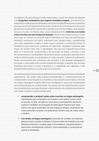 CONSULTA PÚBLICA CONSULTA PÚBLICA CONSULTA PÚBLICA
CONSULTA PÚBLICA CONSULTA PÚBLICA CONSULTA PÚBLICA
CONSULTA PÚBLICA CONSULTA PÚBLICA CONSULTA PÚBLICA
CONSULTA PÚBLICA CONSULTA PÚBLICA CONSULTA PÚBLICA
CONSULTA PÚBLICA CONSULTA PÚBLICA CONSULTA PÚBLICA
CONSULTA PÚBLICA CONSULTA PÚBLICA CONSULTA PÚBLICA
CONSULTA PÚBLICA CONSULTA PÚBLICA CONSULTA PÚBLICA
CONSULTA PÚBLICA CONSULTA PÚBLICA CONSULTA PÚBLICA
CONSULTA PÚBLICA CONSULTA PÚBLICA CONSULTA PÚBLICA
CONSULTA PÚBLICA CONSULTA PÚBLICA CONSULTA PÚBLICA
CONSULTA PÚBLICA CONSULTA PÚBLICA CONSULTA PÚBLICA
CONSULTA PÚBLICA CONSULTA PÚBLICA CONSULTA PÚBLICA
CONSULTA PÚBLICA CONSULTA PÚBLICA CONSULTA PÚBLICA
CONSULTA PÚBLICA CONSULTA PÚBLICA CONSULTA PÚBLICA
CONSULTA PÚBLICA CONSULTA PÚBLICA CONSULTA PÚBLICA
CONSULTA PÚBLICA CONSULTA PÚBLICA CONSULTA PÚBLICA
CONSULTA PÚBLICA CONSULTA PÚBLICA CONSULTA PÚBLICA
CONSULTA PÚBLICA CONSULTA PÚBLICA CONSULTA PÚBLICA
CONSULTA PÚBLICA CONSULTA PÚBLICA CONSULTA PÚBLICA
CONSULTA PÚBLICA CONSULTA PÚBLICA CONSULTA PÚBLICA
CONSULTA PÚBLICA CONSULTA PÚBLICA CONSULTA PÚBLICA
CONSULTA PÚBLICA CONSULTA PÚBLICA CONSULTA PÚBLICA
CONSULTA PÚBLICA CONSULTA PÚBLICA CONSULTA PÚBLICA
CONSULTA PÚBLICA CONSULTA PÚBLICA CONSULTA PÚBLICA
CONSULTA PÚBLICA CONSULTA PÚBLICA CONSULTA PÚBLICA
CONSULTA PÚBLICA CONSULTA PÚBLICA CONSULTA PÚBLICA
CONSULTA PÚBLICA CONSULTA PÚBLICA CONSULTA PÚBLICA
CONSULTA PÚBLICA CONSULTA PÚBLICA CONSULTA PÚBLICA
CONSULTA PÚBLICA CONSULTA PÚBLICA CONSULTA PÚBLICA
CONSULTA PÚBLICA CONSULTA PÚBLICA CONSULTA PÚBLICA
CONSULTA PÚBLICA CONSULTA PÚBLICA CONSULTA PÚBLICA
CONSULTA PÚBLICA CONSULTA PÚBLICA CONSULTA PÚBLICA
CONSULTA PÚBLICA CONSULTA PÚBLICA CONSULTA PÚBLICA
CONSULTA PÚBLICA CONSULTA PÚBLICA CONSULTA PÚBLICA
92
Os objetivos de aprendizagem estão organizados, a partir de campos de atuação
e de perguntas norteadoras que sugerem temáticas amplas, que deverão ser
adaptadasacadagrupodeestudantes,tornando-asespecíficasaosseuscontextos
para que se tornem significativas para eles. Parte-se de uma perspectiva de ciclos
de dois anos no Ensino Fundamental e de três anos no Ensino Médio, entendendo-
se que, em cada um desses ciclos, os/as estudantes terão vivências com textos
orais e escritos nos seis campos de atuação. Desse modo, espera-se que, a cada
dois anos, os campos de atuação sejam retomados por meio de leitura/escuta,
produção oral/escrita de textos relevantes para aquela etapa, possibilitando
que os/as estudantes revejam e deem novos contornos e aprofundamentos às
temáticas e que atuem com confiança em diferentes interações mediadas pela
língua em estudo. Para isso, a abordagem dos recursos linguístico-discursivos
deve vir a serviço da compreensão e da produção de textos e priorizar o que
for relevante para a participação nas práticas sociais focalizadas, levando-se em
conta os interlocutores e os propósitos em cada situação. Cabe ao/à professor/a,
tendo conhecimento dos repertórios, das atuações e dos projetos pedagógicos
em pauta, a articulação entre os seis campos de atuação, a seleção dos recursos
linguístico-discursivos a serem estudados e a adaptação dos objetivos e dos
procedimentos didáticos a cada grupo de estudantes.
Durantetodoopercursoescolar,osobjetivosdeaprendizagemenvolveminterações
significativas com textos na(s) língua(s) estrangeira(s) e o desenvolvimento da
compreensão e da produção oral, da leitura e da produção escrita. Essas vivências
em língua estrangeira exigirão diferentes abordagens e graus de complexidade
nas distintas etapas de escolarização, de acordo com os conhecimentos prévios
dos/as estudantes e as especificidades e demandas de seu contexto sociocultural,
com vistas a propiciar oportunidades para:
ƒƒ compreender e produzir textos orais e escritos na língua estrangeira,
entendendo que a interação com o texto é uma prática social, isto é,
na escuta, na fala, na leitura e na escrita, os participantes levam em
conta as condições de produção do texto (quem fala/escreve, para
quem, com quais propósitos, em que espaço e tempo), reconhecem as
vozes presentes no texto e se posicionam frente a elas de modo crítico
e criativo;
ƒƒ fruir textos na língua estrangeira, entrando em contato com diversos
gêneros orais, escritos e híbridos, inclusive textos da tradição oral e da
literatura universal, canções, jogos e brincadeiras, compreendendo o
texto como manifestação cultural e como expressão e construção de
autoria e identidade;
 