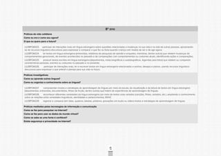 CONSULTAPÚBLICACONSULTAPÚBLICACONSULTAPÚBLICA
CONSULTAPÚBLICACONSULTAPÚBLICACONSULTAPÚBLICA
CONSULTAPÚBLICACONSULTAPÚBLICACONSULTAPÚBLICA
CONSULTAPÚBLICACONSULTAPÚBLICACONSULTAPÚBLICA
CONSULTAPÚBLICACONSULTAPÚBLICACONSULTAPÚBLICA
CONSULTAPÚBLICACONSULTAPÚBLICACONSULTAPÚBLICA
CONSULTAPÚBLICACONSULTAPÚBLICACONSULTAPÚBLICA
CONSULTAPÚBLICACONSULTAPÚBLICACONSULTAPÚBLICA
CONSULTAPÚBLICACONSULTAPÚBLICACONSULTAPÚBLICA
CONSULTAPÚBLICACONSULTAPÚBLICACONSULTAPÚBLICA
CONSULTAPÚBLICACONSULTAPÚBLICACONSULTAPÚBLICA
CONSULTAPÚBLICACONSULTAPÚBLICACONSULTAPÚBLICA
CONSULTAPÚBLICACONSULTAPÚBLICACONSULTAPÚBLICA
CONSULTAPÚBLICACONSULTAPÚBLICACONSULTAPÚBLICA
CONSULTAPÚBLICACONSULTAPÚBLICACONSULTAPÚBLICA
CONSULTAPÚBLICACONSULTAPÚBLICACONSULTAPÚBLICA
CONSULTAPÚBLICACONSULTAPÚBLICACONSULTAPÚBLICA
CONSULTAPÚBLICACONSULTAPÚBLICACONSULTAPÚBLICA
CONSULTAPÚBLICACONSULTAPÚBLICACONSULTAPÚBLICA
CONSULTAPÚBLICACONSULTAPÚBLICACONSULTAPÚBLICA
CONSULTAPÚBLICACONSULTAPÚBLICACONSULTAPÚBLICA
CONSULTAPÚBLICACONSULTAPÚBLICACONSULTAPÚBLICA
CONSULTAPÚBLICACONSULTAPÚBLICACONSULTAPÚBLICA
CONSULTAPÚBLICACONSULTAPÚBLICACONSULTAPÚBLICA
CONSULTAPÚBLICACONSULTAPÚBLICACONSULTAPÚBLICA
CONSULTAPÚBLICACONSULTAPÚBLICACONSULTAPÚBLICA
CONSULTAPÚBLICACONSULTAPÚBLICACONSULTAPÚBLICA
CONSULTAPÚBLICACONSULTAPÚBLICACONSULTAPÚBLICA
CONSULTAPÚBLICACONSULTAPÚBLICACONSULTAPÚBLICA
CONSULTAPÚBLICACONSULTAPÚBLICACONSULTAPÚBLICA
CONSULTAPÚBLICACONSULTAPÚBLICACONSULTAPÚBLICA
CONSULTAPÚBLICACONSULTAPÚBLICACONSULTAPÚBLICA
CONSULTAPÚBLICACONSULTAPÚBLICACONSULTAPÚBLICA
CONSULTAPÚBLICACONSULTAPÚBLICACONSULTAPÚBLICA
97
8º ano
Práticas da vida cotidiana
Como eu era e como sou agora?
O que eu quero para o futuro?
LILE8FOA023. participar de interações orais em língua estrangeira sobre questões relacionadas a mudanças na sua vida e na vida de outras pessoas, apropriando-
se de recursos linguístico-discursivos para expressar e comparar o que fez ou fazia quando criança com modos de ser e de agir agora;
LILE8FOA024. ler textos em língua estrangeira (entrevistas, relatórios de pesquisas de opinião e enquetes, memórias, dentre outros) que relatem mudanças de
comportamentos geracionais, de eventos acontecidos no passado e de comparações com comportamentos ou costumes atuais, identificando ações e comparações;
LILE8FOA025. produzir textos escritos em língua estrangeira (depoimentos, notas biográficas e autobiográficas, legendas para fotos) que relatem ou comparem
características pessoais, eventos ou costumes no passado e no presente;
LILE8FOA026. participar de interações orais, ler e escrever textos em língua estrangeira relacionados a sonhos, desejos e planos, usando recursos linguístico-
discursivos para expressar o que antevê e planeja para sua vida no futuro.
Práticas investigativas
Como eu aprendo outras línguas?
Como eu organizo o conhecimento sobre as línguas?
LILE8FOA027. compreender modos e estratégias de aprendizagem de línguas por meio da escuta, da visualização e da leitura de textos em língua estrangeira
(depoimentos, entrevistas, documentários, filmes de ficção, dentre outros) que tratem de experiências de aprendizagem de línguas;
LILE8FOA028. reconhecer diferentes variedades da língua estrangeira por meio de textos orais variados (canções, filmes, seriados, etc.), ampliando o conhecimento
sobre as relações entre variedades linguísticas, identidades e pertencimentos; EDHC
LILE8FOA029. registrar e comparar (em listas, quadros, tabelas, pôsteres, gravações em áudio ou vídeo) modos e estratégias de aprendizagem de línguas.
Práticas mediadas pelas tecnologias de informação e comunicação
Como se faz para pesquisar na Internet?
Como se faz para usar os dados do mundo virtual?
Como se sabe se uma fonte é confiável?
Existe segurança e privacidade na Internet?
 