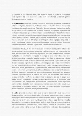 CONSULTA PÚBLICA CONSULTA PÚBLICA CONSULTA PÚBLICA
CONSULTA PÚBLICA CONSULTA PÚBLICA CONSULTA PÚBLICA
CONSULTA PÚBLICA CONSULTA PÚBLICA CONSULTA PÚBLICA
CONSULTA PÚBLICA CONSULTA PÚBLICA CONSULTA PÚBLICA
CONSULTA PÚBLICA CONSULTA PÚBLICA CONSULTA PÚBLICA
CONSULTA PÚBLICA CONSULTA PÚBLICA CONSULTA PÚBLICA
CONSULTA PÚBLICA CONSULTA PÚBLICA CONSULTA PÚBLICA
CONSULTA PÚBLICA CONSULTA PÚBLICA CONSULTA PÚBLICA
CONSULTA PÚBLICA CONSULTA PÚBLICA CONSULTA PÚBLICA
CONSULTA PÚBLICA CONSULTA PÚBLICA CONSULTA PÚBLICA
CONSULTA PÚBLICA CONSULTA PÚBLICA CONSULTA PÚBLICA
CONSULTA PÚBLICA CONSULTA PÚBLICA CONSULTA PÚBLICA
CONSULTA PÚBLICA CONSULTA PÚBLICA CONSULTA PÚBLICA
CONSULTA PÚBLICA CONSULTA PÚBLICA CONSULTA PÚBLICA
CONSULTA PÚBLICA CONSULTA PÚBLICA CONSULTA PÚBLICA
CONSULTA PÚBLICA CONSULTA PÚBLICA CONSULTA PÚBLICA
CONSULTA PÚBLICA CONSULTA PÚBLICA CONSULTA PÚBLICA
CONSULTA PÚBLICA CONSULTA PÚBLICA CONSULTA PÚBLICA
CONSULTA PÚBLICA CONSULTA PÚBLICA CONSULTA PÚBLICA
CONSULTA PÚBLICA CONSULTA PÚBLICA CONSULTA PÚBLICA
CONSULTA PÚBLICA CONSULTA PÚBLICA CONSULTA PÚBLICA
CONSULTA PÚBLICA CONSULTA PÚBLICA CONSULTA PÚBLICA
CONSULTA PÚBLICA CONSULTA PÚBLICA CONSULTA PÚBLICA
CONSULTA PÚBLICA CONSULTA PÚBLICA CONSULTA PÚBLICA
CONSULTA PÚBLICA CONSULTA PÚBLICA CONSULTA PÚBLICA
CONSULTA PÚBLICA CONSULTA PÚBLICA CONSULTA PÚBLICA
CONSULTA PÚBLICA CONSULTA PÚBLICA CONSULTA PÚBLICA
CONSULTA PÚBLICA CONSULTA PÚBLICA CONSULTA PÚBLICA
CONSULTA PÚBLICA CONSULTA PÚBLICA CONSULTA PÚBLICA
CONSULTA PÚBLICA CONSULTA PÚBLICA CONSULTA PÚBLICA
CONSULTA PÚBLICA CONSULTA PÚBLICA CONSULTA PÚBLICA
CONSULTA PÚBLICA CONSULTA PÚBLICA CONSULTA PÚBLICA
CONSULTA PÚBLICA CONSULTA PÚBLICA CONSULTA PÚBLICA
CONSULTA PÚBLICA CONSULTA PÚBLICA CONSULTA PÚBLICA
104
Igualmente, é fundamental assegurar espaços físicos e materiais adequados
para a prática de cada subcomponente, bem como tempo apropriado para o
desenvolvimento do trabalho.
As artes visuais têm como princípio lidar com a imagem através da experiência
estéticaesubjetiva.Destemodo,mobilizaeampliaosmundosinternosdossujeitos,
enriquecendo seus imaginários. É também de sua natureza a experimentação,
manipulação e o uso inventivo de materiais plásticos. Sua prática é geradora de
conhecimentosúnicosquecontribuemparaaparaofortalecimentoeaformaçãode
valores, pertencimentos e identidades individuais e coletivas. Em seu compromisso
com a educação básica, permite que os sujeitos experimentem múltiplas culturas
visuais, convivam com as diferenças e conheçam outros espaços, rompendo os
limites escolares e criando novas possibilidades de interação cultural de acordo
com as questões do cotidiano sejam estas concretas e/ou simbólicas.
No caso da dança, um dos princípios que a constituem como prática artística é o
pensamento e o sentimento do corpo, que implica no pensar por movimentos por
meio da articulação dos processos cognitivos, afecções e experiências sensíveis
implicados no movimento dançado. A dança e seus diferentes protocolos
de investigação e produção artística colocam em foco processos de criação
centrados naquilo que ocorre no/pelo corpo, discutindo e significando relações
de corporeidade e produção estética. A investigação do corpo em movimento
em sua vertente técnica, estética e expressiva, assim como em suas diferentes
matrizes e estilos, permite que o sujeito perceba e se conscientize de afecções,
pulsões e memórias, imagine novas articulações corporais, apropriando-se delas
de forma a exercitar a autoria e a autonomia. O sujeito, ao investir nos aspectos
sensíveis, epistemológicos e formais do corpo em movimento, articulando-os
ao seu contexto, transforma e problematiza percepções acerca do corpo e da
dança através de arranjos que permitirão novas leituras de si, do mundo e da
corporeidade. Tais perspectivas relacionais se constituem de forma espiralada
promovendo o trabalho com a cinestesia, visando, especialmente, a autoria, a
inventividade e o respeito ao outro por meio da experimentação dos diversos
modos de fazer e perceber a dança na atualidade.
O teatro propicia condições para que o sujeito desenvolva sua capacidade
de expressão e comunicação verbal e não verbal, experimentando a potência
pedagógica do trabalho performativo na escola como meio de organizar, construir
e transformar a si mesmo e ao mundo por intermédio do jogo, da improvisação,
da atuação e da encenação. Ao longo da Educação Básica, a atividade teatral,
predominantemente caracterizada como criação coletiva e colaborativa, será
adequada à faixa etária, ao nível de desenvolvimento e interesse dos estudantes,
 