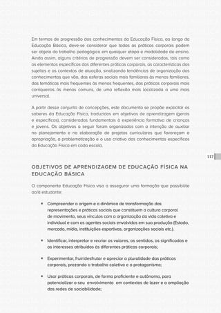 CONSULTA PÚBLICA CONSULTA PÚBLICA CONSULTA PÚBLICA
CONSULTA PÚBLICA CONSULTA PÚBLICA CONSULTA PÚBLICA
CONSULTA PÚBLICA CONSULTA PÚBLICA CONSULTA PÚBLICA
CONSULTA PÚBLICA CONSULTA PÚBLICA CONSULTA PÚBLICA
CONSULTA PÚBLICA CONSULTA PÚBLICA CONSULTA PÚBLICA
CONSULTA PÚBLICA CONSULTA PÚBLICA CONSULTA PÚBLICA
CONSULTA PÚBLICA CONSULTA PÚBLICA CONSULTA PÚBLICA
CONSULTA PÚBLICA CONSULTA PÚBLICA CONSULTA PÚBLICA
CONSULTA PÚBLICA CONSULTA PÚBLICA CONSULTA PÚBLICA
CONSULTA PÚBLICA CONSULTA PÚBLICA CONSULTA PÚBLICA
CONSULTA PÚBLICA CONSULTA PÚBLICA CONSULTA PÚBLICA
CONSULTA PÚBLICA CONSULTA PÚBLICA CONSULTA PÚBLICA
CONSULTA PÚBLICA CONSULTA PÚBLICA CONSULTA PÚBLICA
CONSULTA PÚBLICA CONSULTA PÚBLICA CONSULTA PÚBLICA
CONSULTA PÚBLICA CONSULTA PÚBLICA CONSULTA PÚBLICA
CONSULTA PÚBLICA CONSULTA PÚBLICA CONSULTA PÚBLICA
CONSULTA PÚBLICA CONSULTA PÚBLICA CONSULTA PÚBLICA
CONSULTA PÚBLICA CONSULTA PÚBLICA CONSULTA PÚBLICA
CONSULTA PÚBLICA CONSULTA PÚBLICA CONSULTA PÚBLICA
CONSULTA PÚBLICA CONSULTA PÚBLICA CONSULTA PÚBLICA
CONSULTA PÚBLICA CONSULTA PÚBLICA CONSULTA PÚBLICA
CONSULTA PÚBLICA CONSULTA PÚBLICA CONSULTA PÚBLICA
CONSULTA PÚBLICA CONSULTA PÚBLICA CONSULTA PÚBLICA
CONSULTA PÚBLICA CONSULTA PÚBLICA CONSULTA PÚBLICA
CONSULTA PÚBLICA CONSULTA PÚBLICA CONSULTA PÚBLICA
CONSULTA PÚBLICA CONSULTA PÚBLICA CONSULTA PÚBLICA
CONSULTA PÚBLICA CONSULTA PÚBLICA CONSULTA PÚBLICA
CONSULTA PÚBLICA CONSULTA PÚBLICA CONSULTA PÚBLICA
CONSULTA PÚBLICA CONSULTA PÚBLICA CONSULTA PÚBLICA
CONSULTA PÚBLICA CONSULTA PÚBLICA CONSULTA PÚBLICA
CONSULTA PÚBLICA CONSULTA PÚBLICA CONSULTA PÚBLICA
CONSULTA PÚBLICA CONSULTA PÚBLICA CONSULTA PÚBLICA
CONSULTA PÚBLICA CONSULTA PÚBLICA CONSULTA PÚBLICA
CONSULTA PÚBLICA CONSULTA PÚBLICA CONSULTA PÚBLICA
117
Em termos de progressão dos conhecimentos da Educação Física, ao longo da
Educação Básica, deve-se considerar que todas as práticas corporais podem
ser objeto do trabalho pedagógico em qualquer etapa e modalidade de ensino.
Ainda assim, alguns critérios de progressão devem ser considerados, tais como
os elementos específicos das diferentes práticas corporais, as características dos
sujeitos e os contextos de atuação, sinalizando tendências de organização dos
conhecimentos que vão, das esferas sociais mais familiares às menos familiares,
das temáticas mais frequentes às menos frequentes, das práticas corporais mais
corriqueiras às menos comuns, de uma reflexão mais localizada a uma mais
universal.
A partir desse conjunto de concepções, este documento se propõe explicitar os
saberes da Educação Física, traduzidos em objetivos de aprendizagem (gerais
e específicos), considerados fundamentais à experiência formativa de crianças
e jovens. Os objetivos a seguir foram organizados com a intenção de auxiliar
no planejamento e na elaboração de projetos curriculares que favoreçam a
apropriação, a problematização e o uso criativo dos conhecimentos específicos
da Educação Física em cada escola.
OBJETIVOS DE APRENDIZAGEM DE EDUCAÇÃO FÍSICA NA
EDUCAÇÃO BÁSICA
O componente Educação Física visa a assegurar uma formação que possibilite
ao/à estudante:
ƒƒ Compreender a origem e a dinâmica de transformação das
representações e práticas sociais que constituem a cultura corporal
de movimento, seus vínculos com a organização da vida coletiva e
individual e com os agentes sociais envolvidos em sua produção (Estado,
mercado, mídia, instituições esportivas, organizações sociais etc.).
ƒƒ Identificar, interpretar e recriar os valores, os sentidos, os significados e
os interesses atribuídos às diferentes práticas corporais;
ƒƒ Experimentar, fruir/desfrutar e apreciar a pluralidade das práticas
corporais, prezando o trabalho coletivo e o protagonismo;
ƒƒ Usar práticas corporais, de forma proficiente e autônoma, para
potencializar o seu envolvimento em contextos de lazer e a ampliação
das redes de sociabilidade;
 