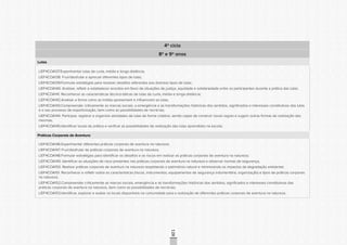 CONSULTAPÚBLICACONSULTAPÚBLICACONSULTAPÚBLICA
CONSULTAPÚBLICACONSULTAPÚBLICACONSULTAPÚBLICA
CONSULTAPÚBLICACONSULTAPÚBLICACONSULTAPÚBLICA
CONSULTAPÚBLICACONSULTAPÚBLICACONSULTAPÚBLICA
CONSULTAPÚBLICACONSULTAPÚBLICACONSULTAPÚBLICA
CONSULTAPÚBLICACONSULTAPÚBLICACONSULTAPÚBLICA
CONSULTAPÚBLICACONSULTAPÚBLICACONSULTAPÚBLICA
CONSULTAPÚBLICACONSULTAPÚBLICACONSULTAPÚBLICA
CONSULTAPÚBLICACONSULTAPÚBLICACONSULTAPÚBLICA
CONSULTAPÚBLICACONSULTAPÚBLICACONSULTAPÚBLICA
CONSULTAPÚBLICACONSULTAPÚBLICACONSULTAPÚBLICA
CONSULTAPÚBLICACONSULTAPÚBLICACONSULTAPÚBLICA
CONSULTAPÚBLICACONSULTAPÚBLICACONSULTAPÚBLICA
CONSULTAPÚBLICACONSULTAPÚBLICACONSULTAPÚBLICA
CONSULTAPÚBLICACONSULTAPÚBLICACONSULTAPÚBLICA
CONSULTAPÚBLICACONSULTAPÚBLICACONSULTAPÚBLICA
CONSULTAPÚBLICACONSULTAPÚBLICACONSULTAPÚBLICA
CONSULTAPÚBLICACONSULTAPÚBLICACONSULTAPÚBLICA
CONSULTAPÚBLICACONSULTAPÚBLICACONSULTAPÚBLICA
CONSULTAPÚBLICACONSULTAPÚBLICACONSULTAPÚBLICA
CONSULTAPÚBLICACONSULTAPÚBLICACONSULTAPÚBLICA
CONSULTAPÚBLICACONSULTAPÚBLICACONSULTAPÚBLICA
CONSULTAPÚBLICACONSULTAPÚBLICACONSULTAPÚBLICA
CONSULTAPÚBLICACONSULTAPÚBLICACONSULTAPÚBLICA
CONSULTAPÚBLICACONSULTAPÚBLICACONSULTAPÚBLICA
CONSULTAPÚBLICACONSULTAPÚBLICACONSULTAPÚBLICA
CONSULTAPÚBLICACONSULTAPÚBLICACONSULTAPÚBLICA
CONSULTAPÚBLICACONSULTAPÚBLICACONSULTAPÚBLICA
CONSULTAPÚBLICACONSULTAPÚBLICACONSULTAPÚBLICA
CONSULTAPÚBLICACONSULTAPÚBLICACONSULTAPÚBLICA
CONSULTAPÚBLICACONSULTAPÚBLICACONSULTAPÚBLICA
CONSULTAPÚBLICACONSULTAPÚBLICACONSULTAPÚBLICA
CONSULTAPÚBLICACONSULTAPÚBLICACONSULTAPÚBLICA
CONSULTAPÚBLICACONSULTAPÚBLICACONSULTAPÚBLICA
128
4º ciclo
8º e 9º anos
Lutas
LIEF4COA137.Experimentar lutas de curta, média e longa distância;
LIEF4COA138. Fruir/desfrutar e apreciar diferentes tipos de lutas;
LIEF4COA139.Formular estratégias para resolver desafios referentes aos diversos tipos de lutas;
LIEF4COA140. Analisar, refletir e estabelecer acordos em favor de situações de justiça, equidade e solidariedade entre os participantes durante a prática das lutas;
LIEF4COA141. Reconhecer as características técnico-táticas de lutas de curta, média e longa distância;
LIEF4COA142.Analisar a forma como as mídias apresentam e influenciam as lutas;
LIEF4COA143.Compreender criticamente as marcas sociais, a emergência e as transformações históricas dos sentidos, significados e interesses constitutivos das lutas
e o seu processo de esportivização, bem como as possibilidades de recriá-las;
LIEF4COA144. Participar, registrar e organizar atividades de lutas de forma coletiva, sendo capaz de construir novas regras e sugerir outras formas de realização das
mesmas;
LIEF4COA145.Identificar locais de prática e verificar as possibilidades de realização das lutas aprendidas na escola;
Práticas Corporais de Aventura
LIEF4COA146.Experimentar diferentes práticas corporais de aventura na natureza;
LIEF4COA147. Fruir/desfrutar de práticas corporais de aventura na natureza;
LIEF4COA148.Formular estratégias para identificar os desafios e os riscos em realizar as práticas corporais de aventura na natureza;
LIEF4COA149. Identificar as situações de risco presentes nas práticas corporais de aventura na natureza e observar normas de segurança;
LIEF4COA150. Realizar práticas corporais de aventura na natureza respeitando o patrimônio natural e minimizando os impactos da degradação ambiental;
LIEF4COA151. Reconhecer e refletir sobre as características (riscos, instrumentos, equipamentos de segurança indumentária, organização) e tipos de práticas corporais
na natureza;
LIEF4COA152.Compreender criticamente as marcas sociais, emergência e as transformações históricas dos sentidos, significados e interesses constitutivos das
práticas corporais de aventura na natureza, bem como as possibilidades de recriá-las;
LIEF4COA153.Identificar, explorar e avaliar os locais disponíveis na comunidade para a realização de diferentes práticas corporais de aventura na natureza.
 