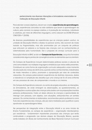 CONSULTA PÚBLICA CONSULTA PÚBLICA CONSULTA PÚBLICA
CONSULTA PÚBLICA CONSULTA PÚBLICA CONSULTA PÚBLICA
CONSULTA PÚBLICA CONSULTA PÚBLICA CONSULTA PÚBLICA
CONSULTA PÚBLICA CONSULTA PÚBLICA CONSULTA PÚBLICA
CONSULTA PÚBLICA CONSULTA PÚBLICA CONSULTA PÚBLICA
CONSULTA PÚBLICA CONSULTA PÚBLICA CONSULTA PÚBLICA
CONSULTA PÚBLICA CONSULTA PÚBLICA CONSULTA PÚBLICA
CONSULTA PÚBLICA CONSULTA PÚBLICA CONSULTA PÚBLICA
CONSULTA PÚBLICA CONSULTA PÚBLICA CONSULTA PÚBLICA
CONSULTA PÚBLICA CONSULTA PÚBLICA CONSULTA PÚBLICA
CONSULTA PÚBLICA CONSULTA PÚBLICA CONSULTA PÚBLICA
CONSULTA PÚBLICA CONSULTA PÚBLICA CONSULTA PÚBLICA
CONSULTA PÚBLICA CONSULTA PÚBLICA CONSULTA PÚBLICA
CONSULTA PÚBLICA CONSULTA PÚBLICA CONSULTA PÚBLICA
CONSULTA PÚBLICA CONSULTA PÚBLICA CONSULTA PÚBLICA
CONSULTA PÚBLICA CONSULTA PÚBLICA CONSULTA PÚBLICA
CONSULTA PÚBLICA CONSULTA PÚBLICA CONSULTA PÚBLICA
CONSULTA PÚBLICA CONSULTA PÚBLICA CONSULTA PÚBLICA
CONSULTA PÚBLICA CONSULTA PÚBLICA CONSULTA PÚBLICA
CONSULTA PÚBLICA CONSULTA PÚBLICA CONSULTA PÚBLICA
CONSULTA PÚBLICA CONSULTA PÚBLICA CONSULTA PÚBLICA
CONSULTA PÚBLICA CONSULTA PÚBLICA CONSULTA PÚBLICA
CONSULTA PÚBLICA CONSULTA PÚBLICA CONSULTA PÚBLICA
CONSULTA PÚBLICA CONSULTA PÚBLICA CONSULTA PÚBLICA
CONSULTA PÚBLICA CONSULTA PÚBLICA CONSULTA PÚBLICA
CONSULTA PÚBLICA CONSULTA PÚBLICA CONSULTA PÚBLICA
CONSULTA PÚBLICA CONSULTA PÚBLICA CONSULTA PÚBLICA
CONSULTA PÚBLICA CONSULTA PÚBLICA CONSULTA PÚBLICA
CONSULTA PÚBLICA CONSULTA PÚBLICA CONSULTA PÚBLICA
CONSULTA PÚBLICA CONSULTA PÚBLICA CONSULTA PÚBLICA
CONSULTA PÚBLICA CONSULTA PÚBLICA CONSULTA PÚBLICA
CONSULTA PÚBLICA CONSULTA PÚBLICA CONSULTA PÚBLICA
CONSULTA PÚBLICA CONSULTA PÚBLICA CONSULTA PÚBLICA
CONSULTA PÚBLICA CONSULTA PÚBLICA CONSULTA PÚBLICA
20
pertencimento nas diversas interações e brincadeiras vivenciadas na
instituição de Educação Infantil
Para atender a esses objetivos, devem ser criadas experiências de aprendizagem,
ou seja, experiências concretas na vida cotidiana que levam à aprendizagem da
cultura, pelo convívio no espaço coletivo, e à produção de narrativas, individuais
e coletivas, por meio de diferentes linguagens, como colocam as DCNEI (Parecer
CNE/CEB nº 20/09).
As diversas possibilidades de experiências que as crianças podem usufruir, na
unidade de Educação Infantil e citadas no parecer acima, não ocorrem de modo
isolado ou fragmentadas, mas são promovidas por um conjunto de práticas
que articulam os saberes e os fazeres das crianças com os conhecimentos já
sistematizados pela humanidade. Daí a proposta do arranjo curricular para a
Educação Infantil na BNC se dar em Campos de Experiências, conjuntos formados
considerando alguns pontos de convergência entre os elementos que os orientam.
Os Campos de Experiência incluem determinadas práticas sociais e culturais de
uma comunidade e as múltiplas linguagens simbólicas que nelas estão presentes.
Constituem-se como forma de organização curricular adequada a esse momento
da educação da criança de até 6 anos, quando certos conhecimentos, trabalhados
de modo interativo e lúdico, promovem a apropriação por elas de conteúdos
relevantes. Os campos potencializam experiências de distintas naturezas, dadas
a relevância e a amplitude dos desafios que uma criança de 0 a 6 anos enfrenta
em seu processo de viver, de compreender o mundo e a si mesma.
Os Campos de Experiência colocam, no centro do projeto educativo, as interações,
as brincadeiras, de onde emergem as observações, os questionamentos, as
investigações e outras ações das crianças articuladas com as proposições trazidas
pelos/as professores/as. Cada um deles oferece às crianças a oportunidade de
interagir com pessoas, com objetos, com situações, atribuindo-lhes um sentido
pessoal. Os conhecimentos aí elaborados, reconhecidos pelo/a professor/a como
fruto das experiências das crianças, são por ele/a mediados para qualificar e para
aprofundar as aprendizagens feitas.
Na perspectiva da integração entre a Educação Infantil e os anos iniciais do
Ensino Fundamental, os campos de experiência – organização interdisciplinar,
por excelência - fundamentam importantes processos das crianças que terão
continuidade e progressão nas demais etapas da Educação Básica, quando
serão tratados em Áreas de Conhecimento da Base Nacional Comum Curricular
 