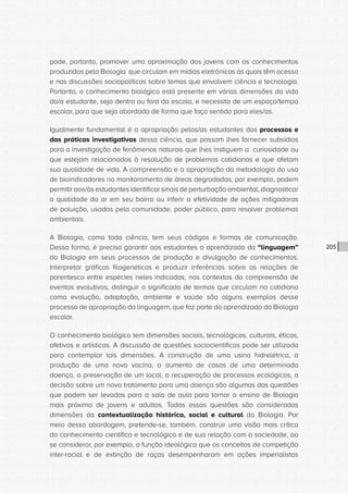 CONSULTA PÚBLICA CONSULTA PÚBLICA CONSULTA PÚBLICA
CONSULTA PÚBLICA CONSULTA PÚBLICA CONSULTA PÚBLICA
CONSULTA PÚBLICA CONSULTA PÚBLICA CONSULTA PÚBLICA
CONSULTA PÚBLICA CONSULTA PÚBLICA CONSULTA PÚBLICA
CONSULTA PÚBLICA CONSULTA PÚBLICA CONSULTA PÚBLICA
CONSULTA PÚBLICA CONSULTA PÚBLICA CONSULTA PÚBLICA
CONSULTA PÚBLICA CONSULTA PÚBLICA CONSULTA PÚBLICA
CONSULTA PÚBLICA CONSULTA PÚBLICA CONSULTA PÚBLICA
CONSULTA PÚBLICA CONSULTA PÚBLICA CONSULTA PÚBLICA
CONSULTA PÚBLICA CONSULTA PÚBLICA CONSULTA PÚBLICA
CONSULTA PÚBLICA CONSULTA PÚBLICA CONSULTA PÚBLICA
CONSULTA PÚBLICA CONSULTA PÚBLICA CONSULTA PÚBLICA
CONSULTA PÚBLICA CONSULTA PÚBLICA CONSULTA PÚBLICA
CONSULTA PÚBLICA CONSULTA PÚBLICA CONSULTA PÚBLICA
CONSULTA PÚBLICA CONSULTA PÚBLICA CONSULTA PÚBLICA
CONSULTA PÚBLICA CONSULTA PÚBLICA CONSULTA PÚBLICA
CONSULTA PÚBLICA CONSULTA PÚBLICA CONSULTA PÚBLICA
CONSULTA PÚBLICA CONSULTA PÚBLICA CONSULTA PÚBLICA
CONSULTA PÚBLICA CONSULTA PÚBLICA CONSULTA PÚBLICA
CONSULTA PÚBLICA CONSULTA PÚBLICA CONSULTA PÚBLICA
CONSULTA PÚBLICA CONSULTA PÚBLICA CONSULTA PÚBLICA
CONSULTA PÚBLICA CONSULTA PÚBLICA CONSULTA PÚBLICA
CONSULTA PÚBLICA CONSULTA PÚBLICA CONSULTA PÚBLICA
CONSULTA PÚBLICA CONSULTA PÚBLICA CONSULTA PÚBLICA
CONSULTA PÚBLICA CONSULTA PÚBLICA CONSULTA PÚBLICA
CONSULTA PÚBLICA CONSULTA PÚBLICA CONSULTA PÚBLICA
CONSULTA PÚBLICA CONSULTA PÚBLICA CONSULTA PÚBLICA
CONSULTA PÚBLICA CONSULTA PÚBLICA CONSULTA PÚBLICA
CONSULTA PÚBLICA CONSULTA PÚBLICA CONSULTA PÚBLICA
CONSULTA PÚBLICA CONSULTA PÚBLICA CONSULTA PÚBLICA
CONSULTA PÚBLICA CONSULTA PÚBLICA CONSULTA PÚBLICA
CONSULTA PÚBLICA CONSULTA PÚBLICA CONSULTA PÚBLICA
CONSULTA PÚBLICA CONSULTA PÚBLICA CONSULTA PÚBLICA
CONSULTA PÚBLICA CONSULTA PÚBLICA CONSULTA PÚBLICA
205
pode, portanto, promover uma aproximação dos jovens com os conhecimentos
produzidos pela Biologia que circulam em mídias eletrônicas às quais têm acesso
e nas discussões sociopolíticas sobre temas que envolvem ciência e tecnologia.
Portanto, o conhecimento biológico está presente em várias dimensões da vida
do/a estudante, seja dentro ou fora da escola, e necessita de um espaço/tempo
escolar, para que seja abordado de forma que faça sentido para eles/as.
Igualmente fundamental é a apropriação pelos/as estudantes dos processos e
das práticas investigativas dessa ciência, que possam lhes fornecer subsídios
para a investigação de fenômenos naturais que lhes instiguem a curiosidade ou
que estejam relacionados à resolução de problemas cotidianos e que afetam
sua qualidade de vida. A compreensão e a apropriação da metodologia do uso
de bioindicadores no monitoramento de áreas degradadas, por exemplo, podem
permitir aos/às estudantes identificar sinais de perturbação ambiental, diagnosticar
a qualidade do ar em seu bairro ou inferir a efetividade de ações mitigadoras
de poluição, usadas pela comunidade, poder público, para resolver problemas
ambientais.
A Biologia, como toda ciência, tem seus códigos e formas de comunicação.
Dessa forma, é preciso garantir aos estudantes o aprendizado da “linguagem”
da Biologia em seus processos de produção e divulgação de conhecimentos.
Interpretar gráficos filogenéticos e produzir inferências sobre as relações de
parentesco entre espécies neles indicadas, nos contextos da compreensão de
eventos evolutivos, distinguir o significado de termos que circulam no cotidiano
como evolução, adaptação, ambiente e saúde são alguns exemplos desse
processo de apropriação da linguagem, que faz parte do aprendizado da Biologia
escolar.
O conhecimento biológico tem dimensões sociais, tecnológicas, culturais, éticas,
afetivas e artísticas. A discussão de questões sociocientíficas pode ser utilizada
para contemplar tais dimensões. A construção de uma usina hidrelétrica, a
produção de uma nova vacina, o aumento de casos de uma determinada
doença, a preservação de um local, a recuperação de processos ecológicos, a
decisão sobre um novo tratamento para uma doença são algumas das questões
que podem ser levadas para a sala de aula para tornar o ensino de Biologia
mais próximo de jovens e adultos. Todas essas questões são consideradas
dimensões da contextualização histórica, social e cultural da Biologia. Por
meio dessa abordagem, pretende-se, também, construir uma visão mais crítica
do conhecimento científico e tecnológico e de sua relação com a sociedade, ao
se considerar, por exemplo, a função ideológica que os conceitos de competição
inter-racial e de extinção de raças desempenharam em ações imperialistas
 