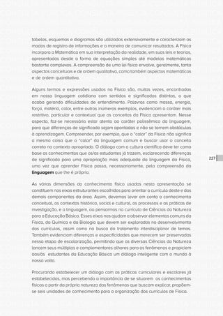 CONSULTA PÚBLICA CONSULTA PÚBLICA CONSULTA PÚBLICA
CONSULTA PÚBLICA CONSULTA PÚBLICA CONSULTA PÚBLICA
CONSULTA PÚBLICA CONSULTA PÚBLICA CONSULTA PÚBLICA
CONSULTA PÚBLICA CONSULTA PÚBLICA CONSULTA PÚBLICA
CONSULTA PÚBLICA CONSULTA PÚBLICA CONSULTA PÚBLICA
CONSULTA PÚBLICA CONSULTA PÚBLICA CONSULTA PÚBLICA
CONSULTA PÚBLICA CONSULTA PÚBLICA CONSULTA PÚBLICA
CONSULTA PÚBLICA CONSULTA PÚBLICA CONSULTA PÚBLICA
CONSULTA PÚBLICA CONSULTA PÚBLICA CONSULTA PÚBLICA
CONSULTA PÚBLICA CONSULTA PÚBLICA CONSULTA PÚBLICA
CONSULTA PÚBLICA CONSULTA PÚBLICA CONSULTA PÚBLICA
CONSULTA PÚBLICA CONSULTA PÚBLICA CONSULTA PÚBLICA
CONSULTA PÚBLICA CONSULTA PÚBLICA CONSULTA PÚBLICA
CONSULTA PÚBLICA CONSULTA PÚBLICA CONSULTA PÚBLICA
CONSULTA PÚBLICA CONSULTA PÚBLICA CONSULTA PÚBLICA
CONSULTA PÚBLICA CONSULTA PÚBLICA CONSULTA PÚBLICA
CONSULTA PÚBLICA CONSULTA PÚBLICA CONSULTA PÚBLICA
CONSULTA PÚBLICA CONSULTA PÚBLICA CONSULTA PÚBLICA
CONSULTA PÚBLICA CONSULTA PÚBLICA CONSULTA PÚBLICA
CONSULTA PÚBLICA CONSULTA PÚBLICA CONSULTA PÚBLICA
CONSULTA PÚBLICA CONSULTA PÚBLICA CONSULTA PÚBLICA
CONSULTA PÚBLICA CONSULTA PÚBLICA CONSULTA PÚBLICA
CONSULTA PÚBLICA CONSULTA PÚBLICA CONSULTA PÚBLICA
CONSULTA PÚBLICA CONSULTA PÚBLICA CONSULTA PÚBLICA
CONSULTA PÚBLICA CONSULTA PÚBLICA CONSULTA PÚBLICA
CONSULTA PÚBLICA CONSULTA PÚBLICA CONSULTA PÚBLICA
CONSULTA PÚBLICA CONSULTA PÚBLICA CONSULTA PÚBLICA
CONSULTA PÚBLICA CONSULTA PÚBLICA CONSULTA PÚBLICA
CONSULTA PÚBLICA CONSULTA PÚBLICA CONSULTA PÚBLICA
CONSULTA PÚBLICA CONSULTA PÚBLICA CONSULTA PÚBLICA
CONSULTA PÚBLICA CONSULTA PÚBLICA CONSULTA PÚBLICA
CONSULTA PÚBLICA CONSULTA PÚBLICA CONSULTA PÚBLICA
CONSULTA PÚBLICA CONSULTA PÚBLICA CONSULTA PÚBLICA
CONSULTA PÚBLICA CONSULTA PÚBLICA CONSULTA PÚBLICA
227
tabelas, esquemas e diagramas são utilizados extensivamente e caracterizam os
modos de registro de informações e a maneira de comunicar resultados. A Física
incorpora a Matemática em sua interpretação da realidade, em suas leis e teorias,
apresentadas desde a forma de equações simples até modelos matemáticos
bastante complexos. A compreensão de uma lei física envolve, geralmente, tanto
aspectos conceituais e de ordem qualitativa, como também aspectos matemáticos
e de ordem quantitativa.
Alguns termos e expressões usados na Física são, muitas vezes, encontrados
em nossa linguagem cotidiana com sentidos e significados distintos, o que
acaba gerando dificuldades de entendimento. Palavras como massa, energia,
força, matéria, calor, entre outros inúmeros exemplos, evidenciam o caráter mais
restritivo, particular e contextual que os conceitos da Física apresentam. Nesse
aspecto, faz-se necessário estar atento ao caráter polissêmico da linguagem,
para que diferenças de significado sejam apontadas e não se tornem obstáculos
à aprendizagem. Compreender, por exemplo, que o “calor” da Física não significa
a mesma coisa que o “calor” da linguagem comum e buscar usar o conceito
correto no contexto apropriado. O diálogo com a cultura científica deve ter como
base os conhecimentos que os/as estudantes já trazem, esclarecendo diferenças
de significado para uma apropriação mais adequada da linguagem da Física,
uma vez que aprender Física passa, necessariamente, pela compreensão da
linguagem que lhe é própria.
As várias dimensões do conhecimento físico usadas nesta apresentação se
constituem nos eixos estruturantes escolhidos para orientar o currículo deste e dos
demais componentes da área. Assim, devemos levar em conta o conhecimento
conceitual, os contextos histórico, social e cultural, os processos e as práticas de
investigação, e a linguagem, ao pensarmos no currículo de Ciências da Natureza
para a Educação Básica. Esses eixos nos ajudam a observar elementos comuns da
Física, da Química e da Biologia que devem ser explorados no desenvolvimento
dos currículos, assim como na busca do tratamento interdisciplinar de temas.
Também evidenciam diferenças e especificidades que merecem ser preservadas
nessa etapa de escolarização, permitindo que as diversas Ciências da Natureza
lancem seus múltiplos e complementares olhares para os fenômenos e propiciem
aos/às estudantes da Educação Básica um diálogo inteligente com o mundo à
nossa volta.
Procurando estabelecer um diálogo com as práticas curriculares e escolares já
estabelecidas, mas percebendo a importância de se situarem os conhecimentos
físicos a partir da própria natureza dos fenômenos que buscam explicar, propõem-
se seis unidades de conhecimento para a organização dos currículos de Física.
 