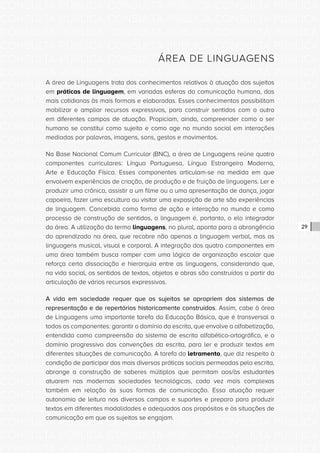 CONSULTA PÚBLICA CONSULTA PÚBLICA CONSULTA PÚBLICA
CONSULTA PÚBLICA CONSULTA PÚBLICA CONSULTA PÚBLICA
CONSULTA PÚBLICA CONSULTA PÚBLICA CONSULTA PÚBLICA
CONSULTA PÚBLICA CONSULTA PÚBLICA CONSULTA PÚBLICA
CONSULTA PÚBLICA CONSULTA PÚBLICA CONSULTA PÚBLICA
CONSULTA PÚBLICA CONSULTA PÚBLICA CONSULTA PÚBLICA
CONSULTA PÚBLICA CONSULTA PÚBLICA CONSULTA PÚBLICA
CONSULTA PÚBLICA CONSULTA PÚBLICA CONSULTA PÚBLICA
CONSULTA PÚBLICA CONSULTA PÚBLICA CONSULTA PÚBLICA
CONSULTA PÚBLICA CONSULTA PÚBLICA CONSULTA PÚBLICA
CONSULTA PÚBLICA CONSULTA PÚBLICA CONSULTA PÚBLICA
CONSULTA PÚBLICA CONSULTA PÚBLICA CONSULTA PÚBLICA
CONSULTA PÚBLICA CONSULTA PÚBLICA CONSULTA PÚBLICA
CONSULTA PÚBLICA CONSULTA PÚBLICA CONSULTA PÚBLICA
CONSULTA PÚBLICA CONSULTA PÚBLICA CONSULTA PÚBLICA
CONSULTA PÚBLICA CONSULTA PÚBLICA CONSULTA PÚBLICA
CONSULTA PÚBLICA CONSULTA PÚBLICA CONSULTA PÚBLICA
CONSULTA PÚBLICA CONSULTA PÚBLICA CONSULTA PÚBLICA
CONSULTA PÚBLICA CONSULTA PÚBLICA CONSULTA PÚBLICA
CONSULTA PÚBLICA CONSULTA PÚBLICA CONSULTA PÚBLICA
CONSULTA PÚBLICA CONSULTA PÚBLICA CONSULTA PÚBLICA
CONSULTA PÚBLICA CONSULTA PÚBLICA CONSULTA PÚBLICA
CONSULTA PÚBLICA CONSULTA PÚBLICA CONSULTA PÚBLICA
CONSULTA PÚBLICA CONSULTA PÚBLICA CONSULTA PÚBLICA
CONSULTA PÚBLICA CONSULTA PÚBLICA CONSULTA PÚBLICA
CONSULTA PÚBLICA CONSULTA PÚBLICA CONSULTA PÚBLICA
CONSULTA PÚBLICA CONSULTA PÚBLICA CONSULTA PÚBLICA
CONSULTA PÚBLICA CONSULTA PÚBLICA CONSULTA PÚBLICA
CONSULTA PÚBLICA CONSULTA PÚBLICA CONSULTA PÚBLICA
CONSULTA PÚBLICA CONSULTA PÚBLICA CONSULTA PÚBLICA
CONSULTA PÚBLICA CONSULTA PÚBLICA CONSULTA PÚBLICA
CONSULTA PÚBLICA CONSULTA PÚBLICA CONSULTA PÚBLICA
CONSULTA PÚBLICA CONSULTA PÚBLICA CONSULTA PÚBLICA
CONSULTA PÚBLICA CONSULTA PÚBLICA CONSULTA PÚBLICA
29
ÁREA DE LINGUAGENS
A área de Linguagens trata dos conhecimentos relativos à atuação dos sujeitos
em práticas de linguagem, em variadas esferas da comunicação humana, das
mais cotidianas às mais formais e elaboradas. Esses conhecimentos possibilitam
mobilizar e ampliar recursos expressivos, para construir sentidos com o outro
em diferentes campos de atuação. Propiciam, ainda, compreender como o ser
humano se constitui como sujeito e como age no mundo social em interações
mediadas por palavras, imagens, sons, gestos e movimentos.
Na Base Nacional Comum Curricular (BNC), a área de Linguagens reúne quatro
componentes curriculares: Língua Portuguesa, Língua Estrangeira Moderna,
Arte e Educação Física. Esses componentes articulam-se na medida em que
envolvem experiências de criação, de produção e de fruição de linguagens. Ler e
produzir uma crônica, assistir a um filme ou a uma apresentação de dança, jogar
capoeira, fazer uma escultura ou visitar uma exposição de arte são experiências
de linguagem. Concebida como forma de ação e interação no mundo e como
processo de construção de sentidos, a linguagem é, portanto, o elo integrador
da área. A utilização do termo linguagens, no plural, aponta para a abrangência
do aprendizado na área, que recobre não apenas a linguagem verbal, mas as
linguagens musical, visual e corporal. A integração dos quatro componentes em
uma área também busca romper com uma lógica de organização escolar que
reforça certa dissociação e hierarquia entre as linguagens, considerando que,
na vida social, os sentidos de textos, objetos e obras são construídos a partir da
articulação de vários recursos expressivos.
A vida em sociedade requer que os sujeitos se apropriem dos sistemas de
representação e de repertórios historicamente construídos. Assim, cabe à área
de Linguagens uma importante tarefa da Educação Básica, que é transversal a
todos os componentes: garantir o domínio da escrita, que envolve a alfabetização,
entendida como compreensão do sistema de escrita alfabético-ortográfico, e o
domínio progressivo das convenções da escrita, para ler e produzir textos em
diferentes situações de comunicação. A tarefa do letramento, que diz respeito à
condição de participar das mais diversas práticas sociais permeadas pela escrita,
abrange a construção de saberes múltiplos que permitam aos/às estudantes
atuarem nas modernas sociedades tecnológicas, cada vez mais complexas
também em relação às suas formas de comunicação. Essa atuação requer
autonomia de leitura nos diversos campos e suportes e preparo para produzir
textos em diferentes modalidades e adequados aos propósitos e às situações de
comunicação em que os sujeitos se engajam.
 