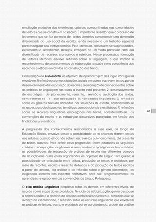 CONSULTA PÚBLICA CONSULTA PÚBLICA CONSULTA PÚBLICA
CONSULTA PÚBLICA CONSULTA PÚBLICA CONSULTA PÚBLICA
CONSULTA PÚBLICA CONSULTA PÚBLICA CONSULTA PÚBLICA
CONSULTA PÚBLICA CONSULTA PÚBLICA CONSULTA PÚBLICA
CONSULTA PÚBLICA CONSULTA PÚBLICA CONSULTA PÚBLICA
CONSULTA PÚBLICA CONSULTA PÚBLICA CONSULTA PÚBLICA
CONSULTA PÚBLICA CONSULTA PÚBLICA CONSULTA PÚBLICA
CONSULTA PÚBLICA CONSULTA PÚBLICA CONSULTA PÚBLICA
CONSULTA PÚBLICA CONSULTA PÚBLICA CONSULTA PÚBLICA
CONSULTA PÚBLICA CONSULTA PÚBLICA CONSULTA PÚBLICA
CONSULTA PÚBLICA CONSULTA PÚBLICA CONSULTA PÚBLICA
CONSULTA PÚBLICA CONSULTA PÚBLICA CONSULTA PÚBLICA
CONSULTA PÚBLICA CONSULTA PÚBLICA CONSULTA PÚBLICA
CONSULTA PÚBLICA CONSULTA PÚBLICA CONSULTA PÚBLICA
CONSULTA PÚBLICA CONSULTA PÚBLICA CONSULTA PÚBLICA
CONSULTA PÚBLICA CONSULTA PÚBLICA CONSULTA PÚBLICA
CONSULTA PÚBLICA CONSULTA PÚBLICA CONSULTA PÚBLICA
CONSULTA PÚBLICA CONSULTA PÚBLICA CONSULTA PÚBLICA
CONSULTA PÚBLICA CONSULTA PÚBLICA CONSULTA PÚBLICA
CONSULTA PÚBLICA CONSULTA PÚBLICA CONSULTA PÚBLICA
CONSULTA PÚBLICA CONSULTA PÚBLICA CONSULTA PÚBLICA
CONSULTA PÚBLICA CONSULTA PÚBLICA CONSULTA PÚBLICA
CONSULTA PÚBLICA CONSULTA PÚBLICA CONSULTA PÚBLICA
CONSULTA PÚBLICA CONSULTA PÚBLICA CONSULTA PÚBLICA
CONSULTA PÚBLICA CONSULTA PÚBLICA CONSULTA PÚBLICA
CONSULTA PÚBLICA CONSULTA PÚBLICA CONSULTA PÚBLICA
CONSULTA PÚBLICA CONSULTA PÚBLICA CONSULTA PÚBLICA
CONSULTA PÚBLICA CONSULTA PÚBLICA CONSULTA PÚBLICA
CONSULTA PÚBLICA CONSULTA PÚBLICA CONSULTA PÚBLICA
CONSULTA PÚBLICA CONSULTA PÚBLICA CONSULTA PÚBLICA
CONSULTA PÚBLICA CONSULTA PÚBLICA CONSULTA PÚBLICA
CONSULTA PÚBLICA CONSULTA PÚBLICA CONSULTA PÚBLICA
CONSULTA PÚBLICA CONSULTA PÚBLICA CONSULTA PÚBLICA
CONSULTA PÚBLICA CONSULTA PÚBLICA CONSULTA PÚBLICA
40
ampliação gradativa das referências culturais compartilhadas nas comunidades
de leitores que se constituem na escola. É importante ressaltar que o processo de
letramento que se faz por meio de textos literários compreende uma dimensão
diferenciada do uso social da escrita, sendo necessário um trabalho especial
para assegurar seu efetivo domínio. Pela literatura, constituem-se subjetividades,
expressam-se sentimentos, desejos, emoções de um modo particular, com uso
diversificado de recursos expressivos e estéticos. Nesse processo, a formação
de leitores literários envolve reflexão sobre a linguagem, o que implica o
reconhecimento de procedimentos de elaboração textual e certa consciência das
escolhas estéticas envolvidas na construção dos textos.
Com relação ao eixo escrita, os objetivos de aprendizagem de Língua Portuguesa
envolvem: 1) reflexões sobre as situações sociais em que se escrevem textos, para o
desenvolvimento da valorização da escrita e a ampliação de conhecimentos sobre
as práticas de linguagem nas quais a escrita está presente; 2) desenvolvimento
de estratégias de planejamento, reescrita, revisão e avaliação dos textos,
considerando-se a sua adequação às variedades linguísticas; 3) reflexões
sobre os gêneros textuais adotados nas situações de escrita, considerando-se
os aspectos sociodiscursivos, temáticos, composicionais e estilísticos; 4) reflexões
sobre os recursos linguísticos empregados nos textos, considerando-se as
convenções da escrita e as estratégias discursivas planejadas em função das
finalidades pretendidas.
A progressão dos conhecimentos relacionados a esse eixo, ao longo da
Educação Básica, envolve, desde a possibilidade de as crianças ditarem textos
aos adultos, quando ainda não sabem escrevê-los autonomamente, até a escrita
de textos autorais. Para definir essa progressão, foram adotados os seguintes
critérios: a adequação dos gêneros e seus construtos tipológicos às faixas etárias;
as possibilidades de realização de práticas de escrita nos diferentes campos
de atuação nos quais estão organizados os objetivos de Língua Portuguesa; a
possibilidade de articulação entre leitura, produção de textos e oralidade, por
meio de recontos, escrita e reescrita de textos e da produção de textos escritos
a partir do contato, da análise e da reflexão sobre o gênero pretendido; as
exigências relativas aos aspectos normativos, para que, progressivamente, os
aprendizes se apropriem das convenções da Língua Portuguesa.
O eixo análise linguística perpassa todos os demais, em diferentes níveis, de
acordo com a etapa da escolaridade. No ciclo de alfabetização, ganha destaque
a compreensão e o domínio do sistema alfabético/ortográfico e, à medida que se
avança na escolaridade, a reflexão sobre os recursos linguísticos que envolvem
as práticas de leitura, escrita e oralidade vai se aprofundando, a partir da análise
 