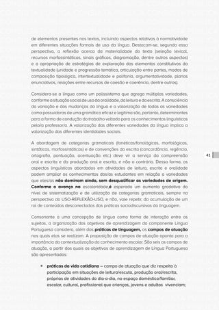 CONSULTA PÚBLICA CONSULTA PÚBLICA CONSULTA PÚBLICA
CONSULTA PÚBLICA CONSULTA PÚBLICA CONSULTA PÚBLICA
CONSULTA PÚBLICA CONSULTA PÚBLICA CONSULTA PÚBLICA
CONSULTA PÚBLICA CONSULTA PÚBLICA CONSULTA PÚBLICA
CONSULTA PÚBLICA CONSULTA PÚBLICA CONSULTA PÚBLICA
CONSULTA PÚBLICA CONSULTA PÚBLICA CONSULTA PÚBLICA
CONSULTA PÚBLICA CONSULTA PÚBLICA CONSULTA PÚBLICA
CONSULTA PÚBLICA CONSULTA PÚBLICA CONSULTA PÚBLICA
CONSULTA PÚBLICA CONSULTA PÚBLICA CONSULTA PÚBLICA
CONSULTA PÚBLICA CONSULTA PÚBLICA CONSULTA PÚBLICA
CONSULTA PÚBLICA CONSULTA PÚBLICA CONSULTA PÚBLICA
CONSULTA PÚBLICA CONSULTA PÚBLICA CONSULTA PÚBLICA
CONSULTA PÚBLICA CONSULTA PÚBLICA CONSULTA PÚBLICA
CONSULTA PÚBLICA CONSULTA PÚBLICA CONSULTA PÚBLICA
CONSULTA PÚBLICA CONSULTA PÚBLICA CONSULTA PÚBLICA
CONSULTA PÚBLICA CONSULTA PÚBLICA CONSULTA PÚBLICA
CONSULTA PÚBLICA CONSULTA PÚBLICA CONSULTA PÚBLICA
CONSULTA PÚBLICA CONSULTA PÚBLICA CONSULTA PÚBLICA
CONSULTA PÚBLICA CONSULTA PÚBLICA CONSULTA PÚBLICA
CONSULTA PÚBLICA CONSULTA PÚBLICA CONSULTA PÚBLICA
CONSULTA PÚBLICA CONSULTA PÚBLICA CONSULTA PÚBLICA
CONSULTA PÚBLICA CONSULTA PÚBLICA CONSULTA PÚBLICA
CONSULTA PÚBLICA CONSULTA PÚBLICA CONSULTA PÚBLICA
CONSULTA PÚBLICA CONSULTA PÚBLICA CONSULTA PÚBLICA
CONSULTA PÚBLICA CONSULTA PÚBLICA CONSULTA PÚBLICA
CONSULTA PÚBLICA CONSULTA PÚBLICA CONSULTA PÚBLICA
CONSULTA PÚBLICA CONSULTA PÚBLICA CONSULTA PÚBLICA
CONSULTA PÚBLICA CONSULTA PÚBLICA CONSULTA PÚBLICA
CONSULTA PÚBLICA CONSULTA PÚBLICA CONSULTA PÚBLICA
CONSULTA PÚBLICA CONSULTA PÚBLICA CONSULTA PÚBLICA
CONSULTA PÚBLICA CONSULTA PÚBLICA CONSULTA PÚBLICA
CONSULTA PÚBLICA CONSULTA PÚBLICA CONSULTA PÚBLICA
CONSULTA PÚBLICA CONSULTA PÚBLICA CONSULTA PÚBLICA
CONSULTA PÚBLICA CONSULTA PÚBLICA CONSULTA PÚBLICA
41
de elementos presentes nos textos, incluindo aspectos relativos à normatividade
em diferentes situações formais de uso da língua. Destacam-se, segundo essa
perspectiva, a reflexão acerca da materialidade do texto (seleção lexical,
recursos morfossintáticos, sinais gráficos, diagramação, dentre outros aspectos)
e a apropriação de estratégias de exploração dos elementos constitutivos da
textualidade (unidade e progressão temática, articulação entre partes, modos de
composição tipológica, intertextualidade e polifonia, argumentatividade, planos
enunciativos, relações entre recursos de coesão e coerência, dentre outros).
Considera-se a língua como um polissistema que agrega múltiplas variedades,
conformeasituaçãosocialdeusodaoralidade,daleituraedaescrita.Aconsciência
da variação e das mudanças da língua e a valorização de todas as variedades
como possuidoras de uma gramática eficaz e legítima são, portanto, determinantes
para a forma de condução do trabalho voltado para os conhecimentos linguísticos
pelo/a professor/a. A valorização das diferentes variedades da língua implica a
valorização das diferentes identidades sociais.
A abordagem de categorias gramaticais (fonéticas/fonológicas, morfológicas,
sintáticas, morfossintáticas) e de convenções da escrita (concordância, regência,
ortografia, pontuação, acentuação etc.) deve vir a serviço da compreensão
oral e escrita e da produção oral e escrita, e não o contrário. Dessa forma, os
aspectos linguísticos abordados em atividades de leitura, escrita e oralidade
podem ampliar os conhecimentos dos/as estudantes em relação a variedades
que eles/as não dominam ainda, sem desqualificar as variedades de origem.
Conforme o avanço na escolaridade,é esperado um aumento gradativo do
nível de sistematização e de utilização de categorias gramaticais, sempre na
perspectiva do USO-REFLEXÃO-USO, e não, vale repetir, da acumulação de um
rol de conteúdos desconectados das práticas sociodiscursivas da linguagem.
Consonante a uma concepção de língua como forma de interação entre os
sujeitos, a organização dos objetivos de aprendizagem do componente Língua
Portuguesa considera, além das práticas de linguagem, os campos de atuação
nos quais elas se realizam. A proposição de campos de atuação aponta para a
importância da contextualização do conhecimento escolar. São seis os campos de
atuação, a partir dos quais os objetivos de aprendizagem de Língua Portuguesa
são apresentados:
ƒƒ práticas da vida cotidiana – campo de atuação que diz respeito à
participação em situações de leitura/escuta, produção oral/escrita,
próprias de atividades do dia-a-dia, no espaço doméstico/familiar,
escolar, cultural, profissional que crianças, jovens e adultos vivenciam;
 
