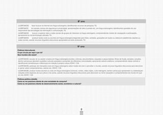 CONSULTAPÚBLICACONSULTAPÚBLICACONSULTAPÚBLICA
CONSULTAPÚBLICACONSULTAPÚBLICACONSULTAPÚBLICA
CONSULTAPÚBLICACONSULTAPÚBLICACONSULTAPÚBLICA
CONSULTAPÚBLICACONSULTAPÚBLICACONSULTAPÚBLICA
CONSULTAPÚBLICACONSULTAPÚBLICACONSULTAPÚBLICA
CONSULTAPÚBLICACONSULTAPÚBLICACONSULTAPÚBLICA
CONSULTAPÚBLICACONSULTAPÚBLICACONSULTAPÚBLICA
CONSULTAPÚBLICACONSULTAPÚBLICACONSULTAPÚBLICA
CONSULTAPÚBLICACONSULTAPÚBLICACONSULTAPÚBLICA
CONSULTAPÚBLICACONSULTAPÚBLICACONSULTAPÚBLICA
CONSULTAPÚBLICACONSULTAPÚBLICACONSULTAPÚBLICA
CONSULTAPÚBLICACONSULTAPÚBLICACONSULTAPÚBLICA
CONSULTAPÚBLICACONSULTAPÚBLICACONSULTAPÚBLICA
CONSULTAPÚBLICACONSULTAPÚBLICACONSULTAPÚBLICA
CONSULTAPÚBLICACONSULTAPÚBLICACONSULTAPÚBLICA
CONSULTAPÚBLICACONSULTAPÚBLICACONSULTAPÚBLICA
CONSULTAPÚBLICACONSULTAPÚBLICACONSULTAPÚBLICA
CONSULTAPÚBLICACONSULTAPÚBLICACONSULTAPÚBLICA
CONSULTAPÚBLICACONSULTAPÚBLICACONSULTAPÚBLICA
CONSULTAPÚBLICACONSULTAPÚBLICACONSULTAPÚBLICA
CONSULTAPÚBLICACONSULTAPÚBLICACONSULTAPÚBLICA
CONSULTAPÚBLICACONSULTAPÚBLICACONSULTAPÚBLICA
CONSULTAPÚBLICACONSULTAPÚBLICACONSULTAPÚBLICA
CONSULTAPÚBLICACONSULTAPÚBLICACONSULTAPÚBLICA
CONSULTAPÚBLICACONSULTAPÚBLICACONSULTAPÚBLICA
CONSULTAPÚBLICACONSULTAPÚBLICACONSULTAPÚBLICA
CONSULTAPÚBLICACONSULTAPÚBLICACONSULTAPÚBLICA
CONSULTAPÚBLICACONSULTAPÚBLICACONSULTAPÚBLICA
CONSULTAPÚBLICACONSULTAPÚBLICACONSULTAPÚBLICA
CONSULTAPÚBLICACONSULTAPÚBLICACONSULTAPÚBLICA
CONSULTAPÚBLICACONSULTAPÚBLICACONSULTAPÚBLICA
CONSULTAPÚBLICACONSULTAPÚBLICACONSULTAPÚBLICA
CONSULTAPÚBLICACONSULTAPÚBLICACONSULTAPÚBLICA
CONSULTAPÚBLICACONSULTAPÚBLICACONSULTAPÚBLICA
98
8º ano
LILE8FOA030. fazer buscas na Internet em língua estrangeira, identificando recursos de pesquisa; TG
LILE8FOA031. ler tutoriais, termos de segurança e privacidade, apresentações de sites e portais etc., em língua estrangeira, identificando questões de uso
responsável das tecnologias de informação e comunicação; TG
LILE8FOA032. buscar e explorar sites e redes sociais de grupos de interesse na língua estrangeira, compreendendo modos de navegação e participação,
apropriando-se da terminologia utilizada; TG
LILE8FOA033. produzir textos orais ou escritos em língua estrangeira (legendas para fotos, verbetes, gravações em áudio ou vídeo) em plataformas abertas ou
redes sociais, usando recursos linguístico-discursivos apropriados ao texto produzido. TG
9º ano
Práticas interculturais
O que circula por aqui e por lá?
Que mundos são esses?
LILE9FOA034. escutar, ler ou assistir a textos em língua estrangeira (contos, crônicas, documentários, esquetes e peças teatrais, filmes de ficção, seriados, canções,
dentre outros) que abordem questões culturais passadas e presentes de diferentes comunidades, apreciando valores estéticos, compreendendo ideias centrais e
identificando semelhanças e diferenças em relação à própria cultura; EDHC / CIA
LILE9FOA035. participar de interações orais em língua estrangeira sobre modos de viver e perceber o mundo, usando recursos linguístico-discursivos para descrever
e opinar sobre comportamentos, valores etc.; EDHC / CIA
LILE9FOA036. produzir textos escritos ou orais em língua estrangeira (crônicas, contos, vídeo-clipes, curta metragens, dentre outros) que apresentem ou estabeleçam
relações entre aspectos da sua cultura e de outras, usando recursos linguístico-discursivos para descrever ou narrar situações e comportamentos do mundo em que
se vive. EDHC / CIA
Práticas político-cidadãs
Como eu me posiciono diante de uma sociedade de consumo?
Como eu me posiciono diante do desenvolvimento social, econômico e cultural?
 