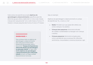 SAIBA MAIS
Para conhecer todos os objetivos de
aprendizagem e desenvolvimento
para cada grupo de faixa etária,
acesse esta apresentação sobre o
documento “Campos de Experiências:
efetivando direitos de aprendizagem
na educação infantil” ou veja o item
3.2 Os objetivos de aprendizagem
e desenvolvimento para a Educação
Infantil do texto na íntegra da Base
Nacional Comum Curricular.
Veja um exemplo:
Objetivos de aprendizagem e desenvolvimento no campo
de experiências “Eu, o outro e o nós”
•	 Bebês: Perceber que suas ações têm efeitos nas
outras crianças e nos adultos.
•	 Crianças bem pequenas: Demonstrar atitudes
de cuidado e solidariedade na interação com crianças
e adultos.
•	 Crianças pequenas: Demonstrar empatia pelos
outros, percebendo que as pessoas têm diferentes
sentimentos, necessidades e maneiras de pensar e agir.
Cada campo de experiências propõe objetivos de
aprendizagem e desenvolvimento específicos para três
diferentes grupos etários: bebês (de 0 a 1 ano e seis meses),
crianças bem pequenas (de 1 ano e sete meses a 3 anos e 11
meses) e crianças pequenas (de 4 anos a 5 anos e 11 meses).
1 0
1 _ B N C C N A E D U CAÇÃO I N FA N T I L 2 _ C U R R Í C U L O S 3 _ R E V I SÃO D O S P P P ’ S 4 _ F O R M AÇ ÃO C O N T I N UA DA
 