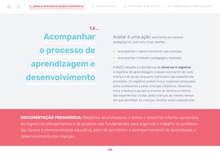 Acompanhar
o processo de
aprendizagem e
desenvolvimento
1.6
Avaliar é uma ação pertinente aos fazeres
pedagógicos, que inclui duas tarefas:
•	 acompanhar o desenvolvimento das crianças
•	 acompanhar o trabalho pedagógico realizado
A BNCC ressalta a importância de observar e registrar
a trajetória de aprendizagem e desenvolvimento de cada
criança e do grupo enquanto participam das experiências
propostas. Os registros podem incluir materiais produzidos
pelos professores e pelas crianças (relatórios, desenhos,
fotos e textos) e ajudam a mostrar às famílias a história
das experiências vividas pelas crianças ao mesmo tempo
em que permitem às crianças revisitar essas experiências.
DOCUMENTAÇÃO PEDAGÓGICA: Relatórios de professores e textos e desenhos infantis, acrescidos
ao registro do planejamentos e de projetos, são fundamentais para organizar o trabalho do professor,
dar clareza à intencionalidade educativa, além de permitirem o acompanhamento do aprendizado e
desenvolvimento das crianças.
1 4
1 _ B N C C N A E D U CAÇÃO I N FA N T I L 2 _ C U R R Í C U L O S 3 _ R E V I SÃO D O S P P P ’ S 4 _ F O R M AÇ ÃO C O N T I N UA DA
 
