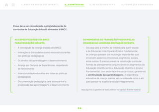 OS MOMENTOS DE TRANSIÇÃO VIVIDOS PELAS
CRIANÇAS AO LONGO DA EDUCAÇÃO INFANTIL
•	 Da casa para a creche, da creche para a pré-escola
e da Educação Infantil para o Ensino Fundamental,
as crianças passam por mudanças importantes que
envolvem aspectos emocionais, cognitivos, sociais,
entre outros. É preciso prever na construção curricular
formas de planejamento conjunto entre os segmentos da
Educação Infantil e entre a Educação infantil e o Ensino
Fundamental, com sintonia entre os currículos, garantindo
a continuidade das aprendizagens. A experiência
educativa da criança precisa ser considerada como o elo
para pensar na trajetória escolar integralmente.
Veja algumas sugestões de boas práticas no capítulo 4 deste material.
O que deve ser considerado, na (re)elaboração de
currículos de Educação Infantil alinhados à BNCC:
AS ESPECIFICIDADES DA BNCC
PARA EDUCAÇÃO INFANTIL
•	 A concepção de criança trazida pela BNCC
•	 Interações e brincadeiras como eixos estruturantes
das práticas pedagógicas
•	 Os direitos de aprendizagem e desenvolvimento
•	 Arranjo por Campos de Experiências, respeitando
as faixas etárias
•	 Intencionalidade educativa em todas as práticas
pedagógicas
•	 Documentação pedagógica para acompanhar a
progressão das aprendizagens e desenvolvimento
2 4
1 _ B N C C N A E D U C AÇ ÃO I N FA N T I L 2 _ C U R R Í C U L O S 3 _ R E V I SÃO D O S P P P ’ S 4 _ F O R M AÇ ÃO C O N T I N UA DA
 