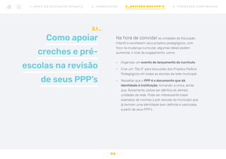 Como apoiar
creches e pré-
escolas na revisão
de seus PPP’s
3.1
Na hora de convidar as unidades de Educação
Infantil a revisitarem seus projetos pedagógicos, com
foco na mudança curricular, algumas ideias podem
aumentar o nível de engajamento, como:
•	 Organizar um evento de lançamento do currículo.
•	 Criar um “Dia D” para discussão dos Projetos Político
Pedagógicos em todas as escolas da rede municipal.
•	 Ressaltar que o PPP é o documento que dá
identidade à instituição, tornando-a única, ainda
que, fisicamente, possa ser idêntica às demais
unidades da rede. Pode ser interessante trazer
exemplos de creches e pré-escolas do município que
já tenham uma identidade bem definida e valorizada,
a partir de seus PPP’s.
2 6
1 _ B N C C N A E D U C AÇ ÃO I N FA N T I L 2 _ C U R R Í C U L O S 3 _ R E V I SÃO D O S P P P ’ S 4 _ F O R M AÇ ÃO C O N T I N UA DA
 