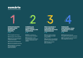 sumário
BNCC NA ESCOLA:
A REVISÃO DOS
PROJETOS POLÍTICO
PEDAGÓGICOS
p. 25
3.1 Como apoiar creches
e pré-escolas na revisão
de seus PPP’s
3.2 Indicadores de qualidade
do PPP na Educação Infantil
3.3 Materiais de apoio
para o professor
3
ESPECIFICIDADES
DA BNCC PARA
EDUCAÇÃO
INFANTIL
p. 05
1.1 Concepção de Criança
1.2 Interações e Brincadeiras
1.3 Direitos de Aprendizagem
e Desenvolvimento
1.4 Campos de Experiências
1.5 Intencionalidade educativa
1.6 Acompanhar o processo
de aprendizagem e
desenvolvimento
1 CURRÍCULOS
ALINHADOS À
BNCC: O PAPEL DOS
MUNICÍPIOS
p. 15
2.1 BNCC, currículo e a
autonomia dos municípios
2.2 Diagnóstico: como
os documentos curriculares
atuais se relacionam com
a BNCC
2 FORMAÇÃO
CONTINUADA: COMO
PLANEJAR E O QUE
ABORDAR
p. 35
4.1 Planejamento de uma
formação continuada de qualidade
4.2 O que abordar nas formações?
Sete sugestões de temas
4
 