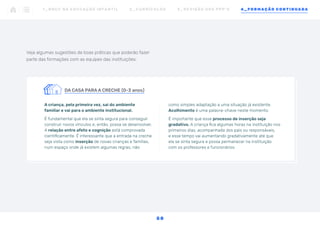 Veja algumas sugestões de boas práticas que poderão fazer
parte das formações com as equipes das instituições:
	
		
DA CASA PARA A CRECHE (0-3 anos)
A criança, pela primeira vez, sai do ambiente
familiar e vai para o ambiente institucional.
É fundamental que ela se sinta segura para conseguir
construir novos vínculos e, então, possa se desenvolver.
A relação entre afeto e cognição está comprovada
cientificamente. É interessante que a entrada na creche
seja vista como inserção de novas crianças e famílias,
num espaço onde já existem algumas regras; não
como simples adaptação a uma situação já existente.
Acolhimento é uma palavra-chave neste momento.
É importante que esse processo de inserção seja
gradativo. A criança fica algumas horas na instituição nos
primeiros dias, acompanhada dos pais ou responsáveis,
e esse tempo vai aumentando gradativamente até que
ela se sinta segura e possa permanecer na instituição
com os professores e funcionários.
1 _ B N C C N A E D U C AÇ ÃO I N FA N T I L 2 _ C U R R Í C U L O S 3 _ R E V I SÃO D O S P P P ’ S 4 _ F O R M AÇÃO C O N T I N UA DA
5 8
 
