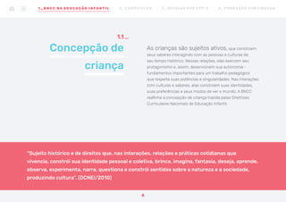 “Sujeito histórico e de direitos que, nas interações, relações e práticas cotidianas que
vivencia, constrói sua identidade pessoal e coletiva, brinca, imagina, fantasia, deseja, aprende,
observa, experimenta, narra, questiona e constrói sentidos sobre a natureza e a sociedade,
produzindo cultura”. (DCNEI/2010)
As crianças são sujeitos ativos, que constroem
seus saberes interagindo com as pessoas e culturas do
seu tempo histórico. Nessas relações, elas exercem seu
protagonismo e, assim, desenvolvem sua autonomia -
fundamentos importantes para um trabalho pedagógico
que respeita suas potências e singularidades. Nas interações
com culturas e saberes, elas constroem suas identidades,
suas preferências e seus modos de ver o mundo. A BNCC
reafirma a concepção de criança trazida pelas Diretrizes
Curriculares Nacionais de Educação Infantil:
Concepção de
criança
1.1
6
1 _ B N C C N A E D U CAÇÃO I N FA N T I L 2 _ C U R R Í C U L O S 3 _ R E V I SÃO D O S P P P ’ S 4 _ F O R M AÇ ÃO C O N T I N UA DA
 