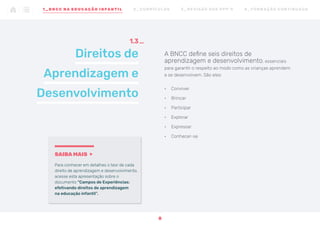 A BNCC define seis direitos de
aprendizagem e desenvolvimento, essenciais
para garantir o respeito ao modo como as crianças aprendem
e se desenvolvem. São eles:
•	 Conviver
•	 Brincar
•	 Participar
•	 Explorar
•	 Expressar
•	 Conhecer-se
Direitos de
Aprendizagem e
Desenvolvimento
1.3
SAIBA MAIS
Para conhecer em detalhes o teor de cada
direito de aprendizagem e desenvolvimento,
acesse esta apresentação sobre o
documento “Campos de Experiências:
efetivando direitos de aprendizagem
na educação infantil”.
8
1 _ B N C C N A E D U CAÇÃO I N FA N T I L 2 _ C U R R Í C U L O S 3 _ R E V I SÃO D O S P P P ’ S 4 _ F O R M AÇ ÃO C O N T I N UA DA
 