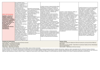 EM13CHS404
Identiﬁcar e discutir os
múltiplos aspectos do
trabalho em diferentes
circunstâncias e contextos
históricos e/ou geográﬁcos
e seus efeitos sobre as
gerações, em especial, os
jovens, levando em
consideração, na
atualidade, as
transformações técnicas,
tecnológicas e
informacionais.
Essa habilidade implica
perceber as características do
mundo do trabalho em
distintos contextos espaciais e
temporais; analisar as causas
e consequências das
transformações técnicas,
tecnológicas e informacionais
nas relações sociais em geral
e, em especial, nos efeitos
sobre as gerações futuras; e
conhecer as novas formas de
organização da produção, a
obsolescência de proﬁssões, a
ﬂexibilização do trabalho, o
acirramento de mecanismos
de exclusão, a relação
trabalho e lazer, a questão de
gênero e outras formas de
trabalho e renda.
Ao trabalhar essa habilidade,
está implícito o
desenvolvimento das
Competências Gerais 5, 6 e
10, que proporcionam ao
estudante oportunidades para
reﬂetir sobre o mundo do
trabalho, Projeto de Vida,
responsabilidade cidadã e
cultura digital. Esse conjunto
articulado de saberes auxilia
na produção de conhecimento
e informações para o
estudante resolver problemas
e exercer protagonismo e
autoria do seu Projeto de Vida.
População economicamente
ativa, a transição demográﬁca
e o envelhecimento. A
precarização do trabalho no
mundo globalizado: vínculos
informais de trabalho,
terceirização,
empreendedorismo e
multifuncionalidade. Trabalho:
diferentes signiﬁcados e
sentidos. O ócio e o lazer no
mundo do trabalho. Trabalhos
“invisíveis”: domésticos,
voluntários, imigrante,
trabalho para consumo próprio
(cultivo, pesca, caça, criação
de animais, artesanato etc.).
Proﬁssões “invisíveis”: gari,
faxineiro, sepultador, porteiro,
catadores de lixo reciclável
etc. Proﬁssões ameaçadas
pelo avanço das tecnologias e
os impactos da nova
conﬁguração do trabalho para
as gerações futuras.”
A História contribui no desenvolvimento dessa
habilidade ao reconhecer a diversidade e a
complexidade de sociedades e culturas em
diferentes tempos, destacando a situação dos
excluídos e dominados: indígenas, mulheres,
camponeses, escravos, miseráveis das
cidades e do campo etc.
A Geograﬁa contribui no desenvolvimento
dessa habilidade abordando a relação entre
transformações no mundo do trabalho e o
envelhecimento da população, suas novas
implicações para as gerações futuras e o uso
do território em decorrência dos novos
arranjos do mundo do trabalho.
A Sociologia contribui no desenvolvimento
dessa habilidade ao abordar diferentes visões
a respeito do trabalho. Ela implica a reﬂexão
sobre a sociedade capitalista industrial, o
aumento da produtividade, a racionalização e
o controle, bem como a ideologia do trabalho
na atualidade, a redução de jornadas e o
incentivo ao uso do tempo para o ócio e o
lazer.
A Filosoﬁa contribui no desenvolvimento
dessa ao desvendar a complexidade presente
e determinante nas relações homem-mundo e
estimular o entendimento das formas de
produção, bem como dos limites que se
impõem ao desenvolvimento da produção.
Comparar e analisar diferentes cidades, no
Brasil e no mundo, considerando o
envelhecimento da população frente a
demanda por ocupação de postos de trabalho.
Discutir a importância dos trabalhos e das
proﬁssões “invisíveis”, considerando sua
função na comunidade e avaliando o
preconceito que sofrem, com vistas à tomada
de consciência de empatia e respeito às
pessoas. Compreender as demandas, as
necessidades e o uso do tempo para o lazer, a
expressão artístico-cultural e o ócio na
atualidade. Compreender o caráter relacional
das principais determinações que integram a
realidade socioeconômica globalizada
contemporânea e explicitar os pressupostos e
implicações de natureza histórico-sociais
inscritas no desenvolvimento contemporâneo
do capitalismo.
É possível promover um circuito de atividades
para desenvolver as múltiplas inteligências
dos estudantes: a inteligência linguístico-
verbal, lógico-matemática, corporal-
cinestésica, visual-espacial, naturalista,
interpessoal e intrapessoal. É interessante
criar estações que permitam o trabalho com
as múltiplas inteligências, para que o
estudante perceba a necessidade do ócio, do
lazer e da cultura para a sua formação
integral. O circuito de atividades poderá
auxiliar o professor a negociar, mediar e se
relacionar com os estudantes para explorar a
comunicação, a argumentação e ampliar o
repertório cultural. Os temas para cada
estação do circuito podem ser sobre
envelhecimento, novas proﬁssões, situação
atual de exclusão de grupos sociais, entre
outros, utilizando em cada estação músicas,
obras de artes, mapas, ﬁlmes, entre outras
linguagens que expressem exclusões de
imigrantes, situação de descaso com idosos, a
questão da mulher, indígenas, negros, entre
outros. Esse projeto pode ser realizado em
parceria com as áreas de Ciências da
Natureza (Biologia) e Linguagens (Arte,
Educação Física e Língua Portuguesa).
Produção de Conhecimento Leituras críticas
Carolina Machado – Coordenadora da área de Ciências Humanas
Felipe Tarábola – Especialista de Sociologia
Joelza Domingues – Especialista de História
Sabina Maura – Especialista de Filosoﬁa
Valéria Roque – Especialista de Geograﬁa
Coordenação e equipe de redatores de Ciências Humanas do currículo do Ensino Médio do
Mato Grosso
Paulo Emílio de Castro Andrade – Especialista em Juventude, Projetos de Vida e Metodologias
Ativas de Aprendizagem.
Sônia Castellar – Especialista de Ciências Humanas
© 2020. Instituto Reúna. BNCC Comentada para o Ensino Médio. Todos os direitos reservados.
Os direitos autorais e de propriedade intelectual são de propriedade exclusiva do Instituto Reúna, estando protegidos pelas leis e tratados internacionais, vedada sua cópia e reprodução para ﬁns comerciais, ﬁcando os infratores
sujeitos às sanções civis e criminais correspondentes, nos termos das Leis nºs 9.279/96, 9.609/98 e 9.610/98. O usuário poderá utilizar os conteúdos disponibilizados pelo Instituto Reúna, desde que o uso seja para ﬁns não comerciais e
desde que seja devidamente indicada a autoria, a fonte e o logotipo do Instituto Reúna, sendo vedada a alteração e a comercialização dos referidos conteúdos, sem a prévia e expressa autorização do Instituto Reúna.
 