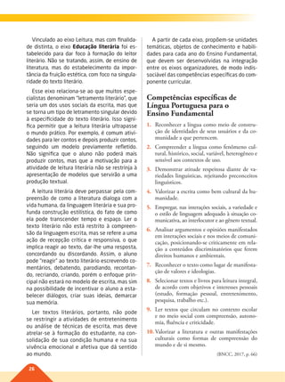 26
Vinculado ao eixo Leitura, mas com finalida-
de distinta, o eixo Educação literária foi es-
tabelecido para dar foco à formação do leitor
literário. Não se tratando, assim, de ensino de
literatura, mas do estabelecimento da impor-
tância da fruição estética, com foco na singula-
ridade do texto literário.
Esse eixo relaciona-se ao que muitos espe-
cialistas denominam “letramento literário”, que
seria um dos usos sociais da escrita, mas que
se torna um tipo de letramento singular devido
à especificidade do texto literário. Isso signi-
fica permitir que a leitura literária ultrapasse
o mundo prático. Por exemplo, é comum ativi-
dades para ler contos e depois produzir contos,
seguindo um modelo previamente refletido.
Não significa que o aluno não poderá mais
produzir contos, mas que a motivação para a
atividade de leitura literária não se restrinja à
apresentação de modelos que servirão a uma
produção textual.
A leitura literária deve perpassar pela com-
preensão de como a literatura dialoga com a
vida humana, da linguagem literária e sua pro-
funda construção estilística, do fato de como
ela pode transcender tempo e espaço. Ler o
texto literário não está restrito à compreen-
são da linguagem escrita, mas se refere a uma
ação de recepção crítica e responsiva, o que
implica reagir ao texto, dar-lhe uma resposta,
concordando ou discordando. Assim, o aluno
pode “reagir” ao texto literário escrevendo co-
mentários, debatendo, parodiando, recontan-
do, recriando, criando, porém o enfoque prin-
cipal não estará no modelo de escrita, mas sim
na possibilidade de incentivar o aluno a esta-
belecer diálogos, criar suas ideias, demarcar
sua memória.
Ler textos literários, portanto, não pode
se restringir a atividades de entretenimento
ou análise de técnicas de escrita, mas deve
atrelar-se à formação do estudante, na con-
solidação de sua condição humana e na sua
vivência emocional e afetiva que dá sentido
ao mundo.
A partir de cada eixo, propõem-se unidades
temáticas, objetos de conhecimento e habili-
dades para cada ano do Ensino Fundamental,
que devem ser desenvolvidas na integração
entre os eixos organizadores, de modo indis-
sociável das competências específicas do com-
ponente curricular.
Competências específicas de
Língua Portuguesa para o
Ensino Fundamental
1. Reconhecer a língua como meio de constru-
ção de identidades de seus usuários e da co-
munidade a que pertencem.
2. Compreender a língua como fenômeno cul-
tural, histórico, social, variável, heterogêneo e
sensível aos contextos de uso.
3. Demonstrar atitude respeitosa diante de va-
riedades linguísticas, rejeitando preconceitos
linguísticos.
4. Valorizar a escrita como bem cultural da hu-
manidade.
5. Empregar, nas interações sociais, a variedade e
o estilo de linguagem adequado à situação co-
municativa, ao interlocutor e ao gênero textual.
6. Analisar argumentos e opiniões manifestados
em interações sociais e nos meios de comuni-
cação, posicionando-se criticamente em rela-
ção a conteúdos discriminatórios que ferem
direitos humanos e ambientais.
7. Reconhecer o texto como lugar de manifesta-
ção de valores e ideologias.
8. Selecionar textos e livros para leitura integral,
de acordo com objetivos e interesses pessoais
(estudo, formação pessoal, entretenimento,
pesquisa, trabalho etc.).
9. Ler textos que circulam no contexto escolar
e no meio social com compreensão, autono-
mia, fluência e criticidade.
10. Valorizar a literatura e outras manifestações
culturais como formas de compreensão do
mundo e de si mesmo.
(BNCC, 2017, p. 66)
022-027-BNCC-PG-P-Generico-M17.indd 26 22/07/17 18:10
 