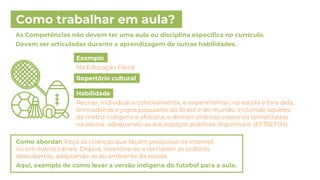 Como trabalhar em aula?
Como abordar: Peça às crianças que façam pesquisas na internet
ou em outros canais. Depois, incentive-as a recriarem as práticas
descobertas, adaptando-as ao ambiente da escola.
Aqui, exemplo de como levar a versão indígena do futebol para a aula.
Habilidade
Recriar, individual e coletivamente, e experimentar, na escola e fora dela,
brincadeiras e jogos populares do Brasil e do mundo, incluindo aqueles
de matriz indígena e africana, e demais práticas corporais tematizadas
na escola, adequando-as aos espaços públicos disponíveis. (EF35EF04)
Repertório cultural
As Competências não devem ter uma aula ou disciplina específica no currículo.
Devem ser articuladas durante a aprendizagem de outras habilidades.
Exemplo
Na Educação Física
 