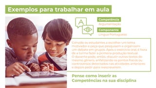 Exemplos para trabalhar em aula
Convide os estudantes a escolher um tema
motivador e peça que pesquisem e organizem
um debate em grupos. Após o exercício oral, é hora
de a turma fazer a primeira produção textual.
O docente pode, então, discutir outros textos do
mesmo gênero, enfatizando os pontos fracos ou
controversos detectados nas atividades anteriores
e depois pedir para reescreverem.
Pense como inserir as
Competências na sua disciplina
Componente
Língua Portuguesa
Competência
Argumentação
 