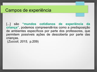 Campos de experiência
[...] são “mundos cotidianos de experiência da
criança”, podemos compreendê-los como a predisposição
de ambientes específicos por parte dos professores, que
permitem possíveis ações de descoberta por parte das
crianças.
(Zuccoli, 2015, p.209)
 