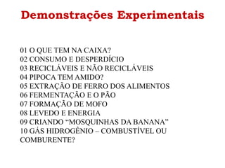 Demonstrações Experimentais
01 O QUE TEM NA CAIXA?
02 CONSUMO E DESPERDÍCIO
03 RECICLÁVEIS E NÃO RECICLÁVEIS
04 PIPOCA TEM AMIDO?
05 EXTRAÇÃO DE FERRO DOS ALIMENTOS
06 FERMENTAÇÃO E O PÃO
07 FORMAÇÃO DE MOFO
08 LEVEDO E ENERGIA
09 CRIANDO “MOSQUINHAS DA BANANA”
10 GÁS HIDROGÊNIO – COMBUSTÍVEL OU
COMBURENTE?
 