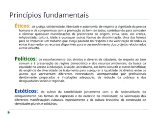 Princípios fundamentais
Éticos: de justiça, solidariedade, liberdade e autonomia; de respeito à dignidade da pessoa
humana e de compromisso com a promoção do bem de todos, contribuindo para combater
e eliminar quaisquer manifestações de preconceito de origem, etnia, sexo, cor, crença,
religiosidade, cultura, idade e quaisquer outras formas de discriminação. Uma das formas
para se implantar um trabalho que esteja pautado no respeito e na valorização de todas as
etnias é aumentar os recursos disponíveis para o desenvolvimento dos projetos relacionados
a esse assunto.
Políticos: de reconhecimento dos direitos e deveres de cidadania, de respeito ao bem
comum e à preservação do regime democrático e dos recursos ambientais; da busca da
equidade no acesso à educação, à saúde, ao trabalho, aos bens culturais e outros benefícios;
da exigência de diversidade de tratamento para assegurar a igualdade de direitos entre os
alunos que apresentam diferentes necessidades, acompanhados por profissionais
devidamente preparados e instalações adequadas; da redução da pobreza e das
desigualdades sociais e regionais.
Estéticos: do cultivo da sensibilidade juntamente com o da racionalidade; do
enriquecimento das formas de expressão e do exercício da criatividade; da valorização das
diferentes manifestações culturais, especialmente a da cultura brasileira; da construção de
identidades plurais e solidárias.
 
