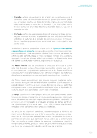 195
LINGUAGENS – ARTE
ENSINO FUNDAMENTAL
•	 
Fruição: refere-se ao deleite, ao prazer, ao estranhamento e à
abertura para se sensibilizar durante a participação em práti-
cas artísticas e culturais. Essa dimensão implica disponibilidade
dos sujeitos para a relação continuada com produções artís-
ticas e culturais oriundas das mais diversas épocas, lugares e
grupos sociais.
•	 Reflexão: refere-se ao processo de construir argumentos e ponde-
rações sobre as fruições, as experiências e os processos criativos,
artísticos e culturais. É a atitude de perceber, analisar e interpre-
tar as manifestações artísticas e culturais, seja como criador, seja
como leitor.
A referência a essas dimensões busca facilitar o processo de ensino
e aprendizagem em Arte, integrando os conhecimentos do compo-
nente curricular. Uma vez que os conhecimentos e as experiências
artísticas são constituídos por materialidades verbais e não verbais,
sensíveis, corporais, visuais, plásticas e sonoras, é importante levar
em conta sua natureza vivencial, experiencial e subjetiva.
As Artes visuais são os processos e produtos artísticos e cultu-
rais, nos diversos tempos históricos e contextos sociais, que têm a
expressão visual como elemento de comunicação. Essas manifesta-
ções resultam de explorações plurais e transformações de materiais,
de recursos tecnológicos e de apropriações da cultura cotidiana.
As Artes visuais possibilitam aos alunos explorar múltiplas cultu-
ras visuais, dialogar com as diferenças e conhecer outros espaços e
possibilidades inventivas e expressivas, de modo a ampliar os limites
escolares e criar novas formas de interação artística e de produção
cultural, sejam elas concretas, sejam elas simbólicas.
A Dança se constitui como prática artística pelo pensamento e sen-
timento do corpo, mediante a articulação dos processos cognitivos
e das experiências sensíveis implicados no movimento dançado. Os
processos de investigação e produção artística da dança centram-
-se naquilo que ocorre no e pelo corpo, discutindo e significando
relações entre corporeidade e produção estética.
Ao articular os aspectos sensíveis, epistemológicos e formais do
movimento dançado ao seu próprio contexto, os alunos proble-
matizam e transformam percepções acerca do corpo e da dança,
por meio de arranjos que permitem novas visões de si e do mundo.
Eles têm, assim, a oportunidade de repensar dualidades e binômios
(corpo versus mente, popular versus erudito, teoria versus prática),
em favor de um conjunto híbrido e dinâmico de práticas.
 