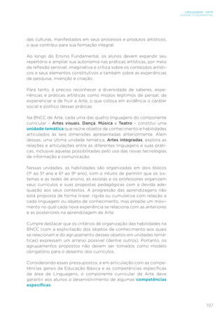 197
LINGUAGENS – ARTE
ENSINO FUNDAMENTAL
das culturas, manifestados em seus processos e produtos artísticos,
o que contribui para sua formação integral.
Ao longo do Ensino Fundamental, os alunos devem expandir seu
repertório e ampliar sua autonomia nas práticas artísticas, por meio
da reflexão sensível, imaginativa e crítica sobre os conteúdos artísti-
cos e seus elementos constitutivos e também sobre as experiências
de pesquisa, invenção e criação.
Para tanto, é preciso reconhecer a diversidade de saberes, expe-
riências e práticas artísticas como modos legítimos de pensar, de
experienciar e de fruir a Arte, o que coloca em evidência o caráter
social e político dessas práticas.
Na BNCC de Arte, cada uma das quatro linguagens do componente
curricular – Artes visuais, Dança, Música e Teatro – constitui uma
unidade temática que reúne objetos de conhecimento e habilidades
articulados às seis dimensões apresentadas anteriormente. Além
dessas, uma última unidade temática, Artes integradas, explora as
relações e articulações entre as diferentes linguagens e suas práti-
cas, inclusive aquelas possibilitadas pelo uso das novas tecnologias
de informação e comunicação.
Nessas unidades, as habilidades são organizadas em dois blocos
(1º ao 5º ano e 6º ao 9º ano), com o intuito de permitir que os sis-
temas e as redes de ensino, as escolas e os professores organizem
seus currículos e suas propostas pedagógicas com a devida ade-
quação aos seus contextos. A progressão das aprendizagens não
está proposta de forma linear, rígida ou cumulativa com relação a
cada linguagem ou objeto de conhecimento, mas propõe um movi-
mento no qual cada nova experiência se relaciona com as anteriores
e as posteriores na aprendizagem de Arte.
Cumpre destacar que os critérios de organização das habilidades na
BNCC (com a explicitação dos objetos de conhecimento aos quais
se relacionam e do agrupamento desses objetos em unidades temá-
ticas) expressam um arranjo possível (dentre outros). Portanto, os
agrupamentos propostos não devem ser tomados como modelo
obrigatório para o desenho dos currículos.
Considerando esses pressupostos, e em articulação com as compe-
tências gerais da Educação Básica e as competências específicas
da área de Linguagens, o componente curricular de Arte deve
garantir aos alunos o desenvolvimento de algumas competências
específicas.
 