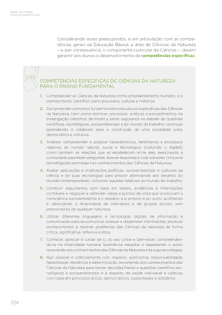 324
BASE NACIONAL
COMUM CURRICULAR
COMPETÊNCIAS ESPECÍFICAS DE CIÊNCIAS DA NATUREZA
PARA O ENSINO FUNDAMENTAL
1.	 Compreender as Ciências da Natureza como empreendimento humano, e o
conhecimento científico como provisório, cultural e histórico.
2.	 Compreender conceitos fundamentais e estruturas explicativas das Ciências
da Natureza, bem como dominar processos, práticas e procedimentos da
investigação científica, de modo a sentir segurança no debate de questões
científicas, tecnológicas, socioambientais e do mundo do trabalho, continuar
aprendendo e colaborar para a construção de uma sociedade justa,
democrática e inclusiva.
3.	 Analisar, compreender e explicar características, fenômenos e processos
relativos ao mundo natural, social e tecnológico (incluindo o digital),
como também as relações que se estabelecem entre eles, exercitando a
curiosidade para fazer perguntas, buscar respostas e criar soluções (inclusive
tecnológicas) com base nos conhecimentos das Ciências da Natureza.
4.	 Avaliar aplicações e implicações políticas, socioambientais e culturais da
ciência e de suas tecnologias para propor alternativas aos desafios do
mundo contemporâneo, incluindo aqueles relativos ao mundo do trabalho.
5.	 Construir argumentos com base em dados, evidências e informações
confiáveis e negociar e defender ideias e pontos de vista que promovam a
consciência socioambiental e o respeito a si próprio e ao outro, acolhendo
e valorizando a diversidade de indivíduos e de grupos sociais, sem
preconceitos de qualquer natureza.
6.	 Utilizar diferentes linguagens e tecnologias digitais de informação e
comunicação para se comunicar, acessar e disseminar informações, produzir
conhecimentos e resolver problemas das Ciências da Natureza de forma
crítica, significativa, reflexiva e ética.
7.	 Conhecer, apreciar e cuidar de si, do seu corpo e bem-estar, compreenden-
do-se na diversidade humana, fazendo-se respeitar e respeitando o outro,
recorrendo aos conhecimentos das Ciências da Natureza e às suas tecnologias.
8.	 Agir pessoal e coletivamente com respeito, autonomia, responsabilidade,
flexibilidade, resiliência e determinação, recorrendo aos conhecimentos das
Ciências da Natureza para tomar decisões frente a questões científico-tec-
nológicas e socioambientais e a respeito da saúde individual e coletiva,
com base em princípios éticos, democráticos, sustentáveis e solidários.
Considerando esses pressupostos, e em articulação com as compe-
tências gerais da Educação Básica, a área de Ciências da Natureza
– e, por consequência, o componente curricular de Ciências –, devem
garantir aos alunos o desenvolvimento de competências específicas.
 