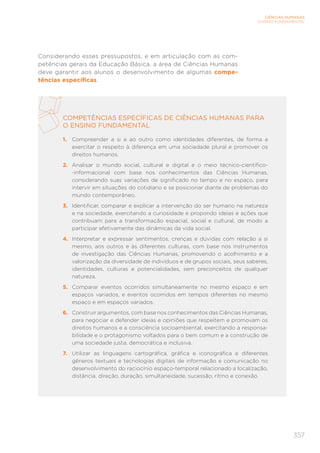 357
CIÊNCIAS HUMANAS
ENSINO FUNDAMENTAL
Considerando esses pressupostos, e em articulação com as com-
petências gerais da Educação Básica, a área de Ciências Humanas
deve garantir aos alunos o desenvolvimento de algumas compe-
tências específicas.
COMPETÊNCIAS ESPECÍFICAS DE CIÊNCIAS HUMANAS PARA
O ENSINO FUNDAMENTAL
1.	 Compreender a si e ao outro como identidades diferentes, de forma a
exercitar o respeito à diferença em uma sociedade plural e promover os
direitos humanos.
2.	 Analisar o mundo social, cultural e digital e o meio técnico-científico-
-informacional com base nos conhecimentos das Ciências Humanas,
considerando suas variações de significado no tempo e no espaço, para
intervir em situações do cotidiano e se posicionar diante de problemas do
mundo contemporâneo.
3.	 Identificar, comparar e explicar a intervenção do ser humano na natureza
e na sociedade, exercitando a curiosidade e propondo ideias e ações que
contribuam para a transformação espacial, social e cultural, de modo a
participar efetivamente das dinâmicas da vida social.
4.	 Interpretar e expressar sentimentos, crenças e dúvidas com relação a si
mesmo, aos outros e às diferentes culturas, com base nos instrumentos
de investigação das Ciências Humanas, promovendo o acolhimento e a
valorização da diversidade de indivíduos e de grupos sociais, seus saberes,
identidades, culturas e potencialidades, sem preconceitos de qualquer
natureza.
5.	 Comparar eventos ocorridos simultaneamente no mesmo espaço e em
espaços variados, e eventos ocorridos em tempos diferentes no mesmo
espaço e em espaços variados.
6.	 Construir argumentos, com base nos conhecimentos das Ciências Humanas,
para negociar e defender ideias e opiniões que respeitem e promovam os
direitos humanos e a consciência socioambiental, exercitando a responsa-
bilidade e o protagonismo voltados para o bem comum e a construção de
uma sociedade justa, democrática e inclusiva.
7.	 Utilizar as linguagens cartográfica, gráfica e iconográfica e diferentes
gêneros textuais e tecnologias digitais de informação e comunicação no
desenvolvimento do raciocínio espaço-temporal relacionado a localização,
distância, direção, duração, simultaneidade, sucessão, ritmo e conexão.
 