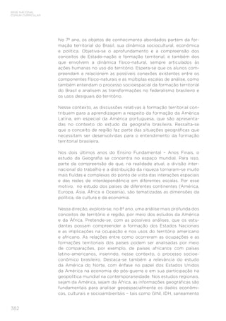 BASE NACIONAL
COMUM CURRICULAR
382
No 7º ano, os objetos de conhecimento abordados partem da for-
mação territorial do Brasil, sua dinâmica sociocultural, econômica
e política. Objetiva-se o aprofundamento e a compreensão dos
conceitos de Estado-nação e formação territorial, e também dos
que envolvem a dinâmica físico-natural, sempre articulados às
ações humanas no uso do território. Espera-se que os alunos com-
preendam e relacionem as possíveis conexões existentes entre os
componentes físico-naturais e as múltiplas escalas de análise, como
também entendam o processo socioespacial da formação territorial
do Brasil e analisem as transformações no federalismo brasileiro e
os usos desiguais do território.
Nesse contexto, as discussões relativas à formação territorial con-
tribuem para a aprendizagem a respeito da formação da América
Latina, em especial da América portuguesa, que são apresenta-
das no contexto do estudo da geografia brasileira. Ressalta-se
que o conceito de região faz parte das situações geográficas que
necessitam ser desenvolvidas para o entendimento da formação
territorial brasileira.
Nos dois últimos anos do Ensino Fundamental – Anos Finais, o
estudo da Geografia se concentra no espaço mundial. Para isso,
parte da compreensão de que, na realidade atual, a divisão inter-
nacional do trabalho e a distribuição da riqueza tornaram-se muito
mais fluídas e complexas do ponto de vista das interações espaciais
e das redes de interdependência em diferentes escalas. Por esse
motivo, no estudo dos países de diferentes continentes (América,
Europa, Ásia, África e Oceania), são tematizadas as dimensões da
política, da cultura e da economia.
Nessa direção, explora-se, no 8º ano, uma análise mais profunda dos
conceitos de território e região, por meio dos estudos da América
e da África. Pretende-se, com as possíveis análises, que os estu-
dantes possam compreender a formação dos Estados Nacionais
e as implicações na ocupação e nos usos do território americano
e africano. As relações entre como ocorreram as ocupações e as
formações territoriais dos países podem ser analisadas por meio
de comparações, por exemplo, de países africanos com países
latino-americanos, inserindo, nesse contexto, o processo socioe-
conômico brasileiro. Destaca-se também a relevância do estudo
da América do Norte, com ênfase no papel dos Estados Unidos
da América na economia do pós-guerra e em sua participação na
geopolítica mundial na contemporaneidade. Nos estudos regionais,
sejam da América, sejam da África, as informações geográficas são
fundamentais para analisar geoespacialmente os dados econômi-
cos, culturais e socioambientais – tais como GINI, IDH, saneamento
 